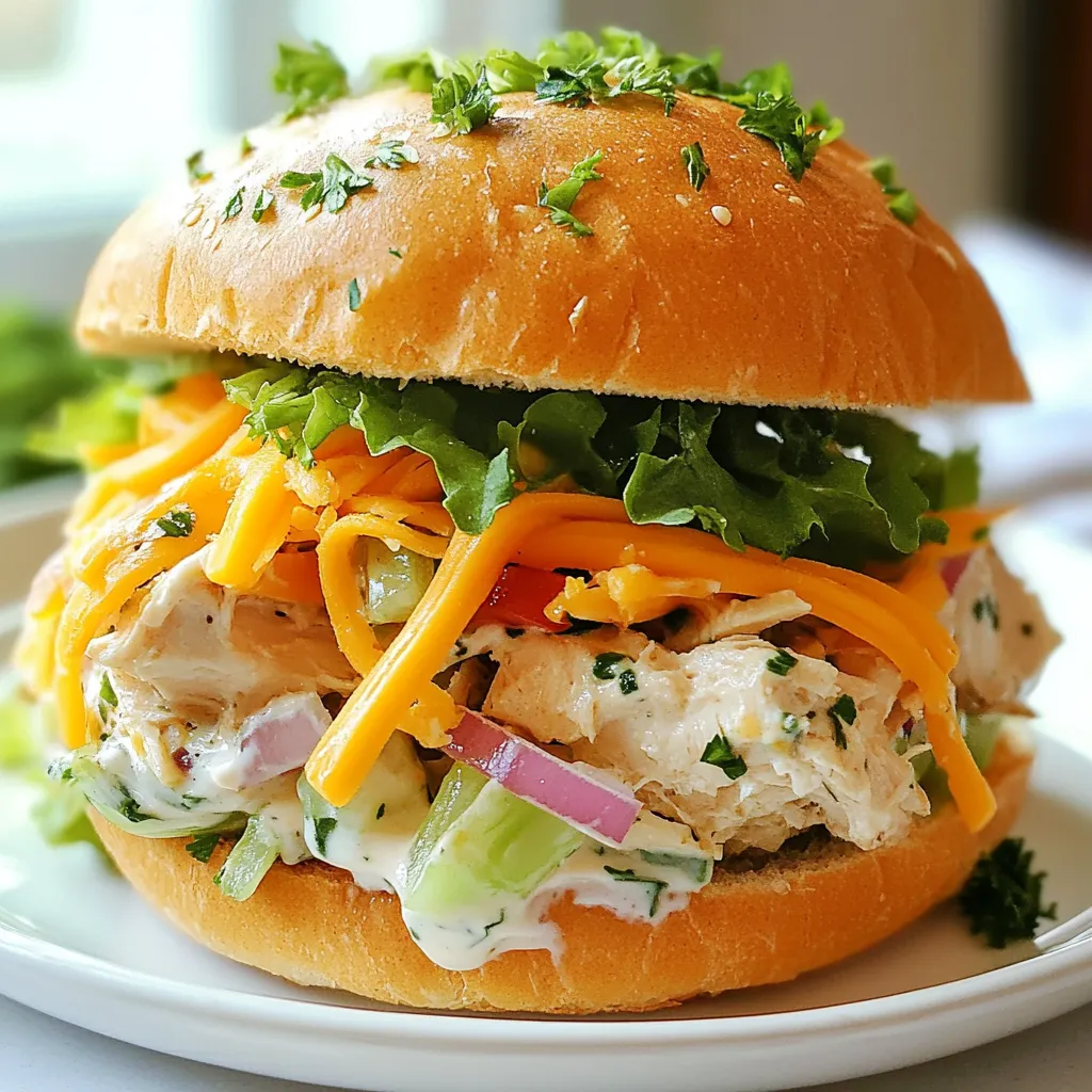 To make the Chopped Chicken Ranch Sandwich, you need these tasty items: - 2 cups cooked chicken, chopped - 1/2 cup ranch dressing - 1/4 cup Greek yogurt - 1/2 cup celery, diced - 1/2 cup red onion, finely chopped - 1 cup shredded lettuce - 1 cup sliced tomatoes - 1 cup shredded cheddar cheese - 4 whole grain sandwich rolls or hero bread - Salt and pepper to taste - Fresh parsley for garnish These ingredients create a mix of flavors. The ranch dressing gives a creamy taste, while the chicken adds protein. You can swap some ingredients to fit your taste or needs: - Use shredded rotisserie chicken for quick prep. - Greek yogurt can be replaced with sour cream for a different tang. - If you want less crunch, skip the celery. - You can use any bread type, like ciabatta or baguette. - For a lighter option, try low-fat ranch dressing or yogurt. These choices let you personalize your sandwich. For the best taste, I recommend these brands: - Use Hidden Valley or Kraft for ranch dressing. - Fage or Chobani offer great Greek yogurt options. - Look for fresh, local produce for celery, onions, and tomatoes. - Choose Tillamook or Cabot for flavorful cheddar cheese. - For bread, I like Arnold or Dave's Killer Bread for whole grain rolls. These brands give quality that enhances your sandwich! {{ingredient_image_1}} To start, gather all your ingredients. You need: - 2 cups cooked chicken, chopped - 1/2 cup ranch dressing - 1/4 cup Greek yogurt - 1/2 cup celery, diced - 1/2 cup red onion, finely chopped - 1 cup shredded lettuce - 1 cup sliced tomatoes - 1 cup shredded cheddar cheese - 4 whole grain sandwich rolls - Salt and pepper to taste - Fresh parsley for garnish In a large bowl, mix the chopped chicken, ranch dressing, Greek yogurt, diced celery, and red onion. Stir well until everything is coated. Next, add salt and pepper to taste. Make sure to adjust for your flavor. This recipe is simple and quick. You don't need advanced cooking skills. The key is to use cooked chicken. You can use leftovers, rotisserie chicken, or boil your own chicken. The goal is to have evenly chopped pieces. This helps the flavors blend well. If you want more flavor, you can grill or sauté the chicken with spices before chopping it. This adds a nice touch. However, for ease, cooked chicken works just fine. Now it's time to put everything together. Take your whole grain rolls and slice them in half. If you like, toast the rolls for extra crunch. On the bottom half, add a hearty scoop of the chicken mixture. Be generous! Then layer on shredded lettuce, sliced tomatoes, and shredded cheddar cheese. Finally, place the top half of the roll on the sandwich. Press down gently to compact it a little. If you want, slice the sandwiches in half for easier eating. Garnish each sandwich with freshly chopped parsley to make it pop visually. Serve with pickle spears and some extra ranch dressing for dipping. Enjoy! To make the chicken mixture pop, use freshly cooked chicken. You can shred or chop it, but make sure it’s tender. The ranch dressing adds creaminess and flavor. Mix in Greek yogurt for a nice touch. It makes the filling rich without being too heavy. Add diced celery for crunch and red onion for a bite. Balance salt and pepper to your taste. This mixture should be flavorful and moist, but not soggy. Toasting your bread makes a big difference. It adds a nice crunch that contrasts with the soft filling. Use whole grain rolls or hero bread for a nutty taste. Slice them in half, then toast them lightly. You can use a toaster or a skillet. Just watch them closely so they don't burn. A little golden color is all you need for the best texture. Presentation matters, even for a simple sandwich. Serve your chopped chicken ranch sandwich on a wooden cutting board. This adds a rustic touch. You can add pickle spears on the side for a tangy crunch. A small bowl of extra ranch dressing makes a great dip. Finally, garnish with fresh parsley for a pop of color. It makes the dish look fresh and inviting. Pro Tips Use Rotisserie Chicken: For a quicker option, use store-bought rotisserie chicken. It saves time and adds great flavor! Customize Your Dressing: Feel free to experiment with different flavors of ranch dressing or add herbs to the mixture for an extra kick. Add Crunch: Consider adding ingredients like sliced cucumbers or crispy bacon for an added crunch and flavor contrast. Make It Ahead: This chicken mixture can be prepared a day in advance and stored in the fridge, making it a perfect meal prep option! {{image_2}} Want to add some heat? Try a spicy version! You can mix in hot sauce or diced jalapeños into the chicken mixture. Start with a small amount, then taste and adjust. This adds a nice kick without overpowering the ranch flavor. You can also use spicy ranch dressing for extra zing. This twist makes the sandwich exciting and perfect for spice lovers. If you want a lighter meal, swap regular ranch dressing for a low-fat version. You can also use plain Greek yogurt instead of mayonnaise. This keeps the sandwich creamy but cuts calories. Use lean chicken breasts to reduce fat. Adding more veggies, like spinach or bell peppers, boosts nutrients without adding many calories. These changes keep the meal tasty and healthy. For a veggie take, replace chicken with chickpeas or tofu. Mash the chickpeas or crumble the tofu, then mix with ranch dressing and yogurt. You can also add diced avocado for creaminess. Use a vegan ranch dressing to ensure it is plant-based. Load up on fresh veggies, like cucumbers and sprouts, for crunch. This gives you a satisfying and filling sandwich without meat. To keep your chopped chicken ranch sandwich fresh, store it properly. Place any leftover sandwich in an airtight container. This helps prevent moisture loss and keeps the flavors intact. If you have extra filling, you can store it separately. Keep it in the fridge for up to three days. Remember to let it cool before sealing. If you want to save the sandwich for later, freezing is a great option. First, wrap each sandwich tightly in plastic wrap. Then, place the wrapped sandwiches in a freezer bag. Remove as much air as possible before sealing. You can freeze the sandwich for up to three months. For best taste, freeze only the filling if you plan to toast the bread fresh. When you're ready to enjoy your sandwich again, reheating is simple. If you froze the sandwich, let it thaw in the fridge overnight. To reheat, use an oven or toaster oven. Preheat the oven to 350°F (175°C) and bake for about 10-15 minutes. This keeps the bread crunchy and the filling warm. If using a microwave, heat for 30 seconds to 1 minute, checking often to avoid sogginess. Enjoy your delicious sandwich! Yes, you can use rotisserie chicken. It saves time and adds great flavor. Just remove the skin and shred the meat. Mix it with the ranch dressing and yogurt as you would with cooked chicken. This method makes the sandwich quick and easy. Whole grain sandwich rolls are best. They add a nutty taste and hold up well. Hero bread also works great for a larger sandwich. Both options give a sturdy base for all the tasty filling. The filling lasts about three days in the fridge. Store it in an airtight container. Make sure to keep it cold. If you want to enjoy it later, just mix it again before serving. You learned how to make a great chopped chicken ranch sandwich. We covered the key ingredients, cooking steps, and helpful tips to get it just right. Plus, we explored fun variations and storage methods. Remember, you can tweak this recipe to fit your taste. Don't hesitate to make it your own! With a bit of practice, you’ll create a tasty dish every time. Enjoy making and sharing this sandwich with friends and family!