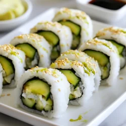 - 1 cup sushi rice - 1 ½ cups water - 2 tablespoons rice vinegar - 1 tablespoon sugar - 1 teaspoon salt - 1 large cucumber, cut into thin strips - 1 ripe avocado, sliced into strips - 4 sheets nori (seaweed) - Soy sauce, for dipping - Pickled ginger, for serving (optional) - Sesame seeds, for garnish (optional) To make easy avocado cucumber sushi rolls, I love using fresh ingredients. The sushi rice is the star of the dish. It gives the rolls their sticky texture. Rinsing it well removes extra starch. This step is key for perfect sushi. The cucumber and avocado add crunch and creaminess. I prefer ripe avocado for the best flavor. The nori sheets hold everything together. They also add a nice umami taste. I use rice vinegar, sugar, and salt to season the rice. This mix gives the rice a sweet and tangy flavor. You can adjust the sugar to your taste. For dipping, I recommend soy sauce. It pairs well with the fresh veggies. Pickled ginger adds a nice zing, but it's optional. These ingredients are simple to find. You can get them at most grocery stores. This recipe is great for a quick meal or a fun cooking night. {{ingredient_image_1}} 1. Rinsing the sushi rice: Start by rinsing 1 cup of sushi rice under cold water. Keep rinsing until the water runs clear. This step helps remove extra starch and makes the rice less sticky. 2. Cooking the rice: Next, combine the rinsed rice with 1 ½ cups of water in a saucepan. Bring it to a boil. Once it boils, reduce the heat to low and cover it. Let it simmer for about 15 minutes or until the rice is tender and the water is gone. 3. Preparing the vinegar mixture: While the rice cooks, mix 2 tablespoons of rice vinegar, 1 tablespoon of sugar, and 1 teaspoon of salt in a small bowl. Stir until the sugar and salt dissolve. When your rice is done, transfer it to a large bowl and gently fold in the vinegar mixture. Let the rice cool to room temperature. 1. Setting up the sushi mat: Place a bamboo sushi mat on a flat surface. Lay a sheet of nori, shiny side down, on the mat. This is your base for the sushi. 2. Spreading sushi rice on nori: Wet your hands to avoid sticking. Grab about ½ cup of sushi rice and evenly spread it over the nori. Leave about 1 inch of space at the top edge. This will help seal the roll later. 3. Adding cucumber and avocado: Take thin strips of cucumber and avocado. Lay them horizontally across the center of the rice-covered nori. You can adjust the amount based on your taste. 1. Rolling technique using bamboo mat: Carefully roll the sushi away from you. Use the bamboo mat to keep the roll tight. Press gently but firmly as you roll. Ensure the filling stays inside. 2. Cutting the sushi rolls: Once you finish rolling, use a sharp, wet knife to slice the sushi into bite-sized pieces. Aim for about 6 to 8 pieces per roll. Wetting the knife helps prevent sticking. Repeat the process with the remaining ingredients to make more rolls. Enjoy your sushi with soy sauce, pickled ginger, and sesame seeds for garnish! Preventing rice from sticking Wet your hands before handling the sushi rice. This simple step helps keep the rice from sticking to your fingers. You can also lightly wet the bamboo mat. A damp mat makes rolling easier. Achieving the right pressure while rolling When you roll the sushi, use firm but gentle pressure. Too much force can crush the ingredients. Aim to keep a tight roll without squishing. If you feel the roll loosening, pause and adjust your grip. This balance makes a beautiful sushi roll. Pairing with dipping sauces Soy sauce is a classic choice for sushi. You can also try spicy mayo for a kick. A little wasabi adds heat. Use small bowls for dipping. This makes it easy for everyone to enjoy. Additional toppings for presentation To make your sushi more appealing, sprinkle sesame seeds on top. A few slices of pickled ginger add color and flavor. You can also add fresh herbs like cilantro for a pop of green. These toppings not only look good but also enhance the taste. Pro Tips Rinse the Rice: Always rinse sushi rice thoroughly to remove excess starch, resulting in a less sticky and more flavorful texture. Cool the Rice: After mixing in the vinegar, allow the rice to cool to room temperature before handling. This helps maintain the integrity of the rice. Keep It Tight: When rolling the sushi, use gentle but firm pressure to keep the roll tight. This prevents the filling from falling out while slicing. Sharp Knife: Use a sharp, wet knife to slice the rolls. This ensures clean cuts and prevents the rice from sticking to the blade. {{image_2}} You can change the veggies in your sushi rolls. Try using carrots, bell peppers, or radishes. They add crunch and color. You can also switch the avocado for creamy hummus for a unique twist. For protein, you can add tofu or crab. Tofu works well when marinated in soy sauce or sesame oil. If you like seafood, crab adds a nice flavor. Just make sure to use fresh ingredients for the best taste. Sushi comes in many styles. One fun option is temaki, or hand rolls. You just fill the nori with rice, veggies, and protein, then roll it into a cone shape. It’s great for a quick snack or a fun meal with friends. Another style is uramaki, or inside-out rolls. For these, you put the rice on the outside. It’s a bit tricky but makes for a beautiful presentation. You can sprinkle sesame seeds on top for some extra flair. To keep your sushi fresh, follow these steps: - Store sushi in an airtight container. - Place parchment paper between layers to avoid sticking. - Keep sushi in the fridge for up to 24 hours. Using the right container helps maintain texture. Glass or plastic containers work well. Avoid using metal, as it can change the taste of the sushi. For sushi, reheating isn't common. Sushi is best when served cold. However, if you want to warm it, follow these tips: - Use a microwave with a low power setting. - Heat for 10-15 seconds at a time. - Avoid overheating to keep the texture. If you prefer cold sushi, simply take it out of the fridge and enjoy. Cold sushi is refreshing and keeps the flavors intact. To make sushi rice sticky, rinse it well. This removes excess starch. Rinse until the water runs clear. After rinsing, cook your rice in a pot. Use 1 cup of sushi rice and 1.5 cups of water. Bring it to a boil. Then, reduce the heat and cover. Let it simmer for about 15 minutes. When done, mix in a vinegar mixture for flavor and stickiness. Yes, you can! Get creative with your sushi rolls. Try adding carrots, bell peppers, or even cooked shrimp. You can also use cream cheese or spicy mayo for a different taste. The key is to keep the filling fresh and colorful. Mix different textures and flavors for fun combinations. To slice sushi rolls, use a sharp knife. Wet the knife to prevent sticking. Cut the roll into 6 to 8 pieces. Use a gentle sawing motion, not a press down. This keeps the filling inside and makes clean cuts. Always slice with a steady hand for best results. You can store sushi in the fridge for up to 24 hours. Keep it in an airtight container. If the sushi has fish, eat it sooner. Freshness is key for taste. Always check for any odd smells or textures before eating sushi that has been stored. Making sushi at home is fun and rewarding. We covered key ingredients like sushi rice, nori, and fresh veggies. You learned step-by-step instructions for preparing rice, rolling sushi, and slicing it perfectly. Tips helped you avoid common mistakes, and variations opened doors to creativity. Lastly, storage tips ensure your sushi stays fresh. With practice, you’ll impress friends and family with your delicious rolls. Enjoy this tasty journey and have fun experimenting with different flavors and styles.