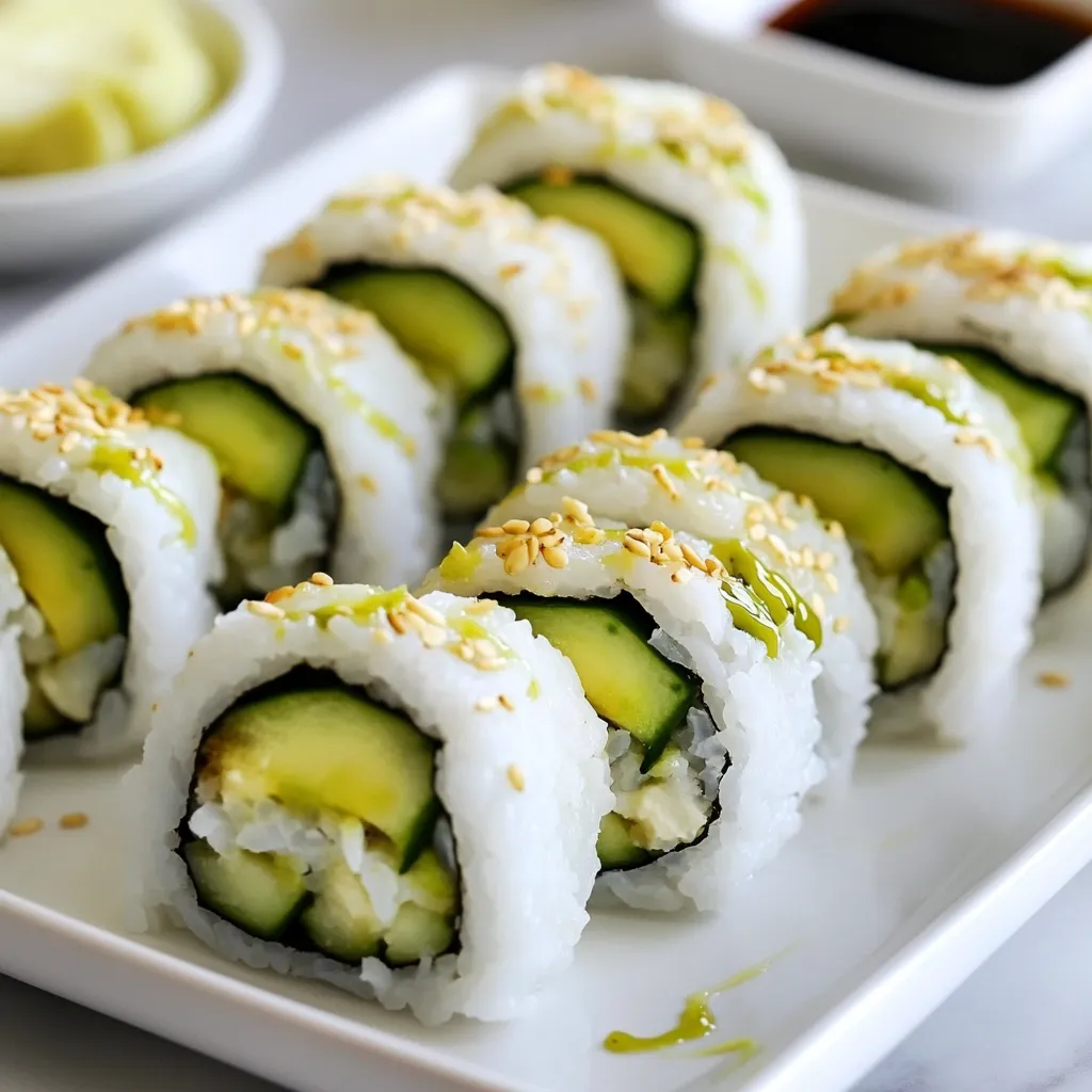- 1 cup sushi rice - 1 ½ cups water - 2 tablespoons rice vinegar - 1 tablespoon sugar - 1 teaspoon salt - 1 large cucumber, cut into thin strips - 1 ripe avocado, sliced into strips - 4 sheets nori (seaweed) - Soy sauce, for dipping - Pickled ginger, for serving (optional) - Sesame seeds, for garnish (optional) To make easy avocado cucumber sushi rolls, I love using fresh ingredients. The sushi rice is the star of the dish. It gives the rolls their sticky texture. Rinsing it well removes extra starch. This step is key for perfect sushi. The cucumber and avocado add crunch and creaminess. I prefer ripe avocado for the best flavor. The nori sheets hold everything together. They also add a nice umami taste. I use rice vinegar, sugar, and salt to season the rice. This mix gives the rice a sweet and tangy flavor. You can adjust the sugar to your taste. For dipping, I recommend soy sauce. It pairs well with the fresh veggies. Pickled ginger adds a nice zing, but it's optional. These ingredients are simple to find. You can get them at most grocery stores. This recipe is great for a quick meal or a fun cooking night. {{ingredient_image_1}} 1. Rinsing the sushi rice: Start by rinsing 1 cup of sushi rice under cold water. Keep rinsing until the water runs clear. This step helps remove extra starch and makes the rice less sticky. 2. Cooking the rice: Next, combine the rinsed rice with 1 ½ cups of water in a saucepan. Bring it to a boil. Once it boils, reduce the heat to low and cover it. Let it simmer for about 15 minutes or until the rice is tender and the water is gone. 3. Preparing the vinegar mixture: While the rice cooks, mix 2 tablespoons of rice vinegar, 1 tablespoon of sugar, and 1 teaspoon of salt in a small bowl. Stir until the sugar and salt dissolve. When your rice is done, transfer it to a large bowl and gently fold in the vinegar mixture. Let the rice cool to room temperature. 1. Setting up the sushi mat: Place a bamboo sushi mat on a flat surface. Lay a sheet of nori, shiny side down, on the mat. This is your base for the sushi. 2. Spreading sushi rice on nori: Wet your hands to avoid sticking. Grab about ½ cup of sushi rice and evenly spread it over the nori. Leave about 1 inch of space at the top edge. This will help seal the roll later. 3. Adding cucumber and avocado: Take thin strips of cucumber and avocado. Lay them horizontally across the center of the rice-covered nori. You can adjust the amount based on your taste. 1. Rolling technique using bamboo mat: Carefully roll the sushi away from you. Use the bamboo mat to keep the roll tight. Press gently but firmly as you roll. Ensure the filling stays inside. 2. Cutting the sushi rolls: Once you finish rolling, use a sharp, wet knife to slice the sushi into bite-sized pieces. Aim for about 6 to 8 pieces per roll. Wetting the knife helps prevent sticking. Repeat the process with the remaining ingredients to make more rolls. Enjoy your sushi with soy sauce, pickled ginger, and sesame seeds for garnish! Preventing rice from sticking Wet your hands before handling the sushi rice. This simple step helps keep the rice from sticking to your fingers. You can also lightly wet the bamboo mat. A damp mat makes rolling easier. Achieving the right pressure while rolling When you roll the sushi, use firm but gentle pressure. Too much force can crush the ingredients. Aim to keep a tight roll without squishing. If you feel the roll loosening, pause and adjust your grip. This balance makes a beautiful sushi roll. Pairing with dipping sauces Soy sauce is a classic choice for sushi. You can also try spicy mayo for a kick. A little wasabi adds heat. Use small bowls for dipping. This makes it easy for everyone to enjoy. Additional toppings for presentation To make your sushi more appealing, sprinkle sesame seeds on top. A few slices of pickled ginger add color and flavor. You can also add fresh herbs like cilantro for a pop of green. These toppings not only look good but also enhance the taste. Pro Tips Rinse the Rice: Always rinse sushi rice thoroughly to remove excess starch, resulting in a less sticky and more flavorful texture. Cool the Rice: After mixing in the vinegar, allow the rice to cool to room temperature before handling. This helps maintain the integrity of the rice. Keep It Tight: When rolling the sushi, use gentle but firm pressure to keep the roll tight. This prevents the filling from falling out while slicing. Sharp Knife: Use a sharp, wet knife to slice the rolls. This ensures clean cuts and prevents the rice from sticking to the blade. {{image_2}} You can change the veggies in your sushi rolls. Try using carrots, bell peppers, or radishes. They add crunch and color. You can also switch the avocado for creamy hummus for a unique twist. For protein, you can add tofu or crab. Tofu works well when marinated in soy sauce or sesame oil. If you like seafood, crab adds a nice flavor. Just make sure to use fresh ingredients for the best taste. Sushi comes in many styles. One fun option is temaki, or hand rolls. You just fill the nori with rice, veggies, and protein, then roll it into a cone shape. It’s great for a quick snack or a fun meal with friends. Another style is uramaki, or inside-out rolls. For these, you put the rice on the outside. It’s a bit tricky but makes for a beautiful presentation. You can sprinkle sesame seeds on top for some extra flair. To keep your sushi fresh, follow these steps: - Store sushi in an airtight container. - Place parchment paper between layers to avoid sticking. - Keep sushi in the fridge for up to 24 hours. Using the right container helps maintain texture. Glass or plastic containers work well. Avoid using metal, as it can change the taste of the sushi. For sushi, reheating isn't common. Sushi is best when served cold. However, if you want to warm it, follow these tips: - Use a microwave with a low power setting. - Heat for 10-15 seconds at a time. - Avoid overheating to keep the texture. If you prefer cold sushi, simply take it out of the fridge and enjoy. Cold sushi is refreshing and keeps the flavors intact. To make sushi rice sticky, rinse it well. This removes excess starch. Rinse until the water runs clear. After rinsing, cook your rice in a pot. Use 1 cup of sushi rice and 1.5 cups of water. Bring it to a boil. Then, reduce the heat and cover. Let it simmer for about 15 minutes. When done, mix in a vinegar mixture for flavor and stickiness. Yes, you can! Get creative with your sushi rolls. Try adding carrots, bell peppers, or even cooked shrimp. You can also use cream cheese or spicy mayo for a different taste. The key is to keep the filling fresh and colorful. Mix different textures and flavors for fun combinations. To slice sushi rolls, use a sharp knife. Wet the knife to prevent sticking. Cut the roll into 6 to 8 pieces. Use a gentle sawing motion, not a press down. This keeps the filling inside and makes clean cuts. Always slice with a steady hand for best results. You can store sushi in the fridge for up to 24 hours. Keep it in an airtight container. If the sushi has fish, eat it sooner. Freshness is key for taste. Always check for any odd smells or textures before eating sushi that has been stored. Making sushi at home is fun and rewarding. We covered key ingredients like sushi rice, nori, and fresh veggies. You learned step-by-step instructions for preparing rice, rolling sushi, and slicing it perfectly. Tips helped you avoid common mistakes, and variations opened doors to creativity. Lastly, storage tips ensure your sushi stays fresh. With practice, you’ll impress friends and family with your delicious rolls. Enjoy this tasty journey and have fun experimenting with different flavors and styles.