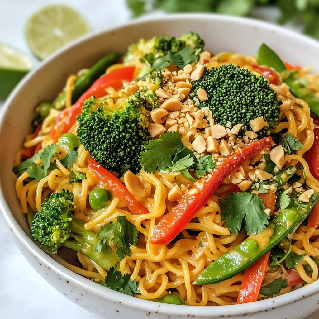 For my Thai Peanut Ramen Stir Fry, you will need: - 200g ramen noodles - 200g broccoli florets - 1 red bell pepper, sliced - 1 carrot, julienned - 1 cup snap peas - 1 cup bean sprouts - 2 green onions, chopped - 2 tablespoons vegetable oil - 3 tablespoons creamy peanut butter - 2 tablespoons soy sauce - 1 tablespoon hoisin sauce - 1 tablespoon lime juice - 1 teaspoon sesame oil - 1 clove garlic, minced - 1 teaspoon grated ginger - Crushed peanuts and cilantro for garnish Using fresh ingredients makes a big difference. Look for bright green broccoli and crisp snap peas. Choose firm bell peppers and vibrant carrots. Fresh vegetables add crunch and flavor. For the best taste, use high-quality peanut butter. The creaminess enhances the sauce. Fresh lime juice gives a zesty kick. Always check the expiry dates on sauces too. If you're allergic to peanuts, try almond or sunflower butter. For a gluten-free meal, choose gluten-free ramen and tamari instead of soy sauce. Prefer less heat? Skip the ginger. You can swap veggies based on what you like. Try zucchini or mushrooms for a twist. If you want more protein, add tofu or chicken. Adjust the recipe to fit your tastes and needs. {{ingredient_image_1}} First, take 200 grams of ramen noodles. Boil water in a pot. Add the noodles and cook as the package says. This usually takes about 3 to 5 minutes. Once they are soft, drain them and set them aside. Make sure they are not too mushy. Next, grab a large skillet or a wok. Heat 2 tablespoons of vegetable oil on medium-high. When the oil is hot, add 1 clove of minced garlic and 1 teaspoon of grated ginger. Sauté these for about 30 seconds. You want them to smell nice but not burn. Now, add the veggies! Toss in 200 grams of broccoli florets, 1 sliced red bell pepper, 1 julienned carrot, and 1 cup of snap peas. Stir-fry these for 3 to 5 minutes. You want them to be tender but still crisp. This keeps the colors bright and the crunch intact. While the veggies cook, mix your sauce. In a small bowl, whisk together 3 tablespoons of creamy peanut butter, 2 tablespoons of soy sauce, 1 tablespoon of hoisin sauce, 1 tablespoon of lime juice, and 1 teaspoon of sesame oil. This makes a smooth, tasty sauce that brings everything together. After your veggies are ready, it's time to add the ramen. Place the cooked noodles in the skillet with the veggies. Pour your peanut sauce over everything. Toss it for 2 to 3 minutes. Make sure the noodles get fully coated. Finally, add 1 cup of bean sprouts and 2 chopped green onions. Cook for another minute, then remove from heat. Serve your stir-fry hot, garnished with crushed peanuts and fresh cilantro. Add lime wedges on the side for extra zing. Enjoy your colorful and tasty meal! To cook ramen perfectly, follow the package directions. Boil water in a pot. Add the noodles and stir gently. Cook for 3 to 5 minutes. Test the noodles for doneness. They should be soft but still firm, known as al dente. Drain the noodles and rinse them under cold water. This stops cooking and keeps them from getting mushy. Feel free to mix and match your veggies! Broccoli, bell peppers, and carrots work well. Snap peas add a nice crunch. You can also use mushrooms, spinach, or zucchini. Just chop them into bite-sized pieces. Remember to keep the cook time in mind. Softer veggies need less time, while firmer ones need a bit longer. Stir-frying is quick and fun! Start with a hot skillet or wok. Add oil and let it heat up. Then, toss in garlic and ginger for flavor. Next, add your veggies in batches. This helps them cook evenly. Keep stirring to prevent burning. Once the veggies are bright and tender, add the noodles and sauce. Toss everything well for a flavorful mix! Pro Tips Use Fresh Vegetables: Fresh vegetables not only enhance the flavor but also add vibrant colors to your dish, making it more visually appealing. Adjust the Spice Level: If you enjoy some heat, consider adding chili flakes or Sriracha to the peanut sauce for an extra kick. Perfect Your Peanut Sauce: For a creamier sauce, warm the peanut butter slightly before mixing it with the other ingredients. This will help it blend more smoothly. Garnish Generously: Don’t skimp on garnishes like crushed peanuts and cilantro; they add texture and freshness that elevate your dish. {{image_2}} You can switch up the protein in your Thai Peanut Ramen Stir Fry. Tofu is a great choice for a plant-based meal. It soaks up flavors well and adds a nice texture. Just cube the tofu and sauté it until golden. For meat lovers, chicken works well too. Cut it into bite-sized pieces and cook it until no longer pink. Shrimp is another option, adding a sweet and briny taste. Just make sure to cook shrimp until they turn pink and opaque. To make this dish vegan, focus on your protein. Use tofu or skip the meat entirely. Check your sauces too. Some hoisin sauces contain animal products. Look for a vegan version or make your own. You can blend soy sauce, maple syrup, and a bit of vinegar to mimic hoisin sauce. This keeps the dish plant-based and just as delicious. Feel free to get creative with sauces! If you want more heat, add sriracha or chili paste to the peanut sauce. For a sweeter twist, honey or maple syrup can balance the flavors nicely. You can also try adding coconut milk for a creamy texture. This will make the sauce rich and smooth. Experiment with different sauces to find your favorite flavor profile! After enjoying your Thai Peanut Ramen Stir Fry, let any leftovers cool down. Use an airtight container to keep them fresh. Store in the fridge for up to three days. This helps maintain the flavors and texture of the dish. When you're ready to eat the leftovers, heat them in a skillet over medium heat. Add a splash of water or broth to keep the noodles moist. Stir often to heat everything evenly. You can also use the microwave. Just cover the bowl with a microwave-safe lid. Heat for about one to two minutes, stirring halfway through. If you want to save some for later, you can freeze the stir fry. Place cooled portions in freezer-safe bags. Try to remove as much air as you can before sealing. This helps prevent freezer burn. You can freeze it for up to one month. When you’re ready to eat, thaw in the fridge overnight and reheat as mentioned above. You can use almond butter or sunflower seed butter. Both options give a nice taste. You can also try tahini, but it has a different flavor. Just make sure to check for allergies if you share the meal. Yes, you can! Use gluten-free ramen noodles. Check the soy sauce for gluten-free options, too. Tamari is a great choice for those who need it. Enjoy this dish without worry. Add a splash of chili sauce for heat. You can also mix in fresh herbs like basil or mint. A sprinkle of lime zest adds brightness. Don't forget to taste as you go! Feel free to get creative! Zucchini, bell peppers, or mushrooms work well. You can also add spinach or bok choy for greens. The key is to keep them colorful and crisp. This stir fry lasts about 3 to 4 days in the fridge. Store it in an airtight container to keep it fresh. Just reheat it on the stove or in the microwave when ready to eat. This blog post covered how to make delicious ramen. We looked at fresh ingredients, step-by-step cooking, and easy tips. You can customize your ramen with veggies, proteins, and sauces. Storing leftovers is simple, and I answered common FAQs. Enjoy your ramen journey! You have the tools to make it great. Happy cooking!