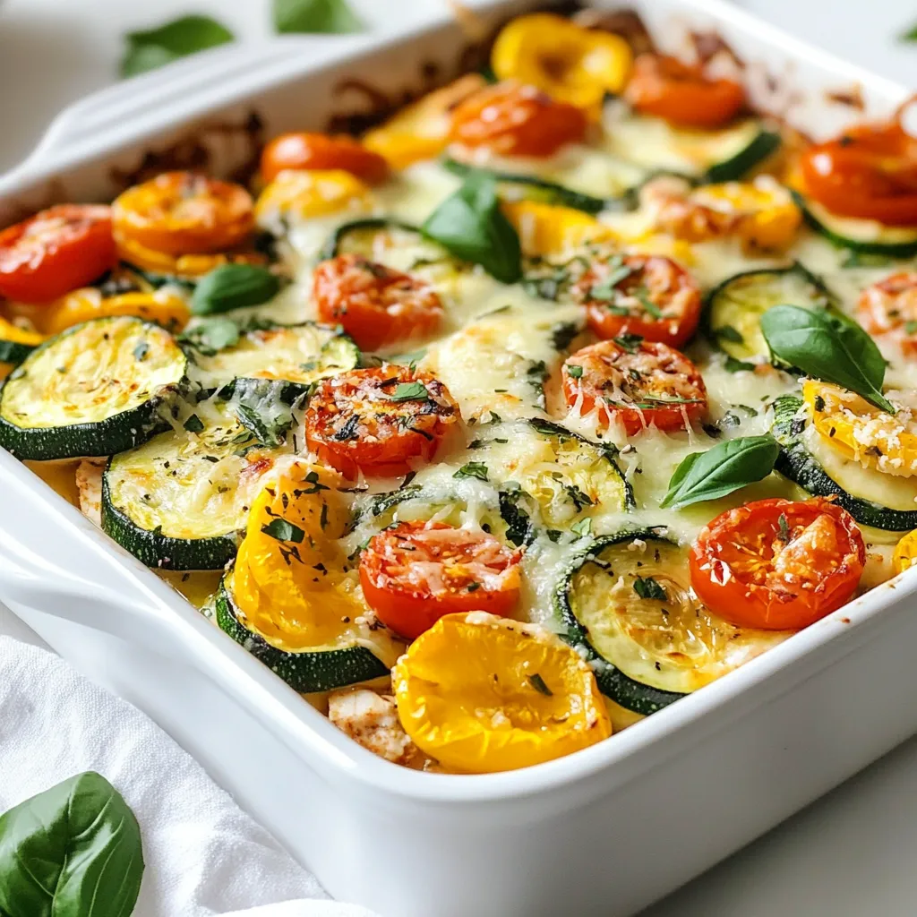 To make this Chicken Zucchini Bake, gather these simple ingredients: - 2 large zucchinis, sliced into thin rounds - 2 chicken breasts, diced - 1 cup cherry tomatoes, halved - 1 cup shredded mozzarella cheese - 1/2 cup grated Parmesan cheese - 1 tablespoon olive oil - 2 cloves garlic, minced - 1 teaspoon dried Italian herbs (oregano, basil, thyme) - Salt and pepper to taste - Fresh basil for garnish (optional) You can add more flavors and textures to your bake. Here are some optional ingredients to consider: - Bell peppers for color and sweetness - Spinach for added greens - Mushrooms for a rich, earthy flavor - A sprinkle of red pepper flakes for heat - Other cheese types like cheddar or gouda If you don’t have some ingredients, no worries! Here are some swaps: - Chicken thighs instead of breasts for juiciness - Any type of cheese if mozzarella isn’t available - Zucchini can be replaced with yellow squash - Use fresh herbs if you have them instead of dried - Olive oil can be swapped for avocado oil or butter These ingredient tips help make the dish your own. Enjoy choosing what fits your taste! {{ingredient_image_1}} To start, gather your ingredients. You will need: - 2 large zucchinis, sliced - 2 chicken breasts, diced - 1 cup cherry tomatoes, halved - 1 cup shredded mozzarella cheese - 1/2 cup grated Parmesan cheese - 1 tablespoon olive oil - 2 cloves garlic, minced - 1 teaspoon dried Italian herbs - Salt and pepper First, wash the zucchinis and slice them into thin rounds. Dice the chicken breasts into small pieces. Halve the cherry tomatoes. This step makes cooking easier later on. In a large skillet, heat the olive oil over medium heat. Add the minced garlic. Sauté for about one minute. The garlic will smell great. Next, add the diced chicken. Season it with salt, pepper, and dried Italian herbs. Cook the chicken for about 6 to 8 minutes. It should be no longer pink. Make sure to stir occasionally for even cooking. Now it's time to layer everything. In a large baking dish, place half of the zucchini slices at the bottom. This will be the first layer. Spread the cooked chicken mixture evenly over the zucchini. Next, add the halved cherry tomatoes on top. Layer the remaining zucchini slices over the tomatoes. Finally, sprinkle the mozzarella and Parmesan cheeses evenly on top. Cover the dish with aluminum foil. Place it in the oven, preheated to 400°F (200°C). Bake for 20 minutes. After that, remove the foil and bake for another 10 to 15 minutes. You want the cheese to bubble and turn golden brown. Once done, let it cool slightly before serving. Enjoy your flavorful Chicken Zucchini Bake! To keep chicken juicy, start with fresh chicken breasts. Cut them into small pieces. This helps them cook faster and stay moist. Season with salt, pepper, and dried herbs. Cook the chicken in a hot skillet with olive oil. This creates a nice sear. Avoid overcooking the chicken. When it turns white and is no longer pink, it is done. Let it rest for a few minutes. This helps keep the juices inside. For a rich flavor, use mozzarella and Parmesan cheese together. Mozzarella melts well and gives a creamy texture. Parmesan adds a nutty, salty taste. You can also try adding cheddar or feta cheese for a twist. Mix different cheeses to find your favorite combo. Just remember to keep the total amount around 1.5 cups. This will ensure the dish stays balanced and delicious. To achieve perfect zucchini, slice it into thin rounds. Thin slices cook quickly and get tender. Layer the zucchini in the baking dish without overcrowding. This prevents steaming and keeps them firm. Baking at 400°F (200°C) is ideal. It allows the zucchini to cook through while retaining a bit of crunch. If you like a softer texture, you can pre-cook the zucchini in the skillet for a few minutes. This helps it soften before baking. Pro Tips Use Fresh Ingredients: For the best flavor, opt for fresh zucchini and ripe cherry tomatoes. Fresh ingredients make a significant difference in taste. Customize the Cheese: Feel free to mix different cheeses like cheddar or gouda for a unique flavor profile. Experimenting can elevate your dish! Layering Technique: Ensure even cooking by layering ingredients evenly. This helps all components cook uniformly and meld flavors beautifully. Rest Before Serving: Allow the dish to cool for a few minutes after baking. This helps the layers set, making it easier to serve without falling apart. {{image_2}} For a low-carb or keto version, skip the cherry tomatoes. They add some carbs. Use more zucchini instead. This keeps the dish light and healthy. You can also use more cheese. Cheddar or cream cheese works great here. These swaps keep the taste rich while lowering carbs. Enjoy this dish without guilt! To make a vegetarian-friendly bake, swap the chicken for beans or lentils. Chickpeas work well, too. You can also add more veggies like bell peppers or mushrooms. They add flavor and texture. Use the same baking steps. This keeps it simple and quick. You still get a hearty meal. Spices can change the whole dish. Try adding paprika or cayenne for heat. A pinch of cumin gives it a warm taste. You can also use fresh herbs like thyme or rosemary. Just chop them up and mix them in. This adds a fresh twist to the dish. Don't be afraid to experiment! To keep your Chicken Zucchini Bake fresh, let it cool first. Place it in an airtight container. You can store it in the fridge for up to three days. Make sure to label the container with the date. This helps you track how long it’s been in there. When you're ready to enjoy the leftovers, preheat your oven to 350°F (175°C). Cover the dish with foil to prevent the cheese from burning. Bake for about 15-20 minutes or until it’s hot all the way through. You can also microwave individual servings for a quick meal. Just heat for one to two minutes, checking to avoid overheating. If you want to save it for later, freezing works great! Cut the bake into portions and place them in freezer-safe containers. Wrap them tightly in plastic wrap before sealing. You can freeze it for up to three months. To reheat, thaw it in the fridge overnight. Then follow the reheating tips above for the best taste. Yes, you can prepare Chicken Zucchini Bake in advance. Cook the chicken and layer it with the zucchini, tomatoes, and cheese. Then, cover it and store it in the fridge for up to 24 hours. When you're ready to eat, bake it straight from the fridge. Just add a few extra minutes to the cooking time to heat it through. To check if the chicken is done, use a meat thermometer. The internal temperature should reach 165°F (74°C). If you don’t have one, cut a piece open. The chicken should be white and have no pink inside. Cook it a little longer if it looks undercooked. Chicken Zucchini Bake pairs well with many sides. Consider a fresh green salad for crunch. Garlic bread or rice also complements the dish nicely. For a light touch, serve it with a side of steamed veggies. These options will make your meal more filling and colorful. This blog post covered the key ingredients and instructions for making a Chicken Zucchini Bake. You gained tips for keeping chicken juicy and explored variations like low-carb options. We also discussed storage tips to keep leftovers fresh. Now you can create a tasty dish that suits your taste. Experiment with different ingredients and cooking methods. Enjoy your cooking journey and the delicious meals you create!