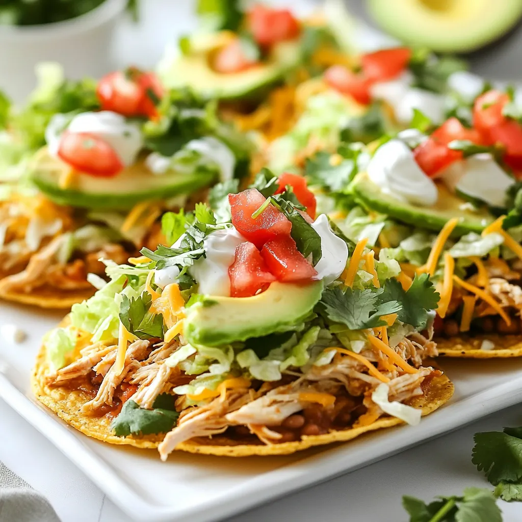 To make tasty chicken tostadas, you need a few key items. Here is what you'll need: - 2 cups cooked shredded chicken - 1 cup refried black beans - 8 small corn tostada shells - 1 cup shredded lettuce - 1 cup diced tomatoes - 1/2 cup shredded cheese (Cotija or cheddar) - 1 avocado, sliced - 1/2 cup sour cream - 1 tablespoon lime juice - 1 teaspoon ground cumin - 1 teaspoon chili powder - Salt and pepper to taste - Fresh cilantro, for garnish These ingredients come together to create a colorful and delicious meal. The cooked shredded chicken brings protein, while the beans add fiber and flavor. The tostada shells provide that perfect crunch. You can mix and match toppings to make your tostadas special. Here are some fun options: - Sliced jalapeños for heat - Chopped red onion for crunch - Fresh corn for sweetness - Sliced olives for a briny kick - Lime wedges for extra zest Feel free to get creative. These toppings can add layers of flavor and texture to your tostadas. Pair your chicken tostadas with tasty sides for a complete meal. Here are some ideas: - Mexican rice for a filling touch - Black bean salad for freshness - Corn salsa for sweetness - Chips and guacamole for crunch These sides enhance your chicken tostada experience. They add variety and make your meal more satisfying. Enjoy! {{ingredient_image_1}} Start by mixing the chicken and spices. In a medium bowl, add 2 cups of cooked shredded chicken. Pour in 1 tablespoon of lime juice, and sprinkle in 1 teaspoon each of ground cumin and chili powder. Add salt and pepper to taste. Stir it well to combine. This mix gives great flavor to the chicken. Let it sit so the flavors blend nicely. Next, take 1 cup of refried black beans. Put a pinch of salt in them. Heat in the microwave for about 30 seconds. This makes them warm and smooth. Preheat your oven to 375°F (190°C). Take 8 small corn tostada shells and place them on a baking sheet. Warm them in the oven for 5-7 minutes. Watch closely until they get crispy. Crispy tostada shells are key for a great bite. Once the shells are ready, it’s time to build your tostadas. Spread a layer of the warm refried black beans on each tostada shell. Then, add a generous portion of the seasoned shredded chicken on top. Next, pile on 1 cup of shredded lettuce for crunch. Sprinkle diced tomatoes over the lettuce for freshness. Top it all off with 1/2 cup of shredded cheese, either Cotija or cheddar. For the final touches, add a few slices of avocado and a dollop of sour cream on each tostada. Don’t forget to garnish with fresh cilantro for that pop of color and flavor. Enjoy your colorful and tasty chicken tostadas! To get crispy tostada shells, start with high-quality corn tortillas. I prefer to bake them. Preheat your oven to 375°F (190°C). Place the tortillas on a baking sheet. Bake them for about 5-7 minutes. Check them often. You want them golden brown and firm. This method keeps them crunchy without extra oil. For tasty chicken, mix it well. Use lime juice, cumin, and chili powder. This blend adds zest and depth. Add salt and pepper to taste. Let it sit for a few minutes. This resting time helps the flavors blend. You can also try adding garlic powder or smoked paprika for extra kick. Serve the tostadas on a bright platter. Arrange them neatly to catch the eye. Add lime wedges on the side for color and fun. I love to sprinkle fresh cilantro on top. It adds flavor and looks great. Each bite should be as beautiful as it is delicious. Enjoy the process of making your dish look appealing! Pro Tips Use Fresh Ingredients: Fresh ingredients, especially the vegetables and herbs, will enhance the flavor of your tostadas significantly. Customize Your Toppings: Feel free to add other toppings such as jalapeños, olives, or salsa to suit your taste preferences. Make It Spicy: If you like a kick, add some diced jalapeños or a drizzle of hot sauce on top of your tostadas. Serve Immediately: For the best texture, serve the tostadas right after assembling them to maintain their crunch. {{image_2}} You can swap chicken for beans. Use more refried black beans for a hearty meal. Add grilled veggies like zucchini or bell peppers for extra flavor. You can even use lentils for a protein boost. Top with your favorite cheese or a vegan option. To spice things up, add jalapeños or hot sauce to the chicken mix. You can also use chipotle powder for a smoky flavor. If you like heat, add diced fresh chilies on top. Don't forget to adjust the amount of lime juice to balance the spice. Think beyond classic toppings. Try adding corn for sweetness and crunch. Black olives can give a nice salty bite. You can also mix in fresh mango or pineapple for a tropical twist. For a creamy touch, substitute Greek yogurt for sour cream. Explore different cheeses like queso fresco or pepper jack for more flavor. To store leftover tostadas, first, let them cool down. Place the tostada shells in a single layer. You can use a plastic bag or an airtight container. Keep the chicken and toppings separate. This helps prevent the shells from getting soggy. To reheat, preheat your oven to 375°F (190°C). Place the tostada shells on a baking sheet. Warm them for about 5 minutes until they get crispy again. You can also microwave the chicken and toppings. Just heat them for 30 seconds or until warm. If you want to freeze ingredients, place the cooked shredded chicken in a freezer bag. You can also freeze the refried black beans. Store them in single portions. Tostada shells do not freeze well, so use them fresh. Thaw the chicken and beans overnight in the fridge before using. The best types of chicken for tostadas are shredded chicken or grilled chicken. I love using rotisserie chicken for its flavor and ease. You can also use grilled chicken thighs for a juicier bite. Both options work well and save time. Just season the chicken before adding it to your tostadas. To make tostadas gluten-free, use corn tostada shells. Check the label to ensure they are gluten-free. You can also make your own by baking corn tortillas until crispy. This way, you know they are safe. All other ingredients, like chicken and beans, are usually gluten-free. Just avoid sauces that may contain gluten. Yes, you can prepare many parts in advance. Cook the chicken and refried beans ahead of time. Store them in the fridge until you are ready to serve. You can also warm the tostada shells just before serving. However, it's best to assemble the tostadas just before eating. This keeps the shells crispy and fresh. You can add many sauces to your chicken tostadas. Salsa, hot sauce, or guacamole are great choices. A drizzle of lime crema adds a nice touch too. You might also enjoy a chipotle sauce for some heat. Choose sauces that you love to make the meal your own. You learned how to make tasty chicken tostadas in this post. We covered the main ingredients, step-by-step instructions, and helpful tips. I also shared ideas for variations and how to store leftovers. Remember, tostadas are all about fun and flavor. Don’t hesitate to try new toppings or spice levels. Enjoy making your perfect tostadas and share them with friends and family. Tostadas make meals special and delicious!