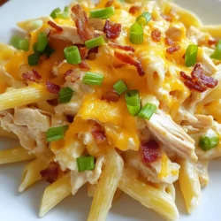 To make Crack Chicken Penne, you need these key items: - 12 oz penne pasta - 1 lb chicken thighs, boneless and skinless - 1 packet ranch dressing mix - 1 cup cream cheese, softened - 1 cup chicken broth - 1 cup shredded cheddar cheese - 1 cup cooked crispy bacon bits (or turkey bacon) - 1 cup green onions, sliced - Salt and pepper to taste - 1 tablespoon olive oil These ingredients work together to create a tasty meal full of flavor. You can swap some ingredients if needed: - Use chicken breast instead of thighs for a leaner option. - Greek yogurt can replace cream cheese for a lighter sauce. - If you don’t have ranch mix, you can use Italian dressing mix. - Any pasta shape works, though penne holds the sauce well. - You can also try different cheeses like mozzarella or pepper jack. These swaps can give you a new twist on the recipe while keeping it delicious. Using fresh and high-quality ingredients makes a big difference. Fresh chicken enhances the taste and texture. Quality cheese melts better, creating a creamy sauce. Fresh herbs, like green onions, add brightness and flavor. When you choose good ingredients, you elevate your dish. It not only tastes better but also feels good to eat something made with care. {{ingredient_image_1}} First, grab a large pot. Fill it with water and add salt. Bring the water to a boil. Once boiling, add 12 oz of penne pasta. Cook the pasta according to the package directions. You want it to be al dente, or firm to the bite. This should take about 10-12 minutes. After cooking, drain the pasta and set it aside. Make sure to save some pasta water for later, if needed. Next, let’s prepare the chicken. Heat 1 tablespoon of olive oil in a large skillet over medium heat. While the oil heats, season 1 lb of boneless, skinless chicken thighs with salt and pepper. Add the chicken to the skillet and cook for 5-7 minutes on each side. You want the chicken to be fully cooked with no pink inside. Once done, remove the chicken from the skillet and let it cool for a bit. When it's cool enough, shred it using two forks or chop it into bite-sized pieces. Now, let’s create the creamy sauce. In the same skillet, pour in 1 cup of chicken broth and bring it to a simmer. Stir in 1 cup of softened cream cheese and the ranch dressing mix. Mix well until the sauce is smooth. Once the sauce is creamy, add the shredded chicken back to the skillet. Then, fold in 1 cup of shredded cheddar cheese until it melts and blends nicely. Finally, add the cooked penne to the sauce and stir to coat it evenly. Mix in 1 cup of crispy bacon bits and half of the sliced green onions. Taste and adjust seasoning if needed. To get juicy chicken, use boneless, skinless thighs. They stay moist and cook well. Heat olive oil in a skillet over medium heat. Season the chicken with salt and pepper. Cook for 5-7 minutes on each side. Check if the chicken is no longer pink inside. Remove it and let it rest before shredding. For a creamy sauce, use softened cream cheese. It blends smoothly into the chicken broth. Start by simmering the broth in your skillet. Add the cream cheese and ranch dressing mix. Stir until you get a smooth consistency. This is key to a rich, creamy texture. Don't forget to mix in the cheddar cheese until it melts fully. Crack Chicken Penne is great on its own but pairs well with sides. Serve it with a fresh salad or steamed veggies. You can also add garlic bread for a crunchy touch. Top your dish with more green onions and cheese for extra flavor. This makes each bite even better! Enjoy your comforting meal! Pro Tips Cook Pasta Al Dente: Ensure you cook the penne until al dente for the best texture; it will continue to cook slightly when mixed with the sauce. Use Rotisserie Chicken: For a quicker preparation, consider using store-bought rotisserie chicken to save time on cooking and shredding. Customize Your Cheese: Feel free to mix cheeses; substituting mozzarella or pepper jack can add a different flavor profile to your dish. Add Vegetables: For a nutritious boost, add spinach or bell peppers to the sauce. They will blend well and add color to your dish. {{image_2}} If you want a vegetarian version, I have some great ideas. You can swap chicken for hearty mushrooms or chickpeas. Use vegetable broth instead of chicken broth for the sauce. Cream cheese can be replaced with a plant-based cream cheese. This will keep the creamy texture while being meat-free. You can also change the protein in this dish. Instead of chicken thighs, try turkey or even tofu. Shredded rotisserie chicken works well too. If you like seafood, shrimp would be a delicious choice. Just cook shrimp until pink and add it to the sauce. Adding flavor is easy! Toss in sun-dried tomatoes for a tangy taste. Spinach or kale can boost the dish's nutrition. You could also mix in some garlic or onion powder for extra flavor. A hint of hot sauce can add a spicy kick. Don't forget fresh herbs like parsley or basil for freshness! To keep your Crack Chicken Penne fresh, place leftovers in an airtight container. Make sure to cool it completely before sealing. Store it in the fridge for up to three days. This way, you can enjoy it again without losing flavor. You can freeze Crack Chicken Penne for later. Use a freezer-safe container or bag. Make sure to press out any air before sealing. It will last for about three months in the freezer. When you’re ready to eat, just thaw it in the fridge overnight. For the best taste, reheat in a skillet over medium heat. Add a splash of chicken broth or cream to keep it creamy. Stir often until it’s warm. You can also reheat it in the microwave. Use a microwave-safe dish, cover it, and heat in short bursts, stirring in between. This keeps it moist and delicious. You can make Crack Chicken Penne ahead of time. First, cook the penne pasta and chicken as directed. After mixing everything, store it in an airtight container. You can keep it in the fridge for up to 3 days. When you are ready to eat, reheat on the stove or in the microwave. Add a splash of chicken broth to keep it creamy. Yes, you can use a slow cooker for this recipe. First, add chicken thighs, ranch mix, and chicken broth to the slow cooker. Cook on low for 6 hours or high for 3 hours. After that, shred the chicken and mix in cream cheese and cheddar cheese. Lastly, combine it with the cooked penne. You can lighten this dish in a few ways. Use whole wheat penne for added fiber. Swap cream cheese for Greek yogurt or a low-fat cream cheese. You can also cut back on cheese or bacon. Use grilled chicken instead of fried for a healthier option. In this post, I covered key ingredients, step-by-step instructions, and useful tips. Quality ingredients make a big difference in taste. Cooking techniques help ensure your chicken is perfect, and creamy sauce adds richness. I shared ways to vary the dish, including vegetarian choices. Proper storage keeps leftovers fresh. Enjoy creating your own delicious Crack Chicken Penne. With practice and the right techniques, you’ll impress everyone at the table!