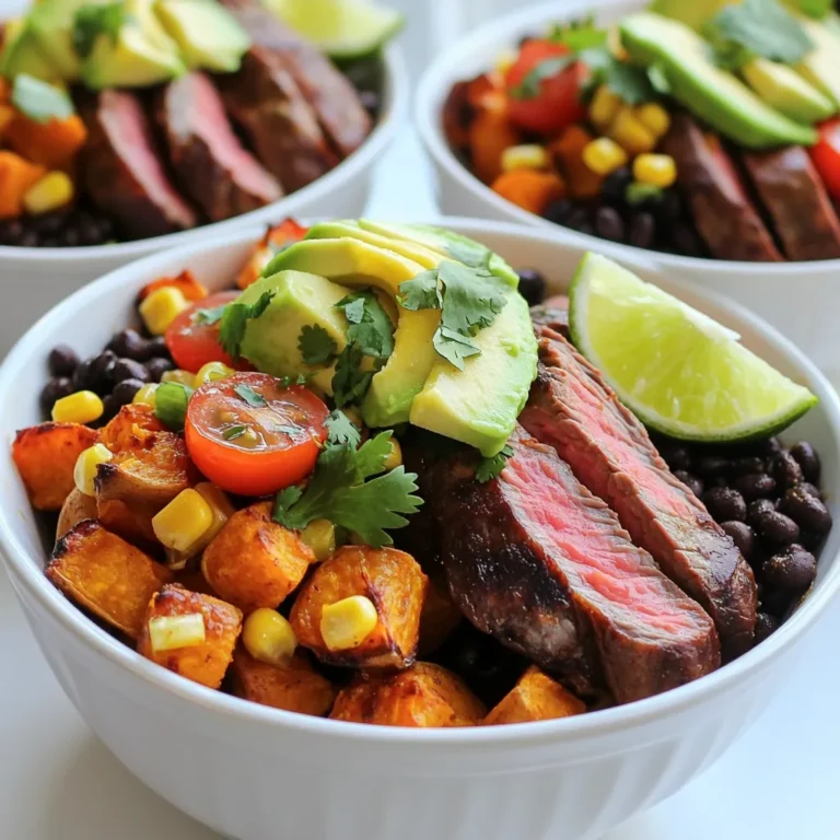 - 1 lb flank steak - 2 large sweet potatoes, diced - 1 tablespoon olive oil - 1 tablespoon chipotle chili powder - 1 teaspoon garlic powder - 1 teaspoon cumin - Salt and pepper to taste - 1 cup black beans, rinsed and drained - 1 cup corn kernels (fresh, canned, or frozen) - 1 cup cherry tomatoes, halved - 1 avocado, sliced - Fresh cilantro, chopped (for garnish) - Lime wedges (for serving) Each serving contains about: - Calories: 480 - Protein: 32g - Carbohydrates: 55g - Fat: 18g - Fiber: 12g This meal is quite balanced. It offers protein from the steak and beans. The sweet potatoes add healthy carbs and fiber. Avocado gives good fats, and the veggies boost vitamins. When choosing your steak, look for flank steak with good marbling. This helps with flavor and tenderness. Use firm, bright sweet potatoes for the best taste. For beans, canned options are quick and easy. If using fresh corn, select ears that feel heavy. For tomatoes, go for bright and plump ones. Always pick ripe avocados, but not too soft. Fresh cilantro should be vibrant green and fragrant. Start by preheating your oven to 425°F (220°C). This step helps the sweet potatoes roast evenly. In a large bowl, toss the diced sweet potatoes with olive oil, chipotle chili powder, garlic powder, cumin, salt, and pepper. Make sure every piece gets coated well. This mix gives the potatoes a tasty kick. Spread the sweet potatoes on a baking sheet lined with parchment paper. Roast them for about 25 to 30 minutes, stirring halfway through. You want them tender and slightly caramelized. While the sweet potatoes roast, season the flank steak. Use salt, pepper, and a bit of chipotle chili powder for flavor. Heat your grill or pan over medium-high heat. Cook the steak for about 4 to 5 minutes on each side. You want it to reach your desired doneness. After cooking, let it rest for 5 minutes. This step keeps the juices in. Slice the steak thinly against the grain for the best texture. Now it's time to put everything together! In meal prep containers, divide the roasted sweet potatoes, sliced steak, black beans, corn, and halved cherry tomatoes evenly. This mix makes each bowl colorful and nutritious. Top each bowl with avocado slices and a sprinkle of fresh cilantro. Don’t forget to add a lime wedge on the side for a zesty finish. Let the meal prep bowls cool before sealing them with lids. Store them in the fridge for up to 5 days. Enjoy your tasty Chipotle steak and potatoes meal prep! To season the flank steak, start with salt and pepper. This adds a nice base flavor. Then sprinkle chipotle chili powder for that smoky kick. You can adjust the amount based on your spice level. Let the steak sit for a few minutes after seasoning. This helps the flavors soak in. When you grill or pan-sear the steak, keep an eye on the time. Aim for about 4-5 minutes on each side. This ensures it cooks evenly and stays juicy. For the sweet potatoes, cut them into even pieces. This helps them cook the same way. Toss them with olive oil and spices until they are well coated. Spread them out on a baking sheet. Avoid crowding the potatoes, or they will steam instead of roast. Roast them in a preheated oven for 25-30 minutes. Stir halfway through to get that nice caramelization on all sides. They should be tender and slightly golden when done. Choose meal prep containers that are airtight. This keeps your food fresh longer. Glass containers are great options. They resist stains and odors. Use containers with separate sections for each food group. This keeps the steak, potatoes, and veggies from mixing. Allow your bowls to cool before sealing them. This prevents condensation, which can make food soggy. Store them in the fridge for up to 5 days for easy meals. {{image_2}} You can swap flank steak for other proteins. Chicken works well in this dish. Use boneless chicken breasts or thighs. Cook them just like the steak. Tofu is a great option for a plant-based meal. Press and cube firm tofu, then season it. Sauté or grill until golden brown. Feel free to add more veggies to your meal prep bowls. Bell peppers add a nice crunch and color. Zucchini and yellow squash also work great. Just chop them into bite-sized pieces. You can roast them with the sweet potatoes for added flavor. Adjust the spice level to suit your taste. If you want less heat, cut the chipotle chili powder in half. You can also add a pinch of sugar to balance the heat. For more heat, try adding cayenne pepper or diced jalapeños. Just a little can go a long way! To store your meal prep bowls, let them cool first. Once cool, divide the food into containers. I like using glass or BPA-free plastic containers. Seal each container tightly with a lid. This keeps the food fresh. You can store them in the fridge for up to 5 days. Label each container with the date. This way, you know when to eat them. If you want to keep your meal prep bowls longer, freezing is a great option. First, let the bowls cool completely. Next, use freezer-safe containers or bags. Make sure to remove as much air as you can. This helps prevent freezer burn. You can freeze the bowls for up to 3 months. When you are ready to eat, just thaw them in the fridge overnight. Reheating your meal prep bowls is easy. If you stored them in the fridge, you can microwave them. Place the bowl in the microwave and cover it with a lid. Heat for 2-3 minutes, stirring halfway through. If you froze the bowls, thaw them in the fridge first. Then, use the microwave as before or heat them on the stove. Enjoy your meal hot and fresh! Yes, you can use other potatoes. Yukon gold or red potatoes work well. They have a creamy texture that adds flavor. Just chop them into small pieces like sweet potatoes. Cook them the same way to ensure even roasting. These meal prep bowls last for up to 5 days in the fridge. Make sure to store them in airtight containers. This keeps your food fresh and safe to eat. If you want to keep them longer, consider freezing. You can substitute flank steak with chicken breast or tofu. Chicken has a mild flavor and cooks quickly. Tofu is great for a plant-based option. Just season them well and cook until done. In this post, we covered tasty ingredients for Chipotle steak and potatoes. We explored step-by-step instructions, ensuring each meal prep bowl comes out just right. You learned how to pick the best ingredients and season the steak perfectly. We also discussed variations and provided storage tips to keep your meals fresh. As you prepare this dish, remember that small changes can lead to big flavor. Explore your options and have fun with your cooking! Enjoy your delicious meal prep!