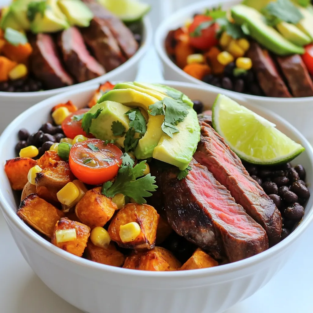 - 1 lb flank steak - 2 large sweet potatoes, diced - 1 tablespoon olive oil - 1 tablespoon chipotle chili powder - 1 teaspoon garlic powder - 1 teaspoon cumin - Salt and pepper to taste - 1 cup black beans, rinsed and drained - 1 cup corn kernels (fresh, canned, or frozen) - 1 cup cherry tomatoes, halved - 1 avocado, sliced - Fresh cilantro, chopped (for garnish) - Lime wedges (for serving) Each serving contains about: - Calories: 480 - Protein: 32g - Carbohydrates: 55g - Fat: 18g - Fiber: 12g This meal is quite balanced. It offers protein from the steak and beans. The sweet potatoes add healthy carbs and fiber. Avocado gives good fats, and the veggies boost vitamins. When choosing your steak, look for flank steak with good marbling. This helps with flavor and tenderness. Use firm, bright sweet potatoes for the best taste. For beans, canned options are quick and easy. If using fresh corn, select ears that feel heavy. For tomatoes, go for bright and plump ones. Always pick ripe avocados, but not too soft. Fresh cilantro should be vibrant green and fragrant. Start by preheating your oven to 425°F (220°C). This step helps the sweet potatoes roast evenly. In a large bowl, toss the diced sweet potatoes with olive oil, chipotle chili powder, garlic powder, cumin, salt, and pepper. Make sure every piece gets coated well. This mix gives the potatoes a tasty kick. Spread the sweet potatoes on a baking sheet lined with parchment paper. Roast them for about 25 to 30 minutes, stirring halfway through. You want them tender and slightly caramelized. While the sweet potatoes roast, season the flank steak. Use salt, pepper, and a bit of chipotle chili powder for flavor. Heat your grill or pan over medium-high heat. Cook the steak for about 4 to 5 minutes on each side. You want it to reach your desired doneness. After cooking, let it rest for 5 minutes. This step keeps the juices in. Slice the steak thinly against the grain for the best texture. Now it's time to put everything together! In meal prep containers, divide the roasted sweet potatoes, sliced steak, black beans, corn, and halved cherry tomatoes evenly. This mix makes each bowl colorful and nutritious. Top each bowl with avocado slices and a sprinkle of fresh cilantro. Don’t forget to add a lime wedge on the side for a zesty finish. Let the meal prep bowls cool before sealing them with lids. Store them in the fridge for up to 5 days. Enjoy your tasty Chipotle steak and potatoes meal prep! To season the flank steak, start with salt and pepper. This adds a nice base flavor. Then sprinkle chipotle chili powder for that smoky kick. You can adjust the amount based on your spice level. Let the steak sit for a few minutes after seasoning. This helps the flavors soak in. When you grill or pan-sear the steak, keep an eye on the time. Aim for about 4-5 minutes on each side. This ensures it cooks evenly and stays juicy. For the sweet potatoes, cut them into even pieces. This helps them cook the same way. Toss them with olive oil and spices until they are well coated. Spread them out on a baking sheet. Avoid crowding the potatoes, or they will steam instead of roast. Roast them in a preheated oven for 25-30 minutes. Stir halfway through to get that nice caramelization on all sides. They should be tender and slightly golden when done. Choose meal prep containers that are airtight. This keeps your food fresh longer. Glass containers are great options. They resist stains and odors. Use containers with separate sections for each food group. This keeps the steak, potatoes, and veggies from mixing. Allow your bowls to cool before sealing them. This prevents condensation, which can make food soggy. Store them in the fridge for up to 5 days for easy meals. {{image_2}} You can swap flank steak for other proteins. Chicken works well in this dish. Use boneless chicken breasts or thighs. Cook them just like the steak. Tofu is a great option for a plant-based meal. Press and cube firm tofu, then season it. Sauté or grill until golden brown. Feel free to add more veggies to your meal prep bowls. Bell peppers add a nice crunch and color. Zucchini and yellow squash also work great. Just chop them into bite-sized pieces. You can roast them with the sweet potatoes for added flavor. Adjust the spice level to suit your taste. If you want less heat, cut the chipotle chili powder in half. You can also add a pinch of sugar to balance the heat. For more heat, try adding cayenne pepper or diced jalapeños. Just a little can go a long way! To store your meal prep bowls, let them cool first. Once cool, divide the food into containers. I like using glass or BPA-free plastic containers. Seal each container tightly with a lid. This keeps the food fresh. You can store them in the fridge for up to 5 days. Label each container with the date. This way, you know when to eat them. If you want to keep your meal prep bowls longer, freezing is a great option. First, let the bowls cool completely. Next, use freezer-safe containers or bags. Make sure to remove as much air as you can. This helps prevent freezer burn. You can freeze the bowls for up to 3 months. When you are ready to eat, just thaw them in the fridge overnight. Reheating your meal prep bowls is easy. If you stored them in the fridge, you can microwave them. Place the bowl in the microwave and cover it with a lid. Heat for 2-3 minutes, stirring halfway through. If you froze the bowls, thaw them in the fridge first. Then, use the microwave as before or heat them on the stove. Enjoy your meal hot and fresh! Yes, you can use other potatoes. Yukon gold or red potatoes work well. They have a creamy texture that adds flavor. Just chop them into small pieces like sweet potatoes. Cook them the same way to ensure even roasting. These meal prep bowls last for up to 5 days in the fridge. Make sure to store them in airtight containers. This keeps your food fresh and safe to eat. If you want to keep them longer, consider freezing. You can substitute flank steak with chicken breast or tofu. Chicken has a mild flavor and cooks quickly. Tofu is great for a plant-based option. Just season them well and cook until done. In this post, we covered tasty ingredients for Chipotle steak and potatoes. We explored step-by-step instructions, ensuring each meal prep bowl comes out just right. You learned how to pick the best ingredients and season the steak perfectly. We also discussed variations and provided storage tips to keep your meals fresh. As you prepare this dish, remember that small changes can lead to big flavor. Explore your options and have fun with your cooking! Enjoy your delicious meal prep!