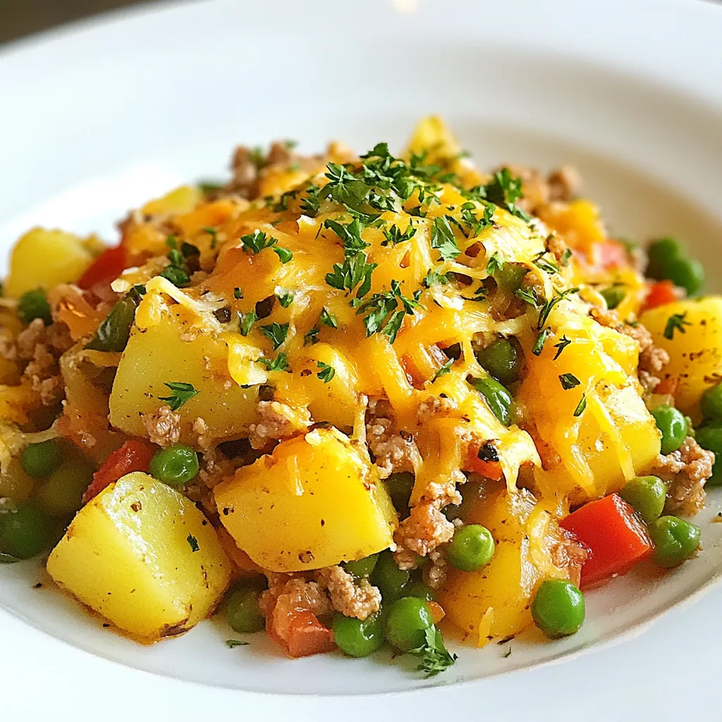 To make a tasty Turkey and Potato Skillet, you need the following ingredients: - 1 lb ground turkey - 3 medium potatoes, diced - 1 medium onion, diced - 2 cloves garlic, minced - 1 bell pepper, diced - 1 cup green beans, trimmed - Spices and seasonings (paprika, cumin, salt, pepper) - Olive oil - Garnishes (fresh parsley, cheddar cheese) Each ingredient plays a key role in creating a balanced dish. The ground turkey adds protein, while potatoes give the meal a hearty base. The onions and garlic provide a strong flavor. You can choose any color of bell pepper for sweetness. Green beans add crunch and color, making the skillet more appealing. Using fresh herbs like parsley brightens the dish. If you want a creamier texture, sprinkle some cheddar cheese on top. This mix of flavors and textures makes the Turkey and Potato Skillet a delightful meal for any family gathering. {{ingredient_image_1}} First, heat 2 tablespoons of olive oil in a large skillet over medium heat. Add the diced potatoes to the hot oil. Cook them for about 10 to 12 minutes. Stir them occasionally to avoid sticking. The potatoes will start to turn golden and become tender. You know they are ready when they are soft and slightly crispy. While the potatoes cook, grab another pan. Heat the remaining tablespoon of olive oil over medium heat. Add 1 pound of ground turkey to the pan. Break the turkey apart using a spatula. Cook it until it turns brown and is no longer pink. This takes about 5 to 7 minutes. Once the turkey is cooked, add 1 diced onion, 2 minced garlic cloves, and 1 diced bell pepper. Sauté these for 5 minutes until they soften. Next, add 1 cup of trimmed green beans to the turkey mixture. Season it with 1 teaspoon of paprika, 1/2 teaspoon of cumin, 1/2 teaspoon of salt, and 1/4 teaspoon of black pepper. Stir everything well to mix the flavors. Once the potatoes are cooked, add them to the skillet with the turkey and vegetables. Gently fold everything together. Let it cook for another 2 to 3 minutes to allow the flavors to meld. If you like, sprinkle grated cheddar cheese on top, cover the skillet, and let the cheese melt for a minute. Enjoy your meal! To get perfectly cooked potatoes, follow these tips: - Choose the right potato: Use Yukon Gold or red potatoes. They hold up well. - Dice evenly: Cut potatoes into similar-sized pieces. This helps them cook evenly. - Don’t overcrowd the pan: Give the potatoes space in the skillet. This helps them brown nicely. For browning turkey well, consider these points: - Use medium heat: This allows the turkey to brown without burning. - Break it apart: Use a spatula to crumble the turkey as it cooks. It helps it brown evenly. - Don’t rush it: Let the turkey cook until there’s no pink. This adds flavor. To boost flavor, try these spices and herbs: - Add paprika: It gives a warm and smoky note. - Use cumin: This spice adds earthiness. - Fresh herbs: Toss in parsley for a fresh finish. For a creamy touch, consider using cheese: - Cheddar cheese: Sprinkle it on top before serving. It melts beautifully and adds richness. Pair this dish with simple sides: - Green salad: A fresh salad balances the meal well. - Bread: Serve with crusty bread for a filling meal. For a fun presentation, try these ideas: - Layering: Serve in bowls with the turkey and potatoes on the bottom. - Garnish: Top with parsley for color. You can also add some extra cheese. Pro Tips Use Fresh Ingredients: Fresh vegetables and herbs can enhance the flavor of your dish significantly. Opt for seasonal produce whenever possible. Cook Potatoes Until Crispy: Allow the potatoes to get a nice golden crust for added texture and flavor. Don't rush the cooking process! Season Generously: Taste as you go and adjust the seasoning. A little extra salt or spices can elevate the entire dish. Let the Flavors Meld: After combining all ingredients, allow them to cook together for a few minutes. This will help the flavors to blend beautifully. {{image_2}} You can switch up the meat in this dish. Ground chicken or beef works well. If you prefer plant-based meals, try using lentils or crumbled tempeh. For veggies, you can mix in carrots, zucchini, or corn. The key is to use fresh and colorful options. This keeps the dish exciting and packed with nutrients. If you're watching carbs, use cauliflower instead of potatoes. You can also skip the cheese for a dairy-free version. Many plant-based cheese options exist today. For a gluten-free meal, this recipe is already safe. Just ensure your spices and other ingredients are gluten-free. Want more heat? Add diced jalapeños or a splash of hot sauce. You can also sprinkle red pepper flakes on top before serving. If you need a milder taste, skip the hot stuff. Adding a bit of honey can balance the heat and give a sweet flavor. To store leftovers, let them cool completely first. Place the Turkey and Potato Skillet in an airtight container. This keeps the meal fresh and tasty. I recommend using glass or BPA-free plastic containers. These materials help preserve flavors well. Make sure to seal the container tightly to avoid any air leaks. If you want to freeze the skillet, portion it into smaller servings. Use freezer-safe bags or containers. This makes reheating easier. When you’re ready to eat, thaw it in the fridge overnight. For best flavor, reheat on the stove over low heat. Stir often to ensure even warming. You can also use the microwave, but stir halfway through. In the fridge, your Turkey and Potato Skillet stays good for about 3 to 4 days. Check for any signs of spoilage. Look for off smells or mold. If it smells sour or looks strange, it's best to toss it. Trust your senses here; they keep you safe! It takes about 10 minutes to prep and 20 minutes to cook. So, you can enjoy this dish in just 30 minutes. Yes, you can use sweet potatoes. They will add a nice sweetness and extra nutrition. You can use ground chicken, beef, or plant-based meats. Each option will change the flavor a bit. Yes, this dish is healthy. It has lean protein, veggies, and whole potatoes. Plus, it’s low in fat if you use less oil. Absolutely! You can prep the veggies and cook the turkey in advance. Just store them in the fridge. When ready, combine everything and heat it up. This Turkey and Potato Skillet is a simple, tasty meal that anyone can make. We covered the main ingredients you need, easy steps to follow, and great tips for better flavor. You also learned how to adapt the dish to your diet and store it safely. Cooking should be fun and rewarding, so don’t shy away from trying new flavors and variations. Enjoy your time in the kitchen and savor this meal with your loved ones!