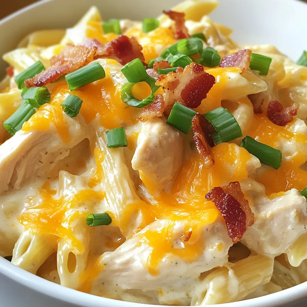 - 8 ounces penne pasta - 1 pound boneless, skinless chicken breasts - 1 cup cream cheese - 1 packet ranch seasoning mix - 1 teaspoon garlic powder - Salt and pepper to taste - 1 cup shredded cheddar cheese - 1 cup chicken broth - 1 cup cooked bacon bits (optional) - 2 green onions The key to making Crack Chicken Penne is using quality ingredients. For the main part, you’ll need penne pasta, chicken, and cream cheese. Choose good chicken breasts. They should be boneless and skinless for easy cooking. The cream cheese adds a rich, creamy taste that makes the dish special. For the seasonings, I love using ranch seasoning. It gives a tasty kick. Add garlic powder, salt, and pepper for extra flavor. These small touches make a big difference. Now, let’s talk about the extra ingredients. Shredded cheddar cheese adds a nice melty texture. Chicken broth helps blend everything together. If you want a crunchy twist, use bacon bits. Fresh green onions add color and a fresh taste. Make sure to gather all these ingredients before you start. It makes cooking much smoother. Each ingredient plays a part in making this dish a creamy and flavorful delight. {{ingredient_image_1}} 1. Begin by filling a large pot with water. Add salt to make it tasty. 2. Place the pot on the stove and turn the heat to high. Wait until the water boils. 3. Once boiling, add the penne pasta. Cook it as per the package instructions. This usually takes about 8-10 minutes. 4. When done, drain the pasta in a colander and set it aside. 1. In a big skillet, pour in 2 tablespoons of olive oil. Turn the heat to medium. 2. Add 1 pound of cubed chicken to the skillet. Season it with salt, pepper, and 1 teaspoon of garlic powder. 3. Cook the chicken for about 5-7 minutes. Make sure it turns brown and is cooked through. 1. Sprinkle 1 packet of ranch seasoning mix over the chicken. Stir well to coat each piece. 2. Next, add 1 cup of softened cream cheese and 1 cup of chicken broth to the skillet. 3. Stir the mixture until the cream cheese melts and becomes creamy. This should take about 3-4 minutes. 1. Lower the heat to keep the sauce warm. Add 1 cup of shredded cheddar cheese. Mix until melted. 2. Toss in the cooked penne pasta. Stir everything together until all is well combined. 1. If you want extra crunch, stir in 1 cup of cooked bacon bits. This step is optional but tasty. 2. For a fresh twist, garnish your dish with 2 sliced green onions before serving. Enjoy your meal! - Choosing the right cream cheese: Use a full-fat cream cheese. It melts well and gives a rich taste. Low-fat versions may not blend smoothly. - Ensuring ingredients are at room temperature: Let the cream cheese sit out for a bit. Room temperature cream cheese mixes better with sauces. This helps you avoid lumps. - Recommended seasoning variations: Besides ranch, try Italian seasoning or Cajun spices. These give a new twist to the dish. Just sprinkle them in when you add the ranch seasoning. - Adding herbs for freshness: Fresh herbs like parsley or basil work well. Chop them finely and stir them in at the end. They add a bright taste to your meal. - Best types of pots and pans to use: A large pot for pasta is key. Use a big skillet for cooking chicken. This gives you enough room to mix all ingredients later. - Using a non-stick skillet: A non-stick skillet makes cooking easier. Food won’t stick, and cleanup is simple. This helps keep your kitchen stress-free while cooking. Pro Tips Cook Pasta Al Dente: Make sure to cook the penne pasta just until al dente. This helps it hold its shape and texture when mixed with the creamy sauce. Adjust Seasoning: Taste the creamy chicken mixture before combining it with the pasta. Feel free to adjust the salt, pepper, or ranch seasoning according to your preference. Use Leftover Chicken: For a quicker preparation, use leftover rotisserie chicken instead of cooking raw chicken. Just shred it and add it to the creamy sauce. Add Vegetables: Consider adding steamed broccoli or spinach to the dish for a pop of color and added nutrition. {{image_2}} You can swap the chicken for other proteins. Turkey works great as a leaner choice. Shrimp adds a nice touch of seafood flavor. If you prefer plant-based options, use tofu or chickpeas. These choices keep the dish tasty while changing the main protein. To make this dish healthier, choose whole wheat pasta. It has more fiber and nutrients. You can also reduce the cheese for fewer calories. Use half a cup of shredded cheddar instead of a full cup. This keeps the dish creamy while cutting down on fat. Adding vegetables boosts flavor and nutrition. Spinach is a great option; it cooks quickly and adds a pop of color. Bell peppers bring sweetness and crunch. For those who like heat, try adding jalapeños. They give a spicy kick that makes the dish even more exciting! To keep your Crack Chicken Penne fresh, store it in an airtight container. Let it cool before sealing. This helps keep moisture from building up. In the fridge, it lasts 3 to 4 days. If you want to enjoy it longer, consider freezing it. Freezing Crack Chicken Penne is easy. First, let it cool completely. Then, use a freezer-safe container. Make sure to leave some space for expansion. It can last up to 3 months in the freezer. To reheat, thaw it in the fridge overnight. Then, warm it on the stove or in the microwave. Add a splash of chicken broth to keep it creamy. If you want to save time, make Crack Chicken Penne in advance. You can cook a big batch on the weekend. Portion it into meal containers. This makes it easy to grab for lunch or dinner. You can also prep the ingredients ahead. Chop the chicken and slice the onions. Store them in the fridge until you're ready to cook. This way, you can enjoy a quick, tasty meal any day of the week. Yes, you can prepare Crack Chicken Penne ahead of time. Cook the pasta and chicken as normal. Mix all the creamy ingredients together but don’t add the pasta yet. Store the creamy chicken mix in the fridge for up to two days. When you're ready to eat, heat the mix on the stove and stir in the cooked penne. This keeps the pasta from getting mushy. You have a few options for ranch seasoning. You can use a blend of dried herbs like parsley, dill, and chives. Mix in some onion powder and garlic powder for extra flavor. If you want a quick fix, try a store-bought seasoning like Italian dressing mix. You can even make your own ranch by mixing sour cream, buttermilk, and herbs. Yes, you can make this dish meat-free. Swap the chicken for cubed tofu or tempeh. Sauté them just like you would the chicken. You can also add more veggies, like bell peppers or spinach, for extra flavor and nutrition. Use vegetable broth instead of chicken broth for a complete vegetarian dish. To add a kick to your Crack Chicken Penne, consider adding red pepper flakes or diced jalapeños. You can mix in hot sauce or a spicy ranch seasoning. If you like heat, try using pepper jack cheese instead of regular cheddar. These changes will give your dish a nice, spicy twist. In this blog, we walked through making a creamy, delicious Crack Chicken Penne. You learned about the main ingredients, cooking steps, and helpful tips to elevate your dish. Remember, you can personalize it with protein swaps or add veggies for more nutrients. This recipe is not just tasty; it’s also simple and flexible. So, grab your ingredients and enjoy creating this meal your friends and family will love!