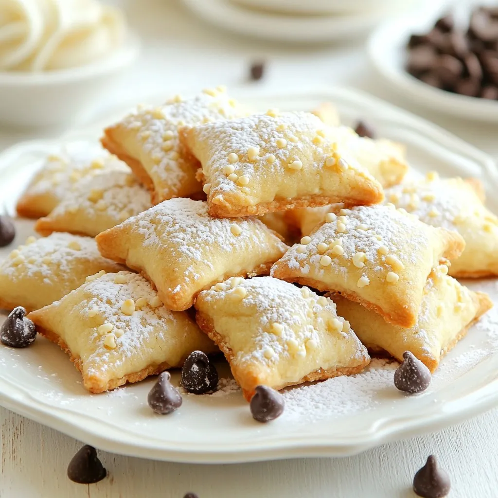 When making cannoli cookies, you need to gather a few simple ingredients. Here’s what you will need: - 1 cup all-purpose flour - 1/2 teaspoon baking powder - 1/4 teaspoon salt - 1/2 teaspoon cinnamon - 1/2 cup unsalted butter, softened - 1/2 cup granulated sugar - 1 large egg - 1 teaspoon vanilla extract - 1/2 cup ricotta cheese - 1/4 cup mini chocolate chips - 1/4 cup powdered sugar (for dusting) These ingredients come together to create soft, sweet cookies with a hint of cinnamon and a delightful creaminess from the ricotta. Each bite is a mini celebration! Make sure to use room temperature butter and egg for the best mix. The ricotta cheese adds a nice texture and flavor. The mini chocolate chips bring a touch of sweetness that pairs perfectly with the other ingredients. If you want to have fun, you can even add a dash of zest from an orange or lemon to brighten up the flavor. This recipe is flexible, so feel free to get creative! {{ingredient_image_1}} First, preheat your oven to 350°F (175°C). This step is key for even baking. While the oven warms up, grab your baking sheet and line it with parchment paper. This paper helps the cookies not stick. In a medium bowl, mix the dry ingredients. Combine 1 cup of flour, 1/2 teaspoon of baking powder, 1/4 teaspoon of salt, and 1/2 teaspoon of cinnamon. Whisk them together well and set this bowl aside. In a large bowl, cream together 1/2 cup of softened butter and 1/2 cup of granulated sugar. Beat them until the mix looks light and fluffy. Now, add in 1 large egg and 1 teaspoon of vanilla extract. Mix these in until smooth. Next, take the dry mix and add it to the wet mix. Stir until just combined. Don’t overmix. Gently fold in 1/2 cup of ricotta cheese and 1/4 cup of mini chocolate chips. Make sure everything blends nicely. Using a tablespoon, scoop out some dough and roll it into a ball. Place each ball on the lined baking sheet, leaving about 2 inches between them. Now, it’s time to bake! Put the tray in the oven and bake for 12 to 15 minutes. The edges should be golden, but the centers should stay soft. When they’re done, remove them from the oven. Let the cookies cool on the baking sheet for 5 minutes. After that, move them to a wire rack to cool completely. Finally, dust the cookies with 1/4 cup of powdered sugar before you serve them. Enjoy your sweet treat! To get the best texture in your cannoli cookies, focus on a few key steps. First, use softened butter. This helps create a light and fluffy dough. Make sure to mix well but avoid overmixing. Overmixing can lead to tough cookies. When you fold in the ricotta and chocolate chips, do it gently. This keeps the dough airy and soft. Spices can really boost the flavor of your cookies. I recommend adding cinnamon, as it brings warmth and sweetness. You can also try nutmeg for a hint of spice. If you love citrus, a little lemon zest brightens up the taste. Just remember to keep it balanced. A small amount goes a long way! Presentation matters! After cooling, dust your cookies with powdered sugar. This gives them a lovely finish. For extra flair, arrange them on a nice plate. You can add mini chocolate chips around the cookies for a fun look. Serve with whipped cream on the side for dipping. This makes them even more delightful! Pro Tips Chill the Dough: For a firmer dough and better shape retention, chill the cookie dough in the refrigerator for about 30 minutes before baking. Use Fresh Ricotta: Opt for fresh ricotta cheese for a creamier texture and richer flavor in your cookies. Experiment with Fillings: Feel free to add your favorite mix-ins such as chopped nuts, dried fruit, or different kinds of chocolate chips for a unique twist. Perfect Baking Time: Keep an eye on your cookies while baking; every oven is different, so remove them when they are golden around the edges but still soft in the center. {{image_2}} You can swap granulated sugar for other sweeteners. Try using honey or maple syrup. Both add a unique flavor. If you want a low-calorie option, use stevia or erythritol. Just remember, these sweeteners might change the texture a bit. So, play around with small amounts first. Mix-ins can change the game for your cannoli cookies. Instead of mini chocolate chips, try crushed nuts, or dried fruit. You can also use different types of chocolate. Dark chocolate adds richness, while white chocolate gives a sweet touch. If you love citrus, add some lemon or orange zest for a fresh twist. If you need gluten-free cookies, use almond flour or a gluten-free blend. Just swap the all-purpose flour with your choice. You may need to adjust the baking time. Always check the dough for the right texture. These cookies will still taste amazing, just like the original! To keep your cannoli cookies fresh, store them in an airtight container. Use parchment paper between layers to prevent sticking. This simple step helps maintain their soft texture. Place the container in a cool, dry place, away from direct sunlight. For best taste, eat within a week. Freezing cannoli cookies is easy. First, let the cookies cool completely. Place them in a single layer on a baking sheet. Freeze for about one hour until firm. Then, transfer the cookies to a freezer-safe bag. Remove as much air as possible, and seal tightly. They can last up to three months in the freezer. Cannoli cookies stay fresh for about five to seven days at room temperature. If you freeze them, they can last much longer. Always check for signs of spoilage. If they look or smell off, it’s best to toss them. Enjoy your cookies while they are still soft and tasty! Cannoli cookies are sweet treats inspired by classic Italian cannoli. They have a soft, chewy texture and a rich flavor. Made with ricotta cheese, these cookies may also have mini chocolate chips mixed in. You can dust them with powdered sugar for a lovely finish. Yes, you can make cannoli cookies ahead of time. After baking, let them cool completely. Place them in an airtight container. They will stay fresh for about five days at room temperature. For longer storage, you can freeze them. Just remember to thaw them before serving. You can use cream cheese or mascarpone cheese as substitutes for ricotta. Both options will give the cookies a creamy texture. However, they may alter the flavor slightly. If you want a lighter option, try cottage cheese. Just blend it well to make it smooth. In this post, we explored how to make delightful cannoli cookies. You learned the key ingredients, simple steps, and cooking tips for perfect texture. I shared fun variations to suit your taste. Proper storage advice helps keep your cookies fresh. Enjoy making these treats and share them with friends. The joy of baking can create sweet memories and delicious results. You have the tools to create something delightful!