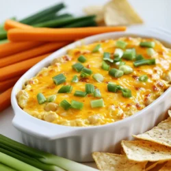 - 1 can (15 oz) chickpeas, drained and rinsed - 1/4 cup cream cheese, softened - 1/4 cup Greek yogurt - 1/4 cup Buffalo sauce (adjust to taste) - 1 tablespoon lemon juice - 1 teaspoon garlic powder - 1/2 teaspoon smoked paprika - Salt and pepper to taste These main ingredients create a rich base for the dip. Chickpeas give it bulk and protein. Cream cheese and Greek yogurt add creaminess and tang. The Buffalo sauce brings heat and flavor, while lemon juice gives a nice zing. Garlic powder and smoked paprika boost the taste, making it so much more than just a dip. - 1/4 cup shredded cheddar cheese (optional for topping) - Chopped green onions for garnish You can add shredded cheddar cheese on top for a melty finish. Broiling the dip makes the cheese bubbly and golden. Chopped green onions add a fresh crunch and color. These toppings make your dip look and taste even better. - Tortilla chips - Veggie sticks Serve the dip with crunchy tortilla chips. They are classic and easy to grab. Veggie sticks like carrots and celery are a healthy choice. They add a nice crunch and balance the dip’s creaminess. Enjoy your dip in a fun and tasty way! {{ingredient_image_1}} To make this dip, start with one can of chickpeas. Drain them and rinse well. In a medium bowl, add the chickpeas, cream cheese, Greek yogurt, and Buffalo sauce. Squeeze in one tablespoon of lemon juice. Then, sprinkle in one teaspoon of garlic powder and half a teaspoon of smoked paprika. Mix all these ingredients together. Use a fork to mash the chickpeas. You want a smooth mix but keep some chunks for texture. Season with salt and pepper to your taste. If you like more heat, add extra Buffalo sauce. Transfer the dip to a serving bowl. If you're using cheddar cheese, sprinkle it on top. For a tasty twist, broil the dip for 5-7 minutes until the cheese melts. To get that perfect dip texture, don’t over-mash the chickpeas. Keep some pieces intact. This gives the dip a nice bite. Taste as you go! Adjust the seasoning based on your preferences. Lastly, remember to garnish with chopped green onions for a fresh look and flavor. To make your Buffalo chickpea dip pop, use fresh ingredients. Fresh lemon juice gives a bright taste. Adjust the Buffalo sauce to your heat level. Start with a little, then add more if you like it spicy. Smoked paprika adds a nice depth. Don't skip the garlic powder; it adds great flavor. If you want a richer dip, add more cream cheese or Greek yogurt. For a fun twist, mix in some blue cheese crumbles! You will need a medium mixing bowl for easy prep. A sturdy fork works well to mash the chickpeas. If you have a hand mixer, it can make the dip creamier. Use a broiler-safe dish if you want to melt cheese on top. A spatula will help scrape every bit of dip from the bowl. Finally, having serving platters for chips and veggies makes everything look nice. If you have any dip left, store it in an airtight container. It will stay fresh for up to three days in the fridge. To reheat, warm it in the microwave or broil it for a few minutes. Stir it well before serving again to bring back the creamy texture. If the dip seems dry, mix in a bit of Greek yogurt or cream cheese. Pro Tips Adjust the Heat: If you prefer a milder dip, start with less Buffalo sauce and gradually add more until you reach your desired spice level. Chickpea Texture: For a creamier dip, blend the chickpeas completely. For a chunkier texture, mash them lightly with a fork. Serving Suggestions: Serve with a variety of dippers like carrot sticks, celery, and pita chips to cater to different preferences. Make Ahead: This dip can be prepared a day in advance. Just store it in an airtight container in the fridge and give it a stir before serving. {{image_2}} You can easily adjust the heat in Buffalo chickpea dip. For a spicy kick, add more Buffalo sauce. If you want it milder, use less sauce. You can also mix in some diced jalapeños for extra heat. If you prefer a milder taste, try using a buffalo sauce labeled as "mild." This way, you create a dip that fits your spice level. You can swap ingredients for different diets. For a vegan version, use vegan cream cheese and yogurt. You can also try using silken tofu instead of cream cheese. If you're gluten-free, serve it with veggie sticks or gluten-free chips. These swaps keep the dip tasty while meeting dietary needs. Buffalo chickpea dip is great on its own, but you can enhance it. Serve it in a colorful bowl, surrounded by tortilla chips and fresh veggie sticks. Try using mini pita bread for dipping, or serve it with celery sticks for a crunchy bite. For a fun twist, spread it on a sandwich or wrap for a zesty lunch. You can even serve it warm, broiled until the cheese bubbles, for a hot treat. Buffalo Chickpea Dip is a tasty choice for snacks. Each serving has about 150 calories. This number may change based on added toppings or ingredients. - Protein: Chickpeas offer around 6 grams of protein per serving. - Carbohydrates: Each serving has about 15 grams of carbs. - Fat: The dip includes about 8 grams of fat, mainly from cream cheese and Greek yogurt. - Fiber: You get around 4 grams of fiber, which is great for digestion. - Vitamins and Minerals: Chickpeas are rich in folate and iron. They also contain potassium and magnesium. Chickpeas are a superfood in many ways. They help keep your heart healthy. Their high fiber content supports digestion. Protein in chickpeas helps build and repair muscles. Eating chickpeas can also help you feel full, making them great for weight management. Plus, they are naturally gluten-free! Yes, you can make Buffalo Chickpea Dip ahead of time. Prepare the dip and store it in the fridge. Keep it in an airtight container. It tastes great even after a day. Just stir it before serving to mix the flavors again. To adjust the spice level, add more or less Buffalo sauce. Start with a small amount. Then taste the dip. If you want more heat, add more sauce. For a milder dip, reduce the sauce or use a mild version. If you want to skip cream cheese, use vegan cream cheese or cashew cream. Greek yogurt also works well for a tangy flavor. Silken tofu is another great option. These choices keep the dip creamy while changing the taste. Tortilla chips are a classic choice for dipping. Veggie sticks like carrots, celery, and bell peppers are fresh and crunchy. Pita chips add a nice twist too. You can even use crackers for a fun crunch. All these options pair well with the dip. This blog post covered how to make Buffalo Chickpea Dip. We explored the key ingredients, cooking steps, and essential tips. I shared ways to vary the dip for different tastes, along with how to store leftovers. Remember, chickpeas are healthy and tasty. You can enjoy this dip with various dippers, making it fun for everyone. Use these tips to impress your friends and family. Dive into this recipe, and let the flavors shine through your cooking. Enjoy your time in the kitchen!