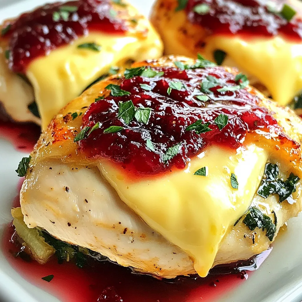 To make Cranberry Brie Stuffed Chicken, you need a few key ingredients. Here’s what you’ll need: - 4 boneless, skinless chicken breasts - 4 ounces brie cheese, rind removed and cut into slices - 1 cup cranberry sauce (homemade or store-bought) - 1 teaspoon garlic powder - 1 teaspoon dried thyme - 1 teaspoon salt - ½ teaspoon black pepper - 2 tablespoons olive oil - 1 cup fresh spinach (optional) - 1 tablespoon fresh parsley, chopped (for garnish) Each ingredient plays a role in the dish. The chicken breasts serve as a tasty pocket for the filling. Brie cheese adds a creamy texture and rich flavor. Cranberry sauce brings sweetness and tartness. The seasonings enhance the overall taste, making each bite special. Olive oil helps with cooking and adds flavor. Fresh spinach is optional but adds a nice color and health boost. The chopped parsley not only looks great but adds freshness to the dish. Make sure to gather everything before you start cooking. Having all your ingredients ready makes the process smooth and fun. {{ingredient_image_1}} - Prepping the chicken breasts: Start by laying the chicken breasts on a flat surface. Cover them with plastic wrap or parchment paper. Use a meat mallet or rolling pin to gently pound the chicken. Aim for about ½ inch thick. This helps the chicken cook evenly. - Mixing seasonings: In a small bowl, combine garlic powder, dried thyme, salt, and black pepper. Mix well. Rub this spice blend over both sides of the chicken breasts. This step adds great flavor. - Stuffing the chicken: Lay sliced brie cheese on one half of each chicken breast. Top with a spoonful of cranberry sauce. If you like, add fresh spinach for extra color and nutrition. Carefully fold the other half of the chicken over the filling. Secure it with toothpicks if needed. - Searing the stuffed chicken: Heat olive oil in a large oven-proof skillet over medium-high heat. Once hot, add the stuffed chicken breasts. Sear them for about 3-4 minutes on each side until they turn golden brown. This step adds a nice crust and flavor. - Baking in the oven: Transfer the skillet to the preheated oven at 375°F (190°C). Bake the chicken for about 20-25 minutes. The chicken is done when it reaches an internal temperature of 165°F (75°C). Use a meat thermometer for accuracy. - Resting and garnishing: After baking, carefully remove the skillet from the oven. Let the chicken rest for about 5 minutes. This helps the juices redistribute. Garnish with fresh parsley before serving. This adds a fresh touch and bright color to your dish. To ensure the chicken is cooked thoroughly, always check the internal temperature. Use a meat thermometer. The chicken should reach 165°F (75°C). This step keeps your meal safe and tasty. To prevent the filling from leaking, fold the chicken carefully. Make sure the edges seal well. You can use toothpicks to hold it together if needed. This way, all those yummy flavors stay inside. Choosing the best brie cheese is key. Look for brie that feels soft and creamy. The rind should be white and slightly bloomed. This helps create a rich and gooey filling. When it comes to cranberry sauce, homemade is great but store-bought works too. Homemade sauce gives you control over the sweetness. If you’re short on time, a good quality store-bought option saves you effort. Either choice adds a nice tartness to the dish. Pro Tips Use Fresh Ingredients: Always opt for fresh spinach and high-quality cranberry sauce for the best flavor. Don’t Overstuff: Be careful not to overfill the chicken breasts to prevent spillage during cooking. Rest the Chicken: Allow the chicken to rest for at least 5 minutes after baking to keep it juicy and tender. Experiment with Herbs: Feel free to experiment with different herbs, such as rosemary or sage, to enhance the flavor profile. {{image_2}} You can switch up the cheese in this dish. If you want a sharper taste, try goat cheese or cheddar. Both will add a nice twist to your meal. For sauces, cranberry sauce is classic, but you can go bold. Consider using a spicy barbecue sauce for a kick. A balsamic glaze is another great option for a sweet touch. Adding toppings can also change the game. Try crushed nuts on top for crunch. A sprinkle of pomegranate seeds adds color and tartness. Grilling this chicken gives it a smoky flavor. Start by marinating the chicken with your spices. Then stuff and grill it for about 6-8 minutes on each side. This method keeps the chicken juicy and adds a nice char. If you prefer a slow cooker, this method is simple and hands-off. Place the stuffed chicken in the slow cooker with a little broth. Cook on low for 4-6 hours or until the chicken is tender. This method allows the flavors to meld beautifully. To keep your Cranberry Brie Stuffed Chicken fresh, follow these simple steps. First, let the chicken cool down to room temperature. Then, wrap each piece in plastic wrap or place it in an airtight container. Store the chicken in the fridge for up to three days. For longer storage, consider freezing it. Place the cooled chicken in a freezer-safe bag. Remove as much air as possible before sealing. You can freeze it for up to three months. Just remember to label the bag with the date. When you want to enjoy your leftovers, reheating is key. The best method is to use the oven. Preheat your oven to 350°F (175°C). Place the chicken in a baking dish and cover it with foil. Heat it for about 15-20 minutes, or until it's warm inside. You can also use a microwave for a quicker option. Place the chicken on a microwave-safe plate and cover it loosely. Heat it in short bursts, about 1-2 minutes at a time, checking frequently. Just make sure it heats through without drying out. Enjoy your tasty meal again! Can I use chicken thighs instead of breasts? Yes, you can use chicken thighs. Thighs are juicier and add more flavor. Just make sure to adjust cooking time. Thighs may take a bit longer to cook through. What side dishes pair well with Cranberry Brie Stuffed Chicken? Many sides go well with this dish. You can serve it with roasted vegetables or a simple salad. Mashed potatoes or quinoa also work great. These sides balance the rich flavors of the chicken. Can this recipe be made ahead of time? Yes, you can prep this dish ahead. Stuff the chicken and store it in the fridge. You can bake it later when you are ready to eat. Just remember to adjust the cooking time if it's cold from the fridge. This blog post walks you through making Cranberry Brie Stuffed Chicken. With simple steps, you learn how to prep, cook, and serve this dish. You also discover tips for ingredient choices and variations to keep things fresh. Remember to store leftovers properly for later enjoyment. Embrace the fun of cooking and personalize your meals. This dish is versatile and sure to impress anyone at your table. Enjoy every bite, and let your creativity shine in the kitchen!
