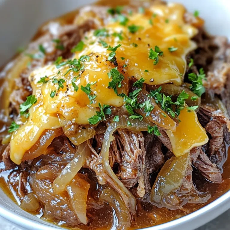 - 3-4 pound beef pot roast - 4 large onions, thinly sliced - 4 cloves garlic, minced - 4 cups beef broth - 1 tablespoon balsamic vinegar - 2 tablespoons olive oil - 1 tablespoon fresh thyme leaves (or 1 teaspoon dried thyme) - 2 bay leaves - Salt and pepper to taste The beef pot roast is the star of this dish. It needs to be tender and juicy. Use a 3-4 pound cut for the best results. The onions and garlic add deep flavor. Slice the onions thinly to help them cook down well. Mince the garlic for a strong taste. The beef broth brings richness. It acts as a base for the sauce. The balsamic vinegar adds a hint of sweetness. Olive oil helps with searing the roast. Fresh thyme and bay leaves give it a nice herbal note. Don't forget salt and pepper to enhance all the flavors. - 8 slices Swiss cheese or Gruyère cheese - Fresh parsley for garnish Adding cheese makes this dish even richer. Swiss or Gruyère melts beautifully over the roast. The fresh parsley adds color and a fresh taste. You can skip the cheese if you want a lighter meal. - Slow Cooker - Skillet - Mixing Bowl A slow cooker is key for this recipe. It helps the flavors meld over long cooking times. A skillet is needed for searing and sautéing. A mixing bowl is perfect for combining the broth mixture. These tools make the cooking process smooth and simple. {{ingredient_image_1}} - Searing the Pot Roast Start by heating olive oil in a large skillet over medium-high heat. While the oil heats, season the pot roast with salt and pepper. Once the oil is hot, add the roast. Sear it for about 3-4 minutes on each side. You want a deep brown crust for great flavor. After searing, carefully remove the roast from the skillet. Set it aside to rest. - Seasoning Tips Use a generous amount of salt and pepper to enhance the roast's taste. You can also add your favorite herbs at this stage. Fresh thyme works well with this dish, adding a nice aroma. - Caramelization Process In the same skillet, add the sliced onions. Cook them over medium heat for about 15-20 minutes. Stir often until they become soft and caramelized. This step builds rich flavor. Once the onions are golden, add minced garlic. Cook for 2 more minutes until fragrant. - Timing for Cooking Keep an eye on the onions. You want them golden but not burnt. This caramelization takes time, but it’s worth the wait. - Layering Technique In your slow cooker, spread the caramelized onions and garlic evenly at the bottom. This will keep the roast moist and flavorful. Next, place the seared pot roast right on top of the onions. - Broth Mixture Preparation In a mixing bowl, combine beef broth, balsamic vinegar, thyme, bay leaves, salt, and pepper. Mix well. Pour this broth mixture over the roast in the slow cooker. This will create a rich sauce as the roast cooks. - Low vs. High Cooking Settings You can cook the roast on low for 8-10 hours or on high for 4-6 hours. I recommend the low setting for the best results. It makes the meat very tender. - Signs Roast is Done Check if the roast is tender and shreds easily with a fork. This is the best sign that it’s ready to serve. - Adding Cheese In the last 30 minutes of cooking, place Swiss or Gruyère cheese slices on top of the roast. Allow it to melt into the dish. This adds a creamy layer of flavor. - Shredding the Roast Once the cooking time is up, carefully take the roast out of the slow cooker. Use two forks to shred the meat. Mix the shredded roast back into the onions and broth. This helps combine all those delicious flavors before serving. To boost the taste of your Slow Cooker French Onion Pot Roast, focus on the seasonings and cooking methods. - Suggested Seasonings: Use fresh thyme for a bright flavor. Add bay leaves for depth. I also like to sprinkle salt and pepper generously. For a touch of sweetness, balsamic vinegar works wonders. - Cooking Techniques: Searing the roast first gives it a rich, brown crust. This step adds layers of flavor. Caramelizing onions is key too. Cook them slowly until they turn golden brown. This brings out their natural sweetness. Shredding your pot roast makes it easy to serve. Here are some tips to get that perfect texture. - Tools for Shredding: Use two forks. They help pull the meat apart easily. A pair of tongs can also work. Both tools make it simple to shred the meat evenly. - Best Practices: Shred the roast after it has rested. This lets the juices soak in. Mix the shredded meat back into the broth and onions for a full flavor. A beautiful presentation makes your dish even more inviting. Here are some great ideas. - Serving Suggestions: Serve the pot roast hot in shallow bowls. This allows for a nice display of the broth and onions. Pair it with crusty bread to soak up the juices. - Garnishing Ideas: Finish with fresh parsley for a pop of color. You can also add a sprinkle of additional thyme. This not only looks nice but adds a fresh taste. Pro Tips Choose the Right Cut: A chuck roast works best for slow cooking because it becomes tender and flavorful when cooked low and slow. Enhance the Flavor: For an extra depth of flavor, consider adding a splash of red wine to the broth mixture before pouring it over the roast. Adjust Cooking Time: Cooking times can vary based on the size of your roast and your slow cooker, so always check for tenderness before serving. Serve with Sides: This pot roast pairs wonderfully with crusty bread or mashed potatoes to soak up the delicious gravy. {{image_2}} You can change this dish to suit your taste. - Additional Vegetables: Add carrots, potatoes, or mushrooms for extra flavor and nutrition. These veggies add sweetness and texture. - Different Cheese Options: While Swiss and Gruyère are classic, feel free to try cheddar or provolone. Each cheese brings its own special touch to the dish. If you have dietary needs, this recipe can adapt well. - Gluten-Free Options: Use gluten-free beef broth instead of regular. This keeps the dish safe for those who avoid gluten. - Low-Sodium Broth Substitutes: Choose low-sodium beef broth to cut back on salt. This makes the dish healthier without losing flavor. You can also make this dish in other ways. - Instant Pot or Oven Baking: If short on time, the Instant Pot cooks the roast faster. For oven baking, use a covered dish at 325°F for about 3-4 hours. - Adjusting Time for Different Sizes: For larger or smaller roasts, change cooking times. A smaller roast may cook faster, while a larger one needs more time. - How to Store Leftovers: Once your pot roast cools, place it in an airtight container. Make sure to include the onions and broth for best flavor. - Recommended Timeframe: Store leftovers in the fridge for up to three days. This keeps the meat fresh and tasty. - Best Practices for Freezing: If you want to save some for later, freeze the pot roast in a freezer-safe container. It’s best to portion it out for easy use. - Reheating Method: To reheat, thaw overnight in the fridge. Then, heat on the stove or in the microwave until warm. - Portioning for Easy Meals: Divide the roast into servings. This makes it simple to grab a meal during busy days. - Combining with Sides: Pair the pot roast with mashed potatoes or a green salad. This adds color and taste to your meal. Cooking a pot roast in a slow cooker takes about 8 to 10 hours on low. If you are short on time, you can cook it on high for 4 to 6 hours. The low setting gives the meat time to get very tender. Yes, you can use other cuts of meat. Chuck roast works well, as do brisket and round roast. Each cut has its own flavor and texture, so pick one you like best. You can serve your pot roast with mashed potatoes, rice, or crusty bread. A fresh salad can also add a nice touch. Pairing with vegetables like green beans or carrots adds color and nutrition. Yes, you can make this pot roast ahead of time. Cook it fully, then store it in the fridge for up to three days. Just reheat it when you are ready to serve. Your pot roast is done when it’s very tender and easily shreds with a fork. You can also check the internal temperature; it should reach at least 190°F. The meat will be juicy and full of flavor. In this article, we explored the key ingredients for a delicious pot roast, from the main beef pot roast to optional cheeses and herbs. We walked through each step, from preparation to final serving tips, and offered helpful tricks to enhance flavor. I hope you feel confident to try different variations and cooking methods that suit your needs. Remember, pot roast is not just a dish; it’s an experience. Enjoy creating your version!