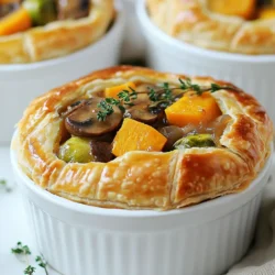 - 1 cup butternut squash, peeled and diced - 1 cup carrots, sliced - 1 cup Brussels sprouts, halved - 1 cup mushrooms, sliced - 1 medium onion, chopped - 2 garlic cloves, minced These vegetables create a colorful and tasty filling. Butternut squash adds a sweet, nutty flavor. Carrots bring crunch and sweetness. Brussels sprouts add a bit of bitterness for balance. Mushrooms give a rich, earthy taste. Onion and garlic add depth to the dish. - 2 cups vegetable broth - 1 cup cream (or non-dairy milk for a vegan version) - 2 tablespoons olive oil - 1 tablespoon fresh thyme (or 1 teaspoon dried) - 1 tablespoon fresh rosemary (or 1 teaspoon dried) - 2 tablespoons all-purpose flour - Salt and pepper to taste The vegetable broth helps to bind everything together. Cream or non-dairy milk makes the filling rich and creamy. Olive oil helps to sauté your veggies until they are soft. Fresh herbs like thyme and rosemary add a lovely aroma. Flour thickens the filling, while salt and pepper enhance the taste. - 1 sheet of puff pastry (thawed) - 1 egg (or plant-based egg wash for a vegan version) for egg wash Puff pastry gives a flaky and golden crust. The egg wash helps the pastry brown nicely. If you want a vegan pie, you can use a plant-based egg wash instead. This makes the pot pies look inviting and appetizing. These ingredients come together to create a warm and hearty dish. Each bite offers a mix of flavors, making this meal perfect for autumn. {{ingredient_image_1}} First, preheat your oven to 400°F (200°C). This gets the oven ready for baking. Next, gather your tools. You will need a large pot, a cutting board, and ramekins for the pot pies. Make sure your kitchen is clean and organized. This makes cooking easier and more fun. Heat two tablespoons of olive oil in the large pot over medium heat. Add one chopped onion and two minced garlic cloves. Sauté these until the onion looks clear. This should take about three to five minutes. Next, toss in one cup of diced butternut squash, one cup of sliced carrots, and one cup of halved Brussels sprouts. Cook these veggies for five to seven minutes until they soften. Now, add in one cup of sliced mushrooms, one tablespoon of fresh thyme, and one tablespoon of fresh rosemary. Season with salt and pepper. Cook for another three to four minutes. Sprinkle two tablespoons of flour over the veggies and stir well. Gradually pour in two cups of vegetable broth while stirring. Bring this mixture to a simmer. Once it simmers, reduce the heat and mix in one cup of cream or non-dairy milk. Let it simmer for five more minutes until it thickens. You can taste it and adjust the seasoning if needed. When the filling is ready, take the pot off the heat and let it cool a bit. Grab your ramekins or small pie dishes. Fill each one with the veggie mixture until it's about three-quarters full. Roll out the puff pastry on a floured surface. Cut it into rounds that are slightly bigger than the ramekins. Place the pastry over the filled dishes and crimp the edges to seal them. Don’t forget to cut a small slit in the top of the pastry. This allows steam to escape during baking. For a golden finish, brush the tops with an egg wash or a plant-based egg wash. Place the pot pies on a baking sheet and bake them in the preheated oven for 25 to 30 minutes. You want the pastry to be golden brown and puffed. Enjoy your warm and cozy autumn veggie pot pies! To make the filling pop with flavor, use fresh herbs. Thyme and rosemary are great choices. You can swap these with dried herbs if fresh ones aren’t available. For a twist, add a pinch of nutmeg or smoked paprika. These spices brighten the dish. For a creamier texture, use non-dairy milk instead of cream. It works just as well. Want more veggies? Zucchini or sweet potatoes also fit in nicely. For a flaky and golden pastry, keep it cold. Chill your puff pastry before rolling it out. This helps it puff up nicely in the oven. Make sure to cut slits in the top. This lets steam escape and prevents sogginess. Brush the pastry with egg wash or a plant-based alternative for a beautiful golden color. Bake until it is crispy and golden brown. Serve your pot pies hot from the oven. This keeps the filling warm and cozy. For a touch of elegance, garnish with fresh thyme sprigs. Place the pot pies on a colorful plate for a nice pop. You can also pair them with a simple side salad. This adds freshness and crunch to your meal. Enjoy every bite! Pro Tips Use Seasonal Vegetables: Incorporate seasonal vegetables for the freshest flavor and optimal nutrition. This will enhance the taste of your pot pies and make them more enjoyable. Let the Filling Cool: Allow the veggie filling to cool slightly before adding the puff pastry. This prevents the pastry from becoming soggy and helps it to puff up beautifully in the oven. Experiment with Herbs: Feel free to experiment with different herbs such as sage or parsley to customize the flavor profile of your pot pies. Fresh herbs can elevate the overall taste. Perfect Puff Pastry: Ensure your puff pastry is cold when working with it to achieve maximum flakiness. Warm pastry can become difficult to handle and won't puff as well. {{image_2}} To make these pot pies vegan, swap out the cream for non-dairy milk. Almond or oat milk works well. Use a plant-based egg wash instead of a regular egg. This change keeps your pot pies creamy and golden without animal products. If you need a gluten-free option, choose an alternative crust. You can use gluten-free puff pastry, or make a crust from almond flour. Just follow the gluten-free flour mix instructions for best results. This way, everyone can enjoy your cozy pot pies. You can change the veggies based on what you like or have. Try sweet potatoes for a sweeter flavor. Spinach or kale adds nutrition and color. Zucchini or parsnips work great too. Seasonal veggies can make your pot pies unique and delicious. To store leftovers, wait for the pot pies to cool. Cover each pie tightly with plastic wrap or foil. You can place them in an airtight container. They will keep well in the fridge for up to three days. Make sure to label the container with the date. This helps you keep track of freshness. If you want to save pot pies for later, freezing is a great option. First, let them cool completely. Wrap each pie tightly with plastic wrap, then place them in a freezer bag. Squeeze out as much air as possible. You can freeze them for up to three months. When ready to eat, you can thaw them in the fridge overnight. To reheat your pot pies, preheat your oven to 350°F (175°C). Remove the plastic wrap and place the pot pie on a baking sheet. Bake for about 20-25 minutes. This ensures the filling heats through and the pastry stays crisp. If you want a quicker option, you can use the microwave. Heat on medium power for about 3-5 minutes. However, this may make the crust less crispy. Enjoy your warm, cozy meal! You can prepare the filling a day before. Cook the veggies and let them cool. Store the filling in the fridge. When ready to bake, fill the ramekins and top with puff pastry. Bake as instructed. This saves time and keeps dinner simple. You can use garlic powder, onion powder, or smoked paprika. Adding a pinch of nutmeg gives warmth. You might also try sage or dill for a fresh taste. Experiment with different herbs to find your perfect blend. Yes, frozen vegetables work well too. They are often picked at peak freshness. Just thaw and drain them before use. This saves prep time and can add convenience to your cooking. Adjust cooking time if needed, as frozen veggies may release extra moisture. Autumn veggie pot pies are a tasty way to enjoy seasonal ingredients. We covered the main ingredients like butternut squash and mushrooms and how to create a great filling. We also explored tips for perfecting your pie and options for those with diet restrictions. Remember, you can play with flavors and veggies. Store and reheat wisely to make the most of your pot pies. Get cooking, and enjoy this cozy dish!