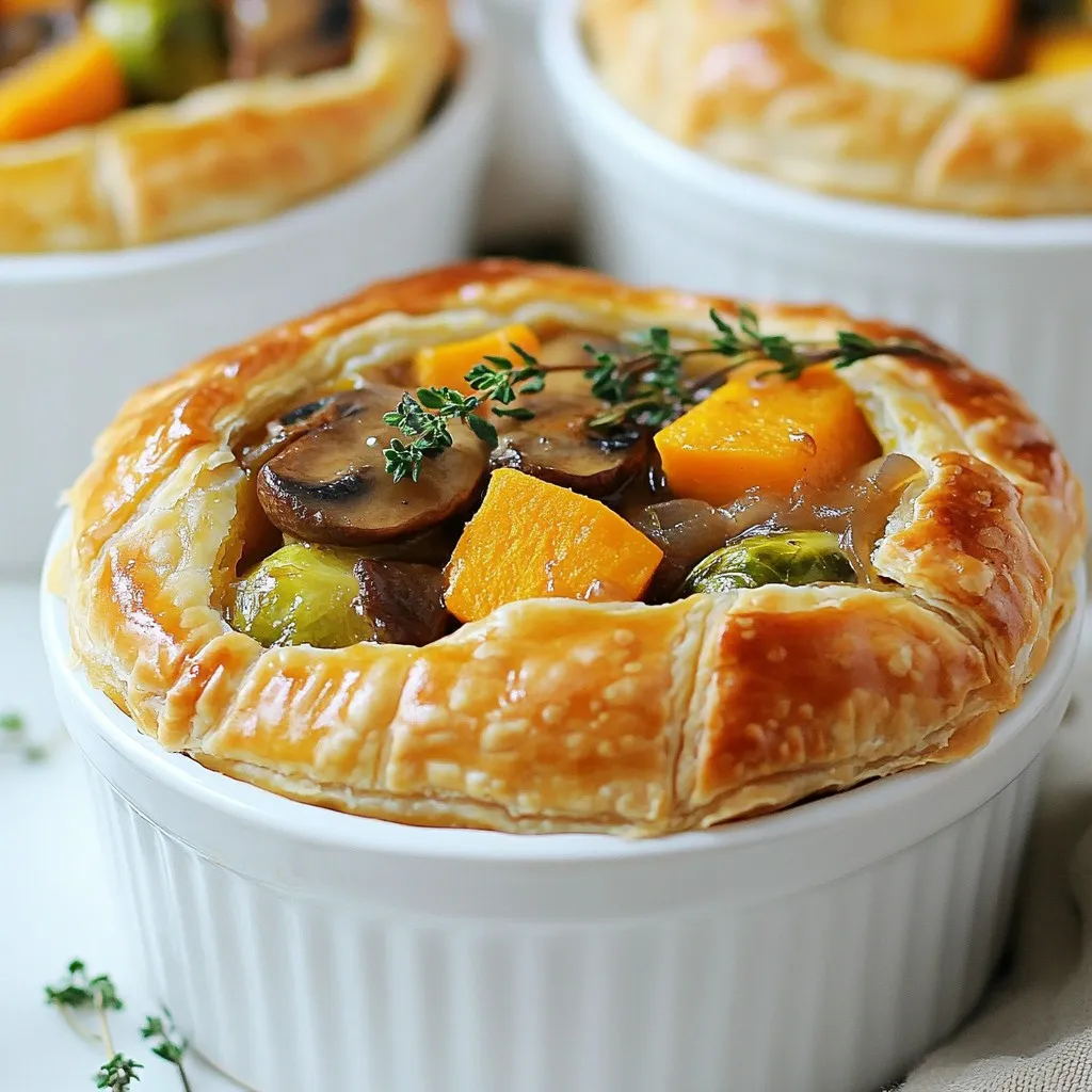 - 1 cup butternut squash, peeled and diced - 1 cup carrots, sliced - 1 cup Brussels sprouts, halved - 1 cup mushrooms, sliced - 1 medium onion, chopped - 2 garlic cloves, minced These vegetables create a colorful and tasty filling. Butternut squash adds a sweet, nutty flavor. Carrots bring crunch and sweetness. Brussels sprouts add a bit of bitterness for balance. Mushrooms give a rich, earthy taste. Onion and garlic add depth to the dish. - 2 cups vegetable broth - 1 cup cream (or non-dairy milk for a vegan version) - 2 tablespoons olive oil - 1 tablespoon fresh thyme (or 1 teaspoon dried) - 1 tablespoon fresh rosemary (or 1 teaspoon dried) - 2 tablespoons all-purpose flour - Salt and pepper to taste The vegetable broth helps to bind everything together. Cream or non-dairy milk makes the filling rich and creamy. Olive oil helps to sauté your veggies until they are soft. Fresh herbs like thyme and rosemary add a lovely aroma. Flour thickens the filling, while salt and pepper enhance the taste. - 1 sheet of puff pastry (thawed) - 1 egg (or plant-based egg wash for a vegan version) for egg wash Puff pastry gives a flaky and golden crust. The egg wash helps the pastry brown nicely. If you want a vegan pie, you can use a plant-based egg wash instead. This makes the pot pies look inviting and appetizing. These ingredients come together to create a warm and hearty dish. Each bite offers a mix of flavors, making this meal perfect for autumn. {{ingredient_image_1}} First, preheat your oven to 400°F (200°C). This gets the oven ready for baking. Next, gather your tools. You will need a large pot, a cutting board, and ramekins for the pot pies. Make sure your kitchen is clean and organized. This makes cooking easier and more fun. Heat two tablespoons of olive oil in the large pot over medium heat. Add one chopped onion and two minced garlic cloves. Sauté these until the onion looks clear. This should take about three to five minutes. Next, toss in one cup of diced butternut squash, one cup of sliced carrots, and one cup of halved Brussels sprouts. Cook these veggies for five to seven minutes until they soften. Now, add in one cup of sliced mushrooms, one tablespoon of fresh thyme, and one tablespoon of fresh rosemary. Season with salt and pepper. Cook for another three to four minutes. Sprinkle two tablespoons of flour over the veggies and stir well. Gradually pour in two cups of vegetable broth while stirring. Bring this mixture to a simmer. Once it simmers, reduce the heat and mix in one cup of cream or non-dairy milk. Let it simmer for five more minutes until it thickens. You can taste it and adjust the seasoning if needed. When the filling is ready, take the pot off the heat and let it cool a bit. Grab your ramekins or small pie dishes. Fill each one with the veggie mixture until it's about three-quarters full. Roll out the puff pastry on a floured surface. Cut it into rounds that are slightly bigger than the ramekins. Place the pastry over the filled dishes and crimp the edges to seal them. Don’t forget to cut a small slit in the top of the pastry. This allows steam to escape during baking. For a golden finish, brush the tops with an egg wash or a plant-based egg wash. Place the pot pies on a baking sheet and bake them in the preheated oven for 25 to 30 minutes. You want the pastry to be golden brown and puffed. Enjoy your warm and cozy autumn veggie pot pies! To make the filling pop with flavor, use fresh herbs. Thyme and rosemary are great choices. You can swap these with dried herbs if fresh ones aren’t available. For a twist, add a pinch of nutmeg or smoked paprika. These spices brighten the dish. For a creamier texture, use non-dairy milk instead of cream. It works just as well. Want more veggies? Zucchini or sweet potatoes also fit in nicely. For a flaky and golden pastry, keep it cold. Chill your puff pastry before rolling it out. This helps it puff up nicely in the oven. Make sure to cut slits in the top. This lets steam escape and prevents sogginess. Brush the pastry with egg wash or a plant-based alternative for a beautiful golden color. Bake until it is crispy and golden brown. Serve your pot pies hot from the oven. This keeps the filling warm and cozy. For a touch of elegance, garnish with fresh thyme sprigs. Place the pot pies on a colorful plate for a nice pop. You can also pair them with a simple side salad. This adds freshness and crunch to your meal. Enjoy every bite! Pro Tips Use Seasonal Vegetables: Incorporate seasonal vegetables for the freshest flavor and optimal nutrition. This will enhance the taste of your pot pies and make them more enjoyable. Let the Filling Cool: Allow the veggie filling to cool slightly before adding the puff pastry. This prevents the pastry from becoming soggy and helps it to puff up beautifully in the oven. Experiment with Herbs: Feel free to experiment with different herbs such as sage or parsley to customize the flavor profile of your pot pies. Fresh herbs can elevate the overall taste. Perfect Puff Pastry: Ensure your puff pastry is cold when working with it to achieve maximum flakiness. Warm pastry can become difficult to handle and won't puff as well. {{image_2}} To make these pot pies vegan, swap out the cream for non-dairy milk. Almond or oat milk works well. Use a plant-based egg wash instead of a regular egg. This change keeps your pot pies creamy and golden without animal products. If you need a gluten-free option, choose an alternative crust. You can use gluten-free puff pastry, or make a crust from almond flour. Just follow the gluten-free flour mix instructions for best results. This way, everyone can enjoy your cozy pot pies. You can change the veggies based on what you like or have. Try sweet potatoes for a sweeter flavor. Spinach or kale adds nutrition and color. Zucchini or parsnips work great too. Seasonal veggies can make your pot pies unique and delicious. To store leftovers, wait for the pot pies to cool. Cover each pie tightly with plastic wrap or foil. You can place them in an airtight container. They will keep well in the fridge for up to three days. Make sure to label the container with the date. This helps you keep track of freshness. If you want to save pot pies for later, freezing is a great option. First, let them cool completely. Wrap each pie tightly with plastic wrap, then place them in a freezer bag. Squeeze out as much air as possible. You can freeze them for up to three months. When ready to eat, you can thaw them in the fridge overnight. To reheat your pot pies, preheat your oven to 350°F (175°C). Remove the plastic wrap and place the pot pie on a baking sheet. Bake for about 20-25 minutes. This ensures the filling heats through and the pastry stays crisp. If you want a quicker option, you can use the microwave. Heat on medium power for about 3-5 minutes. However, this may make the crust less crispy. Enjoy your warm, cozy meal! You can prepare the filling a day before. Cook the veggies and let them cool. Store the filling in the fridge. When ready to bake, fill the ramekins and top with puff pastry. Bake as instructed. This saves time and keeps dinner simple. You can use garlic powder, onion powder, or smoked paprika. Adding a pinch of nutmeg gives warmth. You might also try sage or dill for a fresh taste. Experiment with different herbs to find your perfect blend. Yes, frozen vegetables work well too. They are often picked at peak freshness. Just thaw and drain them before use. This saves prep time and can add convenience to your cooking. Adjust cooking time if needed, as frozen veggies may release extra moisture. Autumn veggie pot pies are a tasty way to enjoy seasonal ingredients. We covered the main ingredients like butternut squash and mushrooms and how to create a great filling. We also explored tips for perfecting your pie and options for those with diet restrictions. Remember, you can play with flavors and veggies. Store and reheat wisely to make the most of your pot pies. Get cooking, and enjoy this cozy dish!