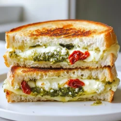 - 4 slices of sourdough bread - 1 cup fresh basil pesto (store-bought or homemade) - 6 ounces mozzarella cheese, shredded Pesto grilled cheese is all about bold flavors and great texture. The sourdough bread gives a nice crunch. It holds up well to the gooey cheese and tasty pesto. I love using fresh basil pesto. You can buy it or make it at home. This spread adds a fresh, herby taste that makes each bite special. Mozzarella cheese is the star here. It melts beautifully and gets all stretchy. I use shredded mozzarella for easy melting. The combination of these ingredients creates a savory sandwich that is hard to resist. - 2 ounces goat cheese, crumbled - 1/4 cup sun-dried tomatoes, chopped - 2 tablespoons olive oil To add more flavor, consider goat cheese. It has a tangy taste that pairs well with pesto. Sun-dried tomatoes bring a slight sweetness and chewy texture. They add depth to the sandwich too. Olive oil is key for cooking. It gives the bread a nice golden color. Plus, it adds richness to the grilled cheese. You can choose to skip the add-ins, but I highly recommend trying them. They make the sandwich even more delicious! {{ingredient_image_1}} - Spread pesto on one side of each slice of sourdough bread. - In a bowl, mix shredded mozzarella, crumbled goat cheese, and chopped sun-dried tomatoes. Season this mix with salt and pepper to taste. - Take two slices of bread, pesto side up. Evenly place the cheese mixture on top. - Place the other two slices of bread on top, pesto side down, to form two sandwiches. - Heat olive oil in a large skillet over medium heat until it shimmers. - Carefully place the sandwiches in the skillet and cook for 3-4 minutes until golden brown and crispy. - Flip the sandwiches and cook the other side for an additional 3-4 minutes. Press down slightly to toast evenly. - Once both sides are golden and the cheese melts, take the sandwiches out of the skillet. - Let the sandwiches rest for a minute before cutting them in half diagonally. Serve hot. To make homemade basil pesto, gather fresh basil, garlic, nuts, olive oil, and cheese. Blend these together until smooth. Adjust the amount of each ingredient to fit your taste. You want a bright, fresh flavor that sings in your sandwich. If you’re short on time, store-bought pesto works great too. Look for brands with simple, natural ingredients for the best taste. For perfect golden brown sandwiches, cook over medium heat. This temperature allows the cheese to melt and the bread to toast evenly. Pressing down gently with a spatula helps create that perfect crunch. When it’s time to flip, do so carefully to keep the filling intact. Cook the other side until it’s just as golden and crispy. Enjoy every bite of this cheesy delight! Pro Tips Use Fresh Ingredients: Fresh basil and high-quality cheese will elevate the flavor of your grilled cheese. Opt for a good mozzarella and fresh pesto for the best results. Perfectly Toasted Bread: Make sure your skillet is hot before adding the sandwiches. This will help achieve a golden-brown crust without burning the bread. Experiment with Cheeses: While mozzarella is classic, feel free to mix in other cheeses like fontina or provolone for a unique twist. Add a Crunch: For extra texture, consider adding a layer of thinly sliced cucumbers or crispy bacon inside the sandwich. {{image_2}} You can change the cheese to make your pesto grilled cheese even better. Adding cheddar cheese gives a rich flavor. Fontina cheese melts well and adds creaminess. If you want a plant-based option, try vegan cheese. Vegan cheese can still bring that gooey texture and flavor. Mix and match these cheeses to find your perfect blend. The type of bread makes a big difference. Sourdough is great, but you can also use whole grain bread for extra fiber. Ciabatta adds a nice crust and chewy texture. If you need gluten-free options, look for gluten-free bread. Many brands now offer tasty gluten-free choices. Explore different breads to keep your meal interesting! To keep your pesto grilled cheese fresh, place the leftovers in an airtight container. This method helps retain flavor and texture. You should refrigerate it within two hours of cooking. The sandwich will stay good for about 3-4 days in the fridge. When you’re ready to eat, you can reheat it easily. To reheat, use a skillet over low heat. This method warms the sandwich without burning it. You can also use an oven if you want the bread crispy again. Just wrap it in foil and heat at 350°F for about 10 minutes. If you want to store your pesto grilled cheese for longer, freezing is a great option. First, let the sandwiches cool completely. Wrap each sandwich tightly in plastic wrap. Then, place them in a freezer bag. This keeps air out and prevents freezer burn. When you want to enjoy them, take a sandwich out and let it thaw in the fridge overnight. After thawing, you can reheat as mentioned above. If stored properly, these sandwiches can last up to 2-3 months in the freezer. This way, you always have a tasty meal on hand! You can enjoy many side dishes with pesto grilled cheese. Here are some tasty options: - Tomato soup: A classic pairing that adds warmth. - Salad: A fresh green salad with a light dressing is great. - Pickles: Crunchy pickles add a nice contrast. - Chips: Crispy chips offer a fun crunch. These sides complete your meal and make it more exciting. Yes, you can make pesto grilled cheese in a toaster oven. Here’s how: 1. Assemble the sandwiches as usual. 2. Preheat the toaster oven to 375°F (190°C). 3. Place the sandwiches on the tray and cook for about 10-12 minutes. 4. Flip halfway to ensure even toasting. Using a toaster oven gives you a crispy sandwich without much fuss. Pesto grilled cheese lasts for about 2-3 days in the fridge. Here are some tips: - Wrap the sandwiches tightly in plastic wrap or foil. - Store them in an airtight container for best results. When you’re ready to eat, reheat them in a skillet or toaster oven. This keeps them crispy and warm. Pesto grilled cheese is a tasty twist on a classic sandwich. You need sourdough, cheese, and pesto to get started. Add in some goat cheese or sun-dried tomatoes for extra flavor. Remember to toast it right for a golden finish. Don't forget about fun variations like using different cheeses or breads. In the end, this dish is simple but great for any meal. So, gather your ingredients and enjoy the rich taste of your pesto grilled cheese creation!