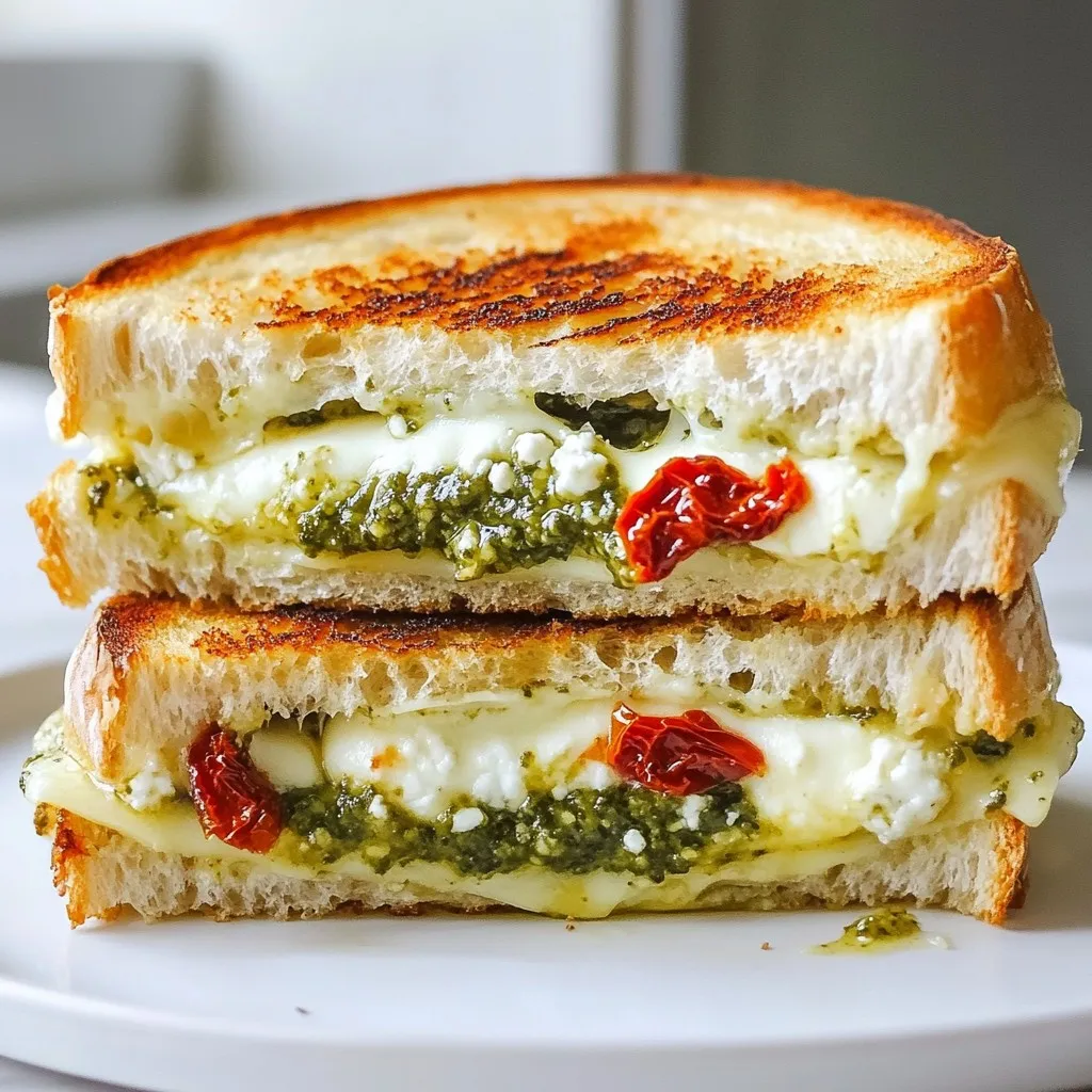 - 4 slices of sourdough bread - 1 cup fresh basil pesto (store-bought or homemade) - 6 ounces mozzarella cheese, shredded Pesto grilled cheese is all about bold flavors and great texture. The sourdough bread gives a nice crunch. It holds up well to the gooey cheese and tasty pesto. I love using fresh basil pesto. You can buy it or make it at home. This spread adds a fresh, herby taste that makes each bite special. Mozzarella cheese is the star here. It melts beautifully and gets all stretchy. I use shredded mozzarella for easy melting. The combination of these ingredients creates a savory sandwich that is hard to resist. - 2 ounces goat cheese, crumbled - 1/4 cup sun-dried tomatoes, chopped - 2 tablespoons olive oil To add more flavor, consider goat cheese. It has a tangy taste that pairs well with pesto. Sun-dried tomatoes bring a slight sweetness and chewy texture. They add depth to the sandwich too. Olive oil is key for cooking. It gives the bread a nice golden color. Plus, it adds richness to the grilled cheese. You can choose to skip the add-ins, but I highly recommend trying them. They make the sandwich even more delicious! {{ingredient_image_1}} - Spread pesto on one side of each slice of sourdough bread. - In a bowl, mix shredded mozzarella, crumbled goat cheese, and chopped sun-dried tomatoes. Season this mix with salt and pepper to taste. - Take two slices of bread, pesto side up. Evenly place the cheese mixture on top. - Place the other two slices of bread on top, pesto side down, to form two sandwiches. - Heat olive oil in a large skillet over medium heat until it shimmers. - Carefully place the sandwiches in the skillet and cook for 3-4 minutes until golden brown and crispy. - Flip the sandwiches and cook the other side for an additional 3-4 minutes. Press down slightly to toast evenly. - Once both sides are golden and the cheese melts, take the sandwiches out of the skillet. - Let the sandwiches rest for a minute before cutting them in half diagonally. Serve hot. To make homemade basil pesto, gather fresh basil, garlic, nuts, olive oil, and cheese. Blend these together until smooth. Adjust the amount of each ingredient to fit your taste. You want a bright, fresh flavor that sings in your sandwich. If you’re short on time, store-bought pesto works great too. Look for brands with simple, natural ingredients for the best taste. For perfect golden brown sandwiches, cook over medium heat. This temperature allows the cheese to melt and the bread to toast evenly. Pressing down gently with a spatula helps create that perfect crunch. When it’s time to flip, do so carefully to keep the filling intact. Cook the other side until it’s just as golden and crispy. Enjoy every bite of this cheesy delight! Pro Tips Use Fresh Ingredients: Fresh basil and high-quality cheese will elevate the flavor of your grilled cheese. Opt for a good mozzarella and fresh pesto for the best results. Perfectly Toasted Bread: Make sure your skillet is hot before adding the sandwiches. This will help achieve a golden-brown crust without burning the bread. Experiment with Cheeses: While mozzarella is classic, feel free to mix in other cheeses like fontina or provolone for a unique twist. Add a Crunch: For extra texture, consider adding a layer of thinly sliced cucumbers or crispy bacon inside the sandwich. {{image_2}} You can change the cheese to make your pesto grilled cheese even better. Adding cheddar cheese gives a rich flavor. Fontina cheese melts well and adds creaminess. If you want a plant-based option, try vegan cheese. Vegan cheese can still bring that gooey texture and flavor. Mix and match these cheeses to find your perfect blend. The type of bread makes a big difference. Sourdough is great, but you can also use whole grain bread for extra fiber. Ciabatta adds a nice crust and chewy texture. If you need gluten-free options, look for gluten-free bread. Many brands now offer tasty gluten-free choices. Explore different breads to keep your meal interesting! To keep your pesto grilled cheese fresh, place the leftovers in an airtight container. This method helps retain flavor and texture. You should refrigerate it within two hours of cooking. The sandwich will stay good for about 3-4 days in the fridge. When you’re ready to eat, you can reheat it easily. To reheat, use a skillet over low heat. This method warms the sandwich without burning it. You can also use an oven if you want the bread crispy again. Just wrap it in foil and heat at 350°F for about 10 minutes. If you want to store your pesto grilled cheese for longer, freezing is a great option. First, let the sandwiches cool completely. Wrap each sandwich tightly in plastic wrap. Then, place them in a freezer bag. This keeps air out and prevents freezer burn. When you want to enjoy them, take a sandwich out and let it thaw in the fridge overnight. After thawing, you can reheat as mentioned above. If stored properly, these sandwiches can last up to 2-3 months in the freezer. This way, you always have a tasty meal on hand! You can enjoy many side dishes with pesto grilled cheese. Here are some tasty options: - Tomato soup: A classic pairing that adds warmth. - Salad: A fresh green salad with a light dressing is great. - Pickles: Crunchy pickles add a nice contrast. - Chips: Crispy chips offer a fun crunch. These sides complete your meal and make it more exciting. Yes, you can make pesto grilled cheese in a toaster oven. Here’s how: 1. Assemble the sandwiches as usual. 2. Preheat the toaster oven to 375°F (190°C). 3. Place the sandwiches on the tray and cook for about 10-12 minutes. 4. Flip halfway to ensure even toasting. Using a toaster oven gives you a crispy sandwich without much fuss. Pesto grilled cheese lasts for about 2-3 days in the fridge. Here are some tips: - Wrap the sandwiches tightly in plastic wrap or foil. - Store them in an airtight container for best results. When you’re ready to eat, reheat them in a skillet or toaster oven. This keeps them crispy and warm. Pesto grilled cheese is a tasty twist on a classic sandwich. You need sourdough, cheese, and pesto to get started. Add in some goat cheese or sun-dried tomatoes for extra flavor. Remember to toast it right for a golden finish. Don't forget about fun variations like using different cheeses or breads. In the end, this dish is simple but great for any meal. So, gather your ingredients and enjoy the rich taste of your pesto grilled cheese creation!
