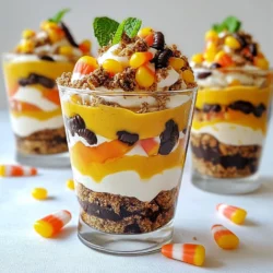 For the Pumpkin Patch Dirt Cups, you'll need the following ingredients: - 1 cup pumpkin puree - 1 cup cream cheese, softened - 1 cup powdered sugar - 1 teaspoon vanilla extract - 1 cup heavy whipping cream - 1 package (14 oz) chocolate sandwich cookies, crushed - 1 cup gummy worms - 1 cup candy corn (optional) - Fresh mint leaves for garnish (optional) These ingredients blend together to create a creamy, sweet layer with a fun crunchy top. The pumpkin puree gives a rich flavor, while the cream cheese adds a smooth texture. The powdered sugar sweetens the mix, and the vanilla extract rounds it all out. The heavy whipping cream is key for that fluffy texture. The crushed chocolate cookies mimic dirt, making this dessert perfect for fall. Gummy worms add a playful touch, and candy corn brings a pop of color. If you want to add a fresh note, mint leaves work great as a garnish. This mix of flavors and textures makes these cups a hit for any autumn gathering! {{ingredient_image_1}} Start by taking a large mixing bowl. Add 1 cup of pumpkin puree, 1 cup of softened cream cheese, 1 cup of powdered sugar, and 1 teaspoon of vanilla extract. Use a hand mixer to beat these ingredients together. Mix until the texture is smooth and fluffy. This step creates a creamy base that is sweet and rich. In another bowl, pour in 1 cup of heavy whipping cream. Use a whisk or mixer to whip the cream until you see stiff peaks. This means the cream should hold its shape well. Once done, gently fold the whipped cream into the pumpkin mixture. This makes your dessert light and airy. Now, grab your serving cups or small jars. Start by layering the bottom with crushed chocolate sandwich cookies to mimic dirt. Spread a layer of the pumpkin mixture over the cookie crumbs. Repeat these layers for a fun look. Add more crushed cookies, then another layer of the pumpkin mix. Finish with a sprinkle of crushed cookies on top. This creates a nice texture. To make it fun, decorate the top with gummy worms. Place them so it looks like they are crawling out of the dirt. If you want, add some candy corn for a splash of color and sweetness. You can also garnish with fresh mint leaves for a nice touch. Softened cream cheese is key for a smooth mix. It blends well with other ingredients. If it’s cold, lumps will form. Leave it out for about 30 minutes before use. Whipping cream needs to be cold for best results. Start with a chilled bowl and beat until stiff peaks form. This gives the dessert a light and airy feel. Don’t overmix; you want it fluffy. Garnishing adds charm to your cups. Try fresh mint leaves for color and taste. Gummy worms make the dessert fun, but you can also use other candies. Candy corn adds a sweet crunch on top. Using different cup sizes can make your dessert look fancy. Small jars or larger cups can create a fun display. Layering looks great, so show off those cookie and pumpkin layers! You can prep these cups a day before serving. Just keep the layers separate if you want them fresh. Store the whipped cream and pumpkin mix in the fridge. For best taste, assemble the cups just before serving. If not, the cookies might get soggy. Cover them well in the fridge to keep flavors fresh. Pro Tips Use Fresh Pumpkin Puree: For the best flavor, consider roasting a pumpkin and making your own puree instead of using canned pumpkin. Chill Before Serving: Allow the dirt cups to chill in the refrigerator for at least an hour before serving. This helps the flavors meld and the texture to set. Creative Layering: Experiment with the layering of the cookies and pumpkin mixture to create a visually appealing dessert that showcases the colors. Make Ahead: You can prepare the pumpkin mixture a day in advance and store it in the refrigerator. Just layer it with the cookies and toppings before serving. {{image_2}} You can switch up the flavors in Pumpkin Patch Dirt Cups. For instance, try using vanilla or butterscotch pudding. Each flavor adds a unique twist to the base. If you want to make this dessert gluten-free, choose gluten-free chocolate cookies. You can find these at most grocery stores. For a dairy-free option, use coconut cream instead of heavy cream. There are also dairy-free cream cheeses available. These swaps let everyone enjoy this fall treat. Let’s get creative with themes! For a Halloween twist, add spooky candy eyes on top. You can also use orange and black sprinkles for extra fun. If you want a Thanksgiving theme, consider adding mini pumpkins or pecans on top. You can even layer in apple pie filling for a seasonal touch. These variations will make your dessert stand out at any party. Pumpkin Patch Dirt Cups pair well with other fall desserts. Try serving them alongside apple crisp or pumpkin pie. These treats work great for parties or family gatherings. They are fun for Halloween parties, Thanksgiving feasts, or school events. Kids and adults alike will love digging into these fun cups. Serve them in clear cups to show off the layers. Everyone will enjoy the tasty look of this delightful dessert! To store Pumpkin Patch Dirt Cups, cover them with plastic wrap. This keeps the layers fresh and moist. Place them in the refrigerator. Make sure to keep them away from strong-smelling foods. This helps keep their taste great. For best results, eat them within three days. If you see the layers start to separate, it’s time to toss them. Yes, you can freeze Pumpkin Patch Dirt Cups, but it changes the texture. Freeze them in airtight containers. This helps prevent freezer burn. When you're ready to eat, thaw them in the fridge overnight. Avoid using a microwave to thaw, as it can ruin the layers. In the fridge, these cups last about three to five days. Look for signs of spoilage like a sour smell or watery layers. If they smell off or look strange, it’s best to throw them out. Always trust your nose and eyes when checking for freshness. Yes, you can prepare these cups ahead of time. Make the pumpkin mixture and whipped cream the day before. Layer the cups and chill them in the fridge. The flavors blend well overnight. Just add the gummy worms and any other toppings right before serving. This keeps them fresh and fun! Absolutely! To make these cups dairy-free, swap the cream cheese for a dairy-free cream cheese. Use coconut cream or a dairy-free whipping cream instead of heavy cream. Both options provide a rich and creamy texture. Check the labels on the products to ensure they fit your needs. If gummy worms aren't your thing, try different candies. Use chocolate spiders or pumpkin candies for a seasonal touch. You could even use fruit slices like strawberries or oranges. These can add a fun twist to your dessert while keeping it colorful and tasty! This article shared fun and easy steps to make Pumpkin Patch Dirt Cups. We covered the ingredients, mixing, assembling, and storing tips. You can also explore themed variations for special occasions. Remember to keep your pumpkin mixture smooth and whipped cream fluffy for the best taste. Serve these tasty treats in creative ways or pair them with other desserts. Whether you make them for a party or just for fun, you will enjoy every bite. Enjoy your fall treat adventure with these simple yet delicious cups!