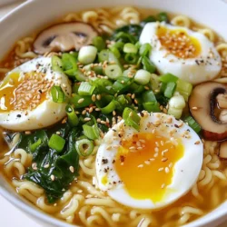 - Instant ramen noodles - Chicken or vegetable broth - Soy sauce - Miso paste - Garlic powder - Ginger powder - Shiitake mushrooms, sliced - Baby spinach - Green onions, chopped - Eggs - Sesame seeds for garnish To start, you need two packs of instant ramen. Discard the seasoning packets, as they may not fit our savory hack. Next, grab four cups of either chicken or vegetable broth. This is the base for your ramen, so choose what you like best. Now, let’s add some flavor. You will need one tablespoon each of soy sauce and miso paste. Both add depth to the broth. Then, for a tasty kick, include one teaspoon each of garlic powder and ginger powder. Next, fresh ingredients bring life to your ramen. Use one cup of sliced shiitake mushrooms and two cups of baby spinach. These add great texture and nutrition. For the finishing touches, chop two green onions. They will give your dish a nice crunch. Lastly, don’t forget the eggs! You will need two large eggs for a perfect poached topping. For garnish, sprinkle sesame seeds on top for an added crunch. This mix of ingredients makes your savory ramen both easy and delicious. {{ingredient_image_1}} 1. Start by bringing 4 cups of chicken or vegetable broth to a simmer in a large pot. 2. Once the broth is hot, add 1 tablespoon of soy sauce and 1 tablespoon of miso paste. 3. Stir well to mix until the miso dissolves. The broth gains a rich flavor from these additions. 1. Now, it's time to add the sliced shiitake mushrooms. 2. Let them simmer in the broth for about 5 minutes. They will soften and add depth to your dish. 3. After the mushrooms are tender, add 2 cups of baby spinach. Cook until it wilts, which takes about 1-2 minutes. 1. While the broth simmers, boil water in a separate pot. 2. Cook 2 packs of instant ramen noodles according to the package instructions. Drain them well and set aside. 3. Next, crack 2 large eggs into the simmering broth. Poach them for 6-8 minutes for a soft-boiled effect. 4. Once the eggs are done, divide the cooked ramen noodles into serving bowls. 5. Ladle the hot broth with mushrooms and spinach over the noodles. 6. Place a poached egg on top of each bowl. 7. Finish with chopped green onions and a sprinkle of sesame seeds for garnish. This quick and easy recipe brings joy and warmth in every bowl. Enjoy! Using homemade broth can boost taste. It offers depth that store-bought broth lacks. If you use store-bought, choose a low-sodium option. This choice helps you control salt levels. For perfect seasoning, start with small amounts. Add soy sauce and miso paste slowly. Taste after each addition. This method ensures a balanced flavor. To achieve the right egg doneness, you need to time it well. For soft-boiled eggs, aim for 6-8 minutes in the broth. This timing gives you a runny yolk. If you prefer hard-boiled, leave them longer. You can also use the stovetop method. Boil water, then add eggs for 6-8 minutes. After, place them in ice water to cool. Quick tips can speed up your ramen prep. First, use pre-sliced mushrooms to save time. Second, wash and chop greens ahead of time. This way, you can toss them in quickly. Consider cooking eggs in bulk. Store them in the fridge for easy use. Lastly, prepare your broth the day before. Just reheat it when you’re ready to eat. Pro Tips Use Fresh Ingredients: Whenever possible, opt for fresh vegetables and mushrooms to enhance the flavor and nutrition of your ramen. Customize Your Broth: Feel free to experiment with different broths or add ingredients like chili oil or sesame oil for an extra kick. Perfectly Poached Eggs: To achieve the perfect poached egg, make sure to keep the broth at a gentle simmer and avoid boiling. Garnish for Flavor: Don't skip the garnish! Fresh herbs, sesame seeds, or chili flakes can elevate the dish and add visual appeal. {{image_2}} You can easily swap out some ingredients in this ramen. Here are some ideas: - Alternative vegetables: Try using bok choy, carrots, or bell peppers. They add color and crunch. - Different types of mushrooms: If you can't find shiitake, use button mushrooms or oyster mushrooms. Each type brings its own flavor. To change the taste, add some fun flavors: - Spicy variations with chili oil: Drizzle a bit of chili oil on top for heat. It really wakes up the dish! - Umami boost with additional sauces: Add a dash of fish sauce or hoisin sauce for more depth. These sauces can change the whole bowl. You can also make this ramen fit different diets: - Vegan alternative substitutions: Use vegetable broth and skip the eggs. You can add tofu for protein. - Gluten-free ramen options: Look for gluten-free noodles made from rice or buckwheat. They taste great and fit your needs. To store your ramen, first cool it to room temperature. Place the noodles and broth in separate airtight containers. This keeps the noodles from getting soggy. For the eggs, store them in the broth if you plan to eat them soon. If not, keep them in a separate container. Use them within three days for the best taste. To reheat ramen, add the broth to a pot and warm it over medium heat. This method helps keep the flavor intact. Once the broth is hot, add the noodles and stir gently. Heat until the noodles are warm. For poached eggs, place them in a bowl of warm water for a few minutes. This gently warms them without cooking them further. You can freeze ramen broth. Just let it cool and pour it into freezer-safe containers. It freezes well for up to three months. For cooked noodles, it’s best to freeze them plain. Avoid freezing the cooked noodles with broth. If you freeze veggies, blanch them first to keep their color and taste. You can make your ramen unique in many ways. Start by adding proteins. Try sliced chicken, pork, or tofu. You can also use shrimp or beef. For toppings, consider soft-boiled eggs, seaweed, or corn. Add spice with chili oil or fresh jalapeños. Don’t forget herbs like cilantro or basil for fresh flavor. Yes, you can easily make this ramen vegetarian. Use vegetable broth instead of chicken broth. For added flavor, include soy sauce and miso paste. Replace eggs with tofu or extra vegetables. You could use carrots, bamboo shoots, or even edamame. This keeps the dish hearty and satisfying. To cook the ramen noodles, follow these steps: 1. Boil water in a pot. Use enough water to cover the noodles. 2. Add the noodles to the boiling water. 3. Cook according to package instructions, usually 3-5 minutes. 4. Stir occasionally to prevent sticking. 5. Once done, drain the noodles well. Rinse with cold water to stop cooking. This method gives you perfect noodles for your savory ramen! In this post, we explored how to make a delicious ramen dish. We covered the essential ingredients, from flavorful broth to fresh toppings. I shared step-by-step instructions and tips for enhancing flavor and saving time. You can customize your ramen with various ingredients to suit your tastes. Try out different variations and storage tips to enjoy this meal later. Ramen is a fun dish to create and enjoy, so get cooking!