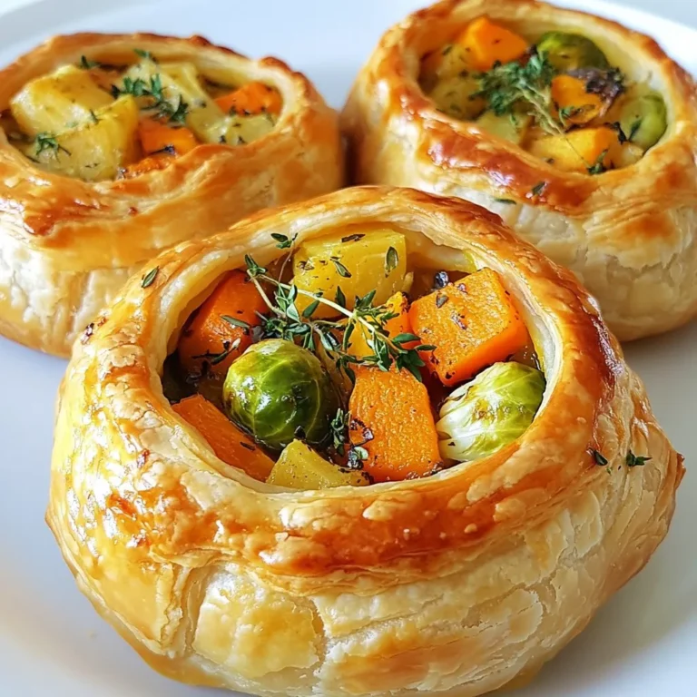 - 1 tablespoon olive oil - 1 medium onion, diced - 3 cloves garlic, minced - 2 medium carrots, diced - 1 medium parsnip, diced - 1 cup butternut squash, peeled and cubed - 1 cup Brussels sprouts, trimmed and halved - 1 cup vegetable broth - 1 tablespoon soy sauce - 1 teaspoon dried thyme - 1 teaspoon dried rosemary - Salt and black pepper, to taste These essential ingredients form the heart of your pot pie. The olive oil gives flavor and richness. The vegetables bring color, texture, and nutrients. The broth and soy sauce enhance the taste, making each bite savory. Dried herbs like thyme and rosemary add a warm, earthy aroma. Salt and pepper tie it all together, balancing flavors. - 1 tablespoon cornstarch mixed with 2 tablespoons water (optional, for thicker filling) - 1 egg, beaten (for egg wash) Cornstarch helps thicken your filling if you like a heartier texture. The egg wash gives the crust a beautiful, golden color when baked. While these are optional, they can elevate your dish. - 1 package of puff pastry (2 sheets), thawed - Salt and black pepper Puff pastry is key for that flaky, buttery crust. It creates a delightful contrast to the warm filling. Using salt and pepper in the pastry enhances the overall taste. Make sure to have these on hand for the best pot pie experience. {{ingredient_image_1}} 1. Sautéing the onion and garlic Start by heating 1 tablespoon of olive oil in a large skillet over medium heat. Add 1 medium diced onion. Cook it for about 5 minutes until it softens. Then, add 3 cloves of minced garlic. Cook this for 1 more minute until it smells great. 2. Cooking the root vegetables Next, add 2 medium diced carrots, 1 medium diced parsnip, and 1 cup of cubed butternut squash to the skillet. Stir everything together. Cook for 8 to 10 minutes. Stir a few times until the vegetables begin to soften. 3. Adding Brussels sprouts and broth Now, add 1 cup of halved Brussels sprouts. Pour in 1 cup of vegetable broth. Add 1 tablespoon of soy sauce, 1 teaspoon of dried thyme, and 1 teaspoon of dried rosemary. Season with salt and black pepper to taste. Bring the mixture to a boil, then lower the heat. Simmer for 10 minutes. If you want a thicker filling, mix 1 tablespoon of cornstarch with 2 tablespoons of water. Stir it in. Remove from heat and let it cool. 1. Preparing the puff pastry Preheat your oven to 400°F (200°C). Take one sheet of thawed puff pastry. Roll it out on a floured surface. Cut it into circles that fit your pie dishes. Place these circles in the greased dishes. 2. Filling pastry with the vegetable mixture Spoon the cooled vegetable filling into each pastry. Make sure not to overfill them. 3. Covering and sealing the pies Roll out the second sheet of puff pastry. Cut a larger circle to cover your filled pies. Place it on top. Seal the edges by crimping them with a fork. Cut a few slits on top to let steam escape. 1. Preheating the oven and preparing for baking Your oven should already be preheated to 400°F (200°C). This ensures the pies bake evenly. 2. Brushing with egg wash Take 1 beaten egg and brush it on the tops of the pot pies. This gives them a nice golden color when baked. 3. Baking duration and indicators for doneness Bake the pot pies in the oven for 25 to 30 minutes. Look for a golden brown color and a crisp pastry. When done, let them cool slightly before serving. To roll out puff pastry, keep it cold. This helps create a flaky texture. Dust your work surface with flour. This prevents sticking. Use a rolling pin to roll the pastry evenly. Aim for about 1/8 inch thick. For a flaky texture, don’t overwork the dough. Handle it gently and quickly. Keep the pastry on a chilled surface. You can even refrigerate the rolled-out pastry for a bit. This helps maintain its structure. Use fresh herbs for the best taste. Thyme and rosemary pair well with autumn veggies. Dried herbs also work nicely if you don’t have fresh ones. You can mix in sage or oregano for more depth. For added flavor, consider spices like paprika or nutmeg. A splash of lemon juice brightens the filling. Soy sauce adds umami and richness. Taste as you go and adjust seasoning to your liking. Pair your pot pies with a side salad. A vibrant mixed salad adds color and freshness. Consider using greens like arugula or spinach. These complement the hearty pot pie. For presentation, sprinkle fresh parsley on top. It adds a pop of color. Serve the pot pies in their dishes for a rustic look. This makes every meal feel special. Pro Tips Use Fresh Herbs: Fresh thyme and rosemary elevate the flavor of your pot pies. If available, try using fresh instead of dried for a more aromatic dish. Customize Your Veggies: Feel free to swap out vegetables based on what's in season or your personal preferences. Sweet potatoes or green beans can make excellent additions! Thicker Filling Option: For a heartier filling, make sure to add the cornstarch mixture. It helps bind the vegetables and prevents the filling from being too watery. Egg Wash for Shine: Don’t skip the egg wash on top of the pastry! It gives the pot pies a beautiful golden color and a crispy texture when baked. {{image_2}} You can easily switch up the veggies in your pot pie. Try using sweet potatoes for a hint of sweetness. Kale adds great nutrition and color. Don't forget about legumes! Lentils and chickpeas boost the protein content and make the dish heartier. You have options for the pastry crust. Homemade crust can give you a special touch. It lets you pick the best ingredients. If you prefer store-bought, that works too! For those who need gluten-free choices, look for gluten-free pastry substitutes. Many brands offer tasty options that fit your needs. To make the filling pop, add some savory spices. Thyme and rosemary work wonders, but you can also explore paprika or cumin. Mixing in cheese, like cheddar or goat cheese, adds richness. This extra creamy layer makes your pot pie even more comforting and delicious. To store your leftover pot pies, let them cool first. Place them in airtight containers. This keeps them fresh. You can also wrap them tightly with plastic wrap. In the fridge, they last for 3 to 4 days. If you want to freeze your pot pies, ensure they are cool. Wrap each pie in plastic wrap or aluminum foil. This prevents freezer burn. Store them in a freezer-safe bag. They keep well for up to 3 months. To thaw, place them in the fridge overnight. For reheating, use the oven for the best results. Preheat the oven to 350°F (175°C). Place the pot pie on a baking sheet. Bake for about 20 minutes or until heated through. If you're in a hurry, the microwave works too. Heat on medium power for 4 to 5 minutes. To keep your crust crispy, use the oven whenever possible. Yes, you can! While puff pastry is light and flaky, there are other options. You can use pie crust, biscuit dough, or even phyllo dough. Each crust brings a different texture and flavor. If you like, try a cornbread topping for a fun twist! Just roll it out or shape it to fit your dish. If your filling is too runny, don’t worry! You have a couple of easy options. First, add a cornstarch mixture. Mix 1 tablespoon of cornstarch with 2 tablespoons of water and stir it into your filling. Cook it a little longer until it thickens. Another way is to let your filling cool before adding it to the crust. A cooler filling is less likely to run. Pot pies are hearty, so they pair well with light sides. A fresh mixed salad adds color and crunch. You can also serve roasted vegetables or mashed potatoes for extra comfort. Steamed greens like broccoli or green beans are great too! They add a nice balance to the rich pie. This blog post covered the essential and optional ingredients for savory pot pies. I shared steps to prepare the vegetable filling, assemble the pies, and bake them to perfection. You can enhance your pies with tips on crust texture and flavor. Explore variations to suit your tastes and find storage solutions for leftovers. Remember, pot pies allow for creativity and warmth in every bite. Embrace the cooking process, and enjoy them shared with loved ones!