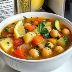 To make Mediterranean Veggie Soup, you will need: - 1 tablespoon olive oil - 1 onion, diced - 2 cloves garlic, minced - 2 carrots, diced - 1 zucchini, diced - 1 red bell pepper, diced - 1 can (14 oz) chickpeas, drained and rinsed - 4 cups vegetable broth - 1 can (14 oz) diced tomatoes, with juices - 1 teaspoon dried oregano - 1 teaspoon dried thyme - 1 teaspoon smoked paprika - Salt and pepper to taste - 2 cups fresh spinach or kale, roughly chopped - Juice of 1 lemon - Fresh parsley, chopped for garnish You can make this soup even better with a few add-ins: - Add more veggies like corn, green beans, or potatoes. - Stir in some cooked quinoa or rice for extra texture. - Top with crumbled feta cheese or olives for a salty kick. - A sprinkle of red pepper flakes adds warmth and spice. This soup is not only tasty but also healthy. Here are some key points: - Rich in fiber from vegetables and chickpeas. - Low in calories, making it great for weight loss. - Packed with vitamins and minerals from fresh veggies. - The olive oil provides healthy fats that support heart health. Enjoy the health benefits and flavors of this easy Mediterranean Veggie Soup! {{ingredient_image_1}} To start, gather all your ingredients. You need olive oil, onion, garlic, carrots, zucchini, and red bell pepper. Also, have chickpeas, vegetable broth, diced tomatoes, herbs, salt, and pepper ready. Don't forget the greens and lemon juice for flavor. This step takes just a few minutes. 1. Heat the olive oil in a large pot over medium heat. 2. Add the diced onion and sauté for about 5 minutes until it is soft. 3. Stir in the minced garlic and cook for 1 more minute. You want the kitchen to smell good! 4. Now, add the carrots, zucchini, and red bell pepper. Sauté these veggies for 5 minutes. Stir them often. 5. Add the drained chickpeas, vegetable broth, diced tomatoes, oregano, thyme, and smoked paprika. Mix it all nicely. 6. Bring the soup to a gentle boil. Then, lower the heat and let it simmer. This will take about 15-20 minutes. 7. Taste your soup and add salt and pepper as needed. 8. Add the chopped spinach or kale and the lemon juice. Stir well and cook for 5 more minutes until the greens wilt. 9. Take the pot off the heat and let it cool slightly. Ladle the soup into deep bowls. For a nice touch, sprinkle some fresh parsley on top. You can also add a lemon wedge on the side. This soup pairs great with crusty bread, perfect for dipping. Enjoy your delicious Mediterranean Veggie Soup! To boost flavor in your Mediterranean veggie soup, use fresh herbs. Add basil or dill for a bright note. A touch of lemon juice adds zing, making it fresh. You can also play with spices. Try adding a pinch of cayenne for heat. Use a good quality vegetable broth for depth. Lastly, sauté your garlic and onion until golden to unlock sweetness. One common mistake is overcooking the veggies. You want them tender, not mushy. Avoid using canned tomatoes without their juices; they add flavor. Skipping the seasoning can dull your soup. Remember to taste as you cook. Adding greens too early can lead them to lose color and nutrients. Lastly, don’t forget the lemon juice; it brightens the dish. Start with a hot pot when sautéing. This helps vegetables cook evenly. Stir often to prevent sticking and burning. Layer flavors by adding ingredients step by step. First the onion, then the garlic, and so on. Allow the soup to simmer gently; this melds flavors well. When serving, garnish with parsley for color and freshness. Enjoy with crusty bread for a full meal. Pro Tips Use Fresh Herbs: Fresh herbs like parsley or basil can elevate the flavor of your soup. Add them just before serving for a burst of freshness. Customize Veggies: Feel free to swap in your favorite seasonal vegetables. This soup is versatile and can accommodate whatever you have on hand. Make it Creamy: For a creamier texture, blend a portion of the soup after cooking and return it to the pot. This will create a lovely, thick consistency. Store and Reheat: This soup stores well in the refrigerator for up to 5 days. Reheat gently on the stove, adding a splash of broth or water to loosen it up. {{image_2}} This soup is already vegan friendly! You just need to watch the broth. Use vegetable broth to keep it plant-based. Pair it with a squeeze of lemon for extra zest. You can also add more veggies, like mushrooms or sweet potatoes, for variety. They add texture and flavor. This soup is naturally gluten-free. Just ensure your broth is labeled gluten-free. Chickpeas are a great source of protein and fiber. They fit perfectly in this dish. If you want to thicken the soup, blend a portion of it. This adds creaminess without any gluten. Feel free to swap ingredients based on what you have. Instead of zucchini, try yellow squash. Bell peppers can be replaced with any color you like. For greens, use Swiss chard or collard greens. If you're missing chickpeas, white beans work well too. Use what you have to make this soup your own! Store your leftover Mediterranean veggie soup in an airtight container. It stays fresh in the fridge for up to five days. Make sure to let the soup cool down before sealing it. This helps keep the flavors intact. To freeze the soup, use freezer-safe containers. Leave some space at the top for expansion. You can freeze it for up to three months. Label the containers with the date. This way, you won't forget how long it's been in there. When it’s time to enjoy the soup again, heat it gently on the stove. Stir it often to avoid sticking. You can also use a microwave. Heat it in short bursts, stirring in between. Add a splash of vegetable broth if it’s too thick after reheating. Enjoy your warm, hearty soup! Yes, you can use different vegetables in this soup. Feel free to add your favorites. Good choices include green beans, peas, or sweet potatoes. Just cut them into small pieces so they cook well. You can mix and match based on what you have at home. This soup is very flexible. Mediterranean Veggie Soup lasts about 3 to 5 days in the fridge. Store it in an airtight container. You can also freeze it for longer storage. Just make sure to leave some space in the container, as the soup may expand when frozen. This soup is packed with nutrients. It contains many vegetables, which give you vitamins and fiber. Chickpeas add protein and help you feel full. Spinach or kale boosts your iron intake. Plus, olive oil supports heart health. Enjoying this soup can help you eat more plants and feel great! This blog post covered all you need to know about Mediterranean Veggie Soup. We explored the ingredients, step-by-step cooking process, and helpful tips. You learned about tasty variations and how to store your soup properly. Remember, cooking should be fun and easy. Use this guide to make your soup flavorful and delicious. Enjoy your cooking adventures!