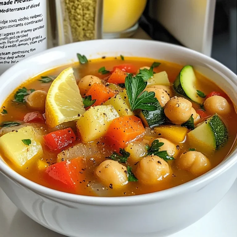 To make Mediterranean Veggie Soup, you will need: - 1 tablespoon olive oil - 1 onion, diced - 2 cloves garlic, minced - 2 carrots, diced - 1 zucchini, diced - 1 red bell pepper, diced - 1 can (14 oz) chickpeas, drained and rinsed - 4 cups vegetable broth - 1 can (14 oz) diced tomatoes, with juices - 1 teaspoon dried oregano - 1 teaspoon dried thyme - 1 teaspoon smoked paprika - Salt and pepper to taste - 2 cups fresh spinach or kale, roughly chopped - Juice of 1 lemon - Fresh parsley, chopped for garnish You can make this soup even better with a few add-ins: - Add more veggies like corn, green beans, or potatoes. - Stir in some cooked quinoa or rice for extra texture. - Top with crumbled feta cheese or olives for a salty kick. - A sprinkle of red pepper flakes adds warmth and spice. This soup is not only tasty but also healthy. Here are some key points: - Rich in fiber from vegetables and chickpeas. - Low in calories, making it great for weight loss. - Packed with vitamins and minerals from fresh veggies. - The olive oil provides healthy fats that support heart health. Enjoy the health benefits and flavors of this easy Mediterranean Veggie Soup! {{ingredient_image_1}} To start, gather all your ingredients. You need olive oil, onion, garlic, carrots, zucchini, and red bell pepper. Also, have chickpeas, vegetable broth, diced tomatoes, herbs, salt, and pepper ready. Don't forget the greens and lemon juice for flavor. This step takes just a few minutes. 1. Heat the olive oil in a large pot over medium heat. 2. Add the diced onion and sauté for about 5 minutes until it is soft. 3. Stir in the minced garlic and cook for 1 more minute. You want the kitchen to smell good! 4. Now, add the carrots, zucchini, and red bell pepper. Sauté these veggies for 5 minutes. Stir them often. 5. Add the drained chickpeas, vegetable broth, diced tomatoes, oregano, thyme, and smoked paprika. Mix it all nicely. 6. Bring the soup to a gentle boil. Then, lower the heat and let it simmer. This will take about 15-20 minutes. 7. Taste your soup and add salt and pepper as needed. 8. Add the chopped spinach or kale and the lemon juice. Stir well and cook for 5 more minutes until the greens wilt. 9. Take the pot off the heat and let it cool slightly. Ladle the soup into deep bowls. For a nice touch, sprinkle some fresh parsley on top. You can also add a lemon wedge on the side. This soup pairs great with crusty bread, perfect for dipping. Enjoy your delicious Mediterranean Veggie Soup! To boost flavor in your Mediterranean veggie soup, use fresh herbs. Add basil or dill for a bright note. A touch of lemon juice adds zing, making it fresh. You can also play with spices. Try adding a pinch of cayenne for heat. Use a good quality vegetable broth for depth. Lastly, sauté your garlic and onion until golden to unlock sweetness. One common mistake is overcooking the veggies. You want them tender, not mushy. Avoid using canned tomatoes without their juices; they add flavor. Skipping the seasoning can dull your soup. Remember to taste as you cook. Adding greens too early can lead them to lose color and nutrients. Lastly, don’t forget the lemon juice; it brightens the dish. Start with a hot pot when sautéing. This helps vegetables cook evenly. Stir often to prevent sticking and burning. Layer flavors by adding ingredients step by step. First the onion, then the garlic, and so on. Allow the soup to simmer gently; this melds flavors well. When serving, garnish with parsley for color and freshness. Enjoy with crusty bread for a full meal. Pro Tips Use Fresh Herbs: Fresh herbs like parsley or basil can elevate the flavor of your soup. Add them just before serving for a burst of freshness. Customize Veggies: Feel free to swap in your favorite seasonal vegetables. This soup is versatile and can accommodate whatever you have on hand. Make it Creamy: For a creamier texture, blend a portion of the soup after cooking and return it to the pot. This will create a lovely, thick consistency. Store and Reheat: This soup stores well in the refrigerator for up to 5 days. Reheat gently on the stove, adding a splash of broth or water to loosen it up. {{image_2}} This soup is already vegan friendly! You just need to watch the broth. Use vegetable broth to keep it plant-based. Pair it with a squeeze of lemon for extra zest. You can also add more veggies, like mushrooms or sweet potatoes, for variety. They add texture and flavor. This soup is naturally gluten-free. Just ensure your broth is labeled gluten-free. Chickpeas are a great source of protein and fiber. They fit perfectly in this dish. If you want to thicken the soup, blend a portion of it. This adds creaminess without any gluten. Feel free to swap ingredients based on what you have. Instead of zucchini, try yellow squash. Bell peppers can be replaced with any color you like. For greens, use Swiss chard or collard greens. If you're missing chickpeas, white beans work well too. Use what you have to make this soup your own! Store your leftover Mediterranean veggie soup in an airtight container. It stays fresh in the fridge for up to five days. Make sure to let the soup cool down before sealing it. This helps keep the flavors intact. To freeze the soup, use freezer-safe containers. Leave some space at the top for expansion. You can freeze it for up to three months. Label the containers with the date. This way, you won't forget how long it's been in there. When it’s time to enjoy the soup again, heat it gently on the stove. Stir it often to avoid sticking. You can also use a microwave. Heat it in short bursts, stirring in between. Add a splash of vegetable broth if it’s too thick after reheating. Enjoy your warm, hearty soup! Yes, you can use different vegetables in this soup. Feel free to add your favorites. Good choices include green beans, peas, or sweet potatoes. Just cut them into small pieces so they cook well. You can mix and match based on what you have at home. This soup is very flexible. Mediterranean Veggie Soup lasts about 3 to 5 days in the fridge. Store it in an airtight container. You can also freeze it for longer storage. Just make sure to leave some space in the container, as the soup may expand when frozen. This soup is packed with nutrients. It contains many vegetables, which give you vitamins and fiber. Chickpeas add protein and help you feel full. Spinach or kale boosts your iron intake. Plus, olive oil supports heart health. Enjoying this soup can help you eat more plants and feel great! This blog post covered all you need to know about Mediterranean Veggie Soup. We explored the ingredients, step-by-step cooking process, and helpful tips. You learned about tasty variations and how to store your soup properly. Remember, cooking should be fun and easy. Use this guide to make your soup flavorful and delicious. Enjoy your cooking adventures!
