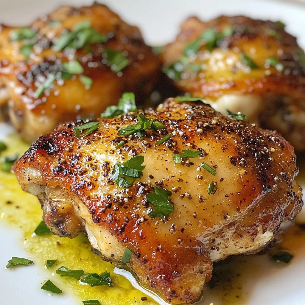 To make crispy Nigella chicken thighs, you need simple, fresh ingredients. Here’s what you will need: - 4 bone-in, skin-on chicken thighs - 2 tablespoons nigella seeds - 2 tablespoons olive oil - 1 tablespoon garlic powder - 1 teaspoon onion powder - 1 teaspoon smoked paprika - Salt and pepper to taste - Fresh parsley, chopped (for garnish) Each ingredient plays an important role. The chicken thighs offer juiciness and flavor. Nigella seeds give a unique taste that makes the dish special. Olive oil helps with browning and crispiness. Garlic and onion powder add depth. Smoked paprika brings a hint of smokiness. Salt and pepper enhance the overall flavor. If you can’t find nigella seeds, try using sesame seeds or poppy seeds. They won’t taste the same, but they add crunch. For olive oil, avocado oil works well too. If you don’t have garlic powder, use fresh minced garlic. You can use fresh onions instead of onion powder but remember to add them in smaller amounts. Choosing fresh ingredients will improve your dish. Look for chicken thighs that have bright skin and no off smell. The meat should feel firm and not slimy. When selecting spices, check the expiration date. Fresh spices lend better flavor. Fresh parsley should be vibrant green. Avoid wilting or yellowed leaves. These small choices make your crispy Nigella chicken thighs taste even better. {{ingredient_image_1}} First, heat your oven to 425°F (220°C). This high temperature helps get that crispy skin. While the oven heats, take your chicken thighs and pat them dry with paper towels. This step is key. Dry skin means crispier chicken. In a small bowl, mix the nigella seeds, garlic powder, onion powder, smoked paprika, olive oil, salt, and pepper. This blend makes a tasty paste. Use your hands to rub this mixture on the chicken thighs. Make sure to get under the skin. That’s where the flavor hides. Place the chicken thighs on a baking sheet lined with parchment paper. This helps with cleanup and cooking. Bake for 30 to 35 minutes. Look for golden brown skin. If you want extra crispiness, you can broil them for the last 3 to 5 minutes. Keep a close eye to avoid burning. Once done, let the chicken rest for 5 minutes. Sprinkle some fresh parsley on top for a bright finish. Enjoy your crispy Nigella chicken! To get that perfect crispy skin on your chicken thighs, start by drying them well. Use paper towels to pat the chicken completely dry. This step removes excess moisture, which helps the skin crisp up nicely. After drying, rub a mix of olive oil and spices under the skin. This method seals in flavor and boosts crispiness. For great flavor, let the chicken marinate for a bit. After seasoning, cover the thighs and refrigerate for at least 30 minutes. If you can, let them sit overnight. This time allows the spices to soak in deep. Use fresh garlic and onion powder for a stronger taste. And always taste your seasoning mix before applying it. Adjust salt and pepper to match your preference. One big mistake is skipping the drying step. Moisture leads to soggy skin. Another common error is not using enough seasoning. Make sure to coat the chicken all over, including under the skin. Avoid overcrowding your baking sheet as well. Give each thigh space to cook evenly and become crispy. Lastly, don’t forget to check the internal temperature. Use a meat thermometer to ensure it reaches 165°F (74°C). Pro Tips Tip for Drying Chicken: Pat the chicken thighs thoroughly dry before seasoning. This helps achieve a crispy skin by removing excess moisture. Tip for Flavor Infusion: For enhanced flavor, marinate the chicken thighs with the spice mixture for at least an hour or overnight in the refrigerator. Tip for Even Cooking: Make sure the chicken thighs are of similar size to ensure they cook evenly in the oven. Tip for Serving: Let the chicken rest after baking to allow the juices to redistribute, ensuring a moist and flavorful bite. {{image_2}} If you like spice, this version is for you. Add 1-2 teaspoons of cayenne pepper to the spice mix. This will give your chicken a nice kick. You can also toss in some chopped jalapeños for extra heat. Just remember, start small and taste as you go! Want to change up the flavor? Add fresh herbs! Mix in 1 tablespoon of chopped fresh rosemary or thyme into your spice blend. You can also use dried herbs if fresh ones aren’t available. This gives the chicken a nice, earthy taste that pairs well with the nigella seeds. You can make these thighs in an air fryer or on the grill too! For the air fryer, cook at 400°F for 25-30 minutes. Keep an eye on them to make sure they don’t burn. If grilling, set your grill to medium heat and cook for about 20-25 minutes, flipping occasionally. This will give a smoky flavor that’s hard to resist! To store leftover chicken thighs, let them cool first. Place them in an airtight container. You can also wrap them tightly in plastic wrap. Store them in the fridge for up to three days. If you want to keep them longer, freezing is a great option. When you reheat, aim to keep the skin crispy. Preheat your oven to 375°F (190°C). Place the chicken on a baking sheet. Bake for about 15-20 minutes. This will help the skin regain its crunch. You can also use an air fryer for even better results. Set it to 350°F (175°C) and heat for 10 minutes. For freezing, wrap the chicken tightly in foil or freezer bags. Label the bags with the date. You can freeze for up to three months. When ready to use, transfer the chicken to the fridge to thaw overnight. Never thaw at room temperature. After thawing, reheat as mentioned above for that crispy goodness. Nigella seeds are small black seeds from the Nigella sativa plant. They have a unique flavor that is nutty and slightly peppery. You can find these seeds in many grocery stores, often in the spice aisle. Health food stores and Indian markets also carry them. If you can’t find them locally, you can buy them online easily. Yes, you can use boneless chicken thighs. They will cook faster than bone-in thighs. Keep an eye on them to avoid overcooking. Adjust your baking time to about 25-30 minutes. The spice mix will still give you great flavor and crispiness! To check if your chicken is done, use a meat thermometer. The internal temperature should reach 165°F (74°C). If you don’t have a thermometer, cut into the thickest part. The juices should run clear, not pink. This ensures your chicken is safe and delicious to eat. This post covers all you need for crispy nigella chicken thighs. We explored key ingredients, substitutes, and tips for freshness. You learned step-by-step instructions for prepping, seasoning, and baking. We also shared tricks to ensure crispiness and flavor. Plus, we presented tasty variations and stored leftover chicken properly. Enjoy your cooking adventure! With these tips, you can create delicious meals with ease. Happy cooking!