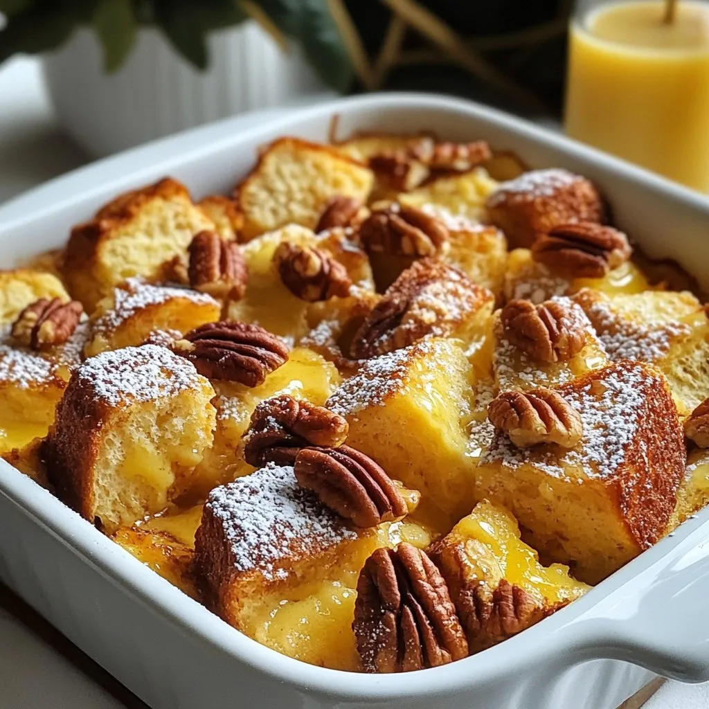 To make this tasty Baked French Toast Casserole, you need: - 1 loaf of brioche bread, cubed - 6 large eggs - 2 cups milk (you can use whole or almond) - 1/2 cup granulated sugar - 1 tablespoon vanilla extract These main ingredients form the base of the dish. The brioche bread gives it a soft, rich texture. Eggs bind everything together while adding protein. Milk adds creaminess, and sugar gives sweetness. Lastly, the vanilla extract brings in a lovely flavor. For extra flavor, consider adding: - 1 teaspoon ground cinnamon - 1/4 teaspoon nutmeg - 1/2 cup chopped pecans (optional) Cinnamon and nutmeg add warmth and depth. They make the dish smell amazing as it bakes. Chopped pecans add a nice crunch. They also give a nutty taste that pairs well with the sweet bread. I love serving this casserole with: - Maple syrup - Powdered sugar for dusting Drizzling maple syrup on top makes it sweet and delicious. A dusting of powdered sugar adds a nice touch and makes it look pretty. This combination turns your breakfast into a special treat that everyone will enjoy! {{ingredient_image_1}} - First, preheat your oven to 375°F (190°C). Grease a 9x13 inch baking dish with butter or oil. This keeps the casserole from sticking. - In a large bowl, whisk together 6 large eggs, 2 cups of milk, 1/2 cup of sugar, 1 tablespoon of vanilla, 1 teaspoon of cinnamon, 1/4 teaspoon of nutmeg, and 1/2 cup of maple syrup. Mix until everything is smooth. - Now, take your loaf of brioche bread and cut it into cubes. Place them in the greased baking dish. - Pour the egg mixture evenly over the cubed bread. Use a spatula to gently press the bread down. This helps it soak up the liquid. - Cover the dish with aluminum foil. Let it rest in the fridge for at least 30 minutes or overnight. This step makes the flavors blend well. - When ready to bake, remove the foil. Bake in the preheated oven for 30 to 35 minutes. The top should be golden brown, and a toothpick should come out clean when inserted in the center. - Allow the casserole to cool for about 10 minutes. If you like, dust it with powdered sugar before serving. Enjoy with extra maple syrup on top! Overnight soaking benefits: Soaking the bread overnight makes a big difference. It allows the bread to absorb the egg mixture fully. This gives you a rich, creamy texture. Plus, it saves you time in the morning! Achieving the right texture: To get the best texture, use day-old brioche bread. Fresh bread can become too mushy. If you can’t find day-old bread, just let fresh bread sit out for a few hours. This helps it dry out a bit. You want it soft but not falling apart. Recommended toppings: Serve your casserole with warm maple syrup. A light drizzle adds sweetness. You can also sprinkle powdered sugar on top for extra flair. Chopped nuts, like pecans, add crunch and flavor too! How to serve warm: Let your casserole cool for about ten minutes after baking. This helps it set. Then, cut it into squares. Serve each piece warm for the best taste. Everyone loves a warm slice of baked French toast! Why it may sink or fail to cook evenly: If your casserole sinks, it might be too wet. Make sure you soak the bread long enough. If it's unevenly cooked, your oven may have hot spots. Rotate the dish halfway through baking for even cooking. Fixing common texture problems: If your casserole turns out too dry, you might not have used enough liquid. Next time, try adding a bit more milk. If it’s too soggy, reduce the soaking time. Finding the right balance is key! Pro Tips Chill for Best Flavor: Letting the casserole sit in the refrigerator overnight allows the flavors to meld beautifully and the bread to soak up the egg mixture thoroughly. Use Stale Bread: If you have day-old brioche or other bread, it will absorb the egg mixture better, resulting in a richer texture. Customize with Toppings: Feel free to add your favorite toppings like blueberries, chocolate chips, or bananas for a personalized twist. Serve with Style: Dust with powdered sugar and serve with fresh fruit and extra maple syrup for a beautiful brunch presentation. {{image_2}} You can make this dish even better by adding fruits. Berries, like strawberries or blueberries, add a fresh taste. Bananas work well too. Just slice them and mix them in before baking. Another fun twist is to add chocolate chips. They melt and create a rich flavor. Just sprinkle them over the bread before adding the egg mixture. If you need gluten-free options, use gluten-free bread. Many stores sell it now. It tastes great and works well in this recipe. For dairy-free needs, almond milk is a good choice. It adds a nice flavor, and you can skip the regular milk. This change keeps the dish tasty for everyone. You can also try a savory version. Instead of sweet toppings, use herbs and cheese. Fresh spinach and feta cheese create a unique flavor. Another idea is to add cooked bacon or sausage. This gives a hearty twist to the classic recipe. Just chop them up and mix into the bread. After enjoying your baked French toast casserole, you may have some leftovers. For best results, store them in an airtight container. Glass or plastic containers work well. Place the casserole in the fridge. It will stay fresh for up to three days. When you’re ready to enjoy your leftovers, I recommend reheating them in the oven. Preheat your oven to 350°F (175°C). Place a piece of foil over the casserole to keep it moist. Heat for about 15-20 minutes. You can also use the microwave, but be careful. Heat in short bursts to avoid dryness. If you want to freeze the casserole, do so before baking. Prepare the dish as usual, but do not bake it. Cover it tightly with foil or plastic wrap. It can stay frozen for up to two months. When you're ready to bake, take it out of the freezer. Let it thaw in the fridge overnight. Then, bake it at 375°F (190°C) for 45-50 minutes. Check for doneness with a toothpick. Enjoy that fresh-baked taste! Yes, you can prepare this casserole the night before. After you assemble it, cover it and place it in the fridge. This lets the bread soak up the egg mixture well. When you're ready, just bake it in the morning. You can use challah, French bread, or even sourdough. Each bread gives a unique taste. Just ensure the bread is fresh or slightly stale for the best texture. Check for a golden brown top. Insert a toothpick into the center. If it comes out clean, it’s ready. The edges should also feel firm to the touch, not jiggly. Yes, you can use a mixture of silken tofu and milk as an egg substitute. For each egg, use 1/4 cup of blended tofu. This helps bind the ingredients together, keeping it moist. This blog post covered how to make a delicious brioche casserole. We looked at key ingredients like brioche bread, eggs, and milk. The steps guide you from preparation to baking. We discussed tips for the perfect texture and fun variations to try. Remember, you can make this dish your own with different fruits or even a savory touch. Enjoy your time in the kitchen, and don't hesitate to experiment. With the right tips, you can create a tasty casserole every time. Happy cooking!