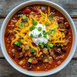 To make my ultimate chili, gather these items: - 1 lb ground beef (or plant-based protein for a vegetarian option) - 1 medium onion, diced - 3 cloves garlic, minced - 1 bell pepper, diced (red or green) - 1 can (14 oz) diced tomatoes, with juices - 1 can (15 oz) kidney beans, drained and rinsed - 1 can (15 oz) black beans, drained and rinsed - 2 tablespoons chili powder - 1 tablespoon cumin - 1 teaspoon smoked paprika - 1 teaspoon dried oregano - 1 cup beef or vegetable broth - 1 tablespoon olive oil - Salt and pepper to taste Toppings can make your chili even better. Here are some of my favorites: - Shredded cheese - Sour cream - Chopped green onions - Fresh cilantro Beans add texture and protein to chili. I recommend these two types: - Kidney beans: They are classic and hold their shape well. - Black beans: They add a rich flavor and creaminess. Using both gives your chili great depth. You can also try pinto beans or cannellini beans for a twist! {{ingredient_image_1}} 1. Heat olive oil in a large pot over medium heat. 2. Add diced onion and bell pepper. Sauté for 5 minutes until soft. 3. Mix in minced garlic and cook for 1 more minute, stirring often. 4. Add ground beef or plant-based protein, breaking it apart as it cooks. Brown for 5-6 minutes. 5. Stir in chili powder, cumin, smoked paprika, and oregano. Mix well. 6. Pour in diced tomatoes with juices, kidney beans, black beans, and broth. Stir to combine. 7. Bring to a boil, then lower the heat. Let it simmer uncovered for 30-40 minutes. 8. Stir occasionally to blend flavors. Adjust salt and pepper to taste. 9. If you want more heat, add chopped jalapeños or hot sauce. 10. Remove from heat and let sit for 5 minutes before serving. - Prep Ahead: Chop the onion, garlic, and bell pepper the night before. - Use Canned Beans: Canned beans save time. Just rinse them before adding. - Cook in Batches: Make a double batch and freeze half for later. - Large pot or Dutch oven - Wooden spatula or spoon - Cutting board and knife - Measuring spoons - Can opener - Ladle for serving To boost the flavor of your chili, focus on layering spices. Start with chili powder, cumin, and smoked paprika. Add them while cooking the meat. This helps the spices bloom. You can also add a splash of vinegar or lime juice at the end. This brightens the taste. Using fresh herbs like cilantro or parsley as a garnish adds freshness. One common mistake is not browning the meat enough. This adds depth to the flavor. Another mistake is overcooking the vegetables. They should stay tender and not mushy. Avoid adding too much salt early on. Taste the chili before adjusting the seasoning. Lastly, don’t rush the simmering process. Letting it simmer for 30-40 minutes allows the flavors to meld. If you use ground beef, cook it for about 5-6 minutes. For plant-based protein, you may need a few extra minutes to ensure it's heated through. If you use chicken or turkey, simmer for about 10 minutes longer. This helps the meat absorb the chili's rich flavors. Always check the meat’s internal temperature for safety. Pro Tips Use Fresh Ingredients: Fresh vegetables and spices will enhance the flavor of your chili, making it more vibrant and delicious. Let It Simmer: The longer you let the chili simmer, the better the flavors will meld together. Aim for at least 30 minutes, but feel free to let it cook longer on low heat. Adjust the Spice Level: Customize the heat by adding fresh jalapeños, cayenne pepper, or a splash of hot sauce according to your preference. Make It Ahead: Chili tastes even better the next day! Make a big batch and refrigerate or freeze leftovers for a quick meal later. {{image_2}} You can make chili without meat. Use plant-based protein instead of ground beef. Try lentils or textured vegetable protein for great texture. Add more beans for protein and fiber. Use vegetable broth for a rich flavor. You’ll still enjoy a hearty meal without meat. Chili varies around the world. In Texas, they use only meat and spices, no beans. In Cincinnati, they serve chili over spaghetti with cheese. In Mexico, chili has beans, corn, and fresh herbs. Each style offers unique flavors and textures. Try different styles to find your favorite. Want more heat? Add jalapeños or hot sauce to your chili. Start with a small amount and taste as you go. For milder chili, skip the spicy peppers. You can also use sweet peppers for flavor without the heat. Adjust according to your taste preferences for the perfect bowl. Store leftover chili in an airtight container. Let the chili cool first. Then, place it in the fridge. It will stay fresh for about three to four days. If you want to keep it longer, consider freezing it. To freeze chili, use freezer-safe containers or bags. Divide the chili into portions. Leave some space at the top of the container for expansion. Label the bags with the date. You can freeze it for up to three months. When ready to eat, thaw it in the fridge overnight. To reheat chili, use a pot on the stove or a microwave. If using the stove, heat it on medium. Stir often until it’s hot throughout. In the microwave, heat it in short bursts. Stir in between to avoid hot spots. Enjoy your delicious chili warm! To make chili spicier, you can add more heat. Try these tips: - Chop fresh jalapeños and stir them in. - Add a dash of hot sauce for an extra kick. - Use spicy chili powder instead of mild. - Mix in crushed red pepper flakes. Start with small amounts to find your perfect spice level. Remember, you can always add more, but it's hard to take spice away! Chili pairs well with many sides. Here are some great options: - Warm cornbread for a sweet contrast. - Tortilla chips for a crunchy texture. - A fresh green salad for lightness. - Rice to soak up the chili goodness. - Sour cream and shredded cheese as toppings. These sides enhance your meal and make it more filling. Yes, you can make chili in a slow cooker! Here’s how: 1. Brown the meat and onions in a pan first. 2. Add all the ingredients to the slow cooker. 3. Cook on low for 6-8 hours or high for 3-4 hours. This method lets the flavors blend well. It’s great for busy days when you want a warm meal waiting for you. Chili has roots in both Mexico and the United States. It likely began as a stew featuring peppers, meat, and beans. In Texas, chili became popular in the 1800s. It was often made by cowboys on cattle drives. Today, chili is a beloved dish with many regional styles and personal twists. We explored all you need to know about making great chili. We covered the key ingredients, cooking steps, and time-saving tips. I shared how to enhance flavor and avoid common mistakes. You can make it your own with variations and store leftovers easily. Now, you are ready to create a perfect bowl of chili. Enjoy mixing flavors and finding the style you love. Happy cooking!