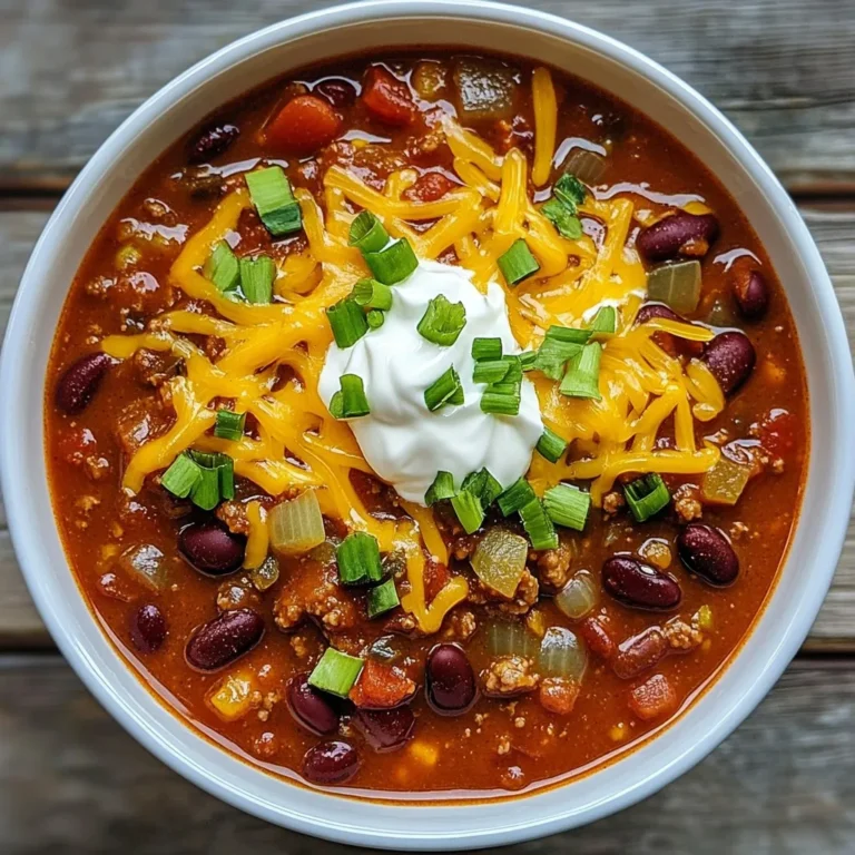 To make my ultimate chili, gather these items: - 1 lb ground beef (or plant-based protein for a vegetarian option) - 1 medium onion, diced - 3 cloves garlic, minced - 1 bell pepper, diced (red or green) - 1 can (14 oz) diced tomatoes, with juices - 1 can (15 oz) kidney beans, drained and rinsed - 1 can (15 oz) black beans, drained and rinsed - 2 tablespoons chili powder - 1 tablespoon cumin - 1 teaspoon smoked paprika - 1 teaspoon dried oregano - 1 cup beef or vegetable broth - 1 tablespoon olive oil - Salt and pepper to taste Toppings can make your chili even better. Here are some of my favorites: - Shredded cheese - Sour cream - Chopped green onions - Fresh cilantro Beans add texture and protein to chili. I recommend these two types: - Kidney beans: They are classic and hold their shape well. - Black beans: They add a rich flavor and creaminess. Using both gives your chili great depth. You can also try pinto beans or cannellini beans for a twist! {{ingredient_image_1}} 1. Heat olive oil in a large pot over medium heat. 2. Add diced onion and bell pepper. Sauté for 5 minutes until soft. 3. Mix in minced garlic and cook for 1 more minute, stirring often. 4. Add ground beef or plant-based protein, breaking it apart as it cooks. Brown for 5-6 minutes. 5. Stir in chili powder, cumin, smoked paprika, and oregano. Mix well. 6. Pour in diced tomatoes with juices, kidney beans, black beans, and broth. Stir to combine. 7. Bring to a boil, then lower the heat. Let it simmer uncovered for 30-40 minutes. 8. Stir occasionally to blend flavors. Adjust salt and pepper to taste. 9. If you want more heat, add chopped jalapeños or hot sauce. 10. Remove from heat and let sit for 5 minutes before serving. - Prep Ahead: Chop the onion, garlic, and bell pepper the night before. - Use Canned Beans: Canned beans save time. Just rinse them before adding. - Cook in Batches: Make a double batch and freeze half for later. - Large pot or Dutch oven - Wooden spatula or spoon - Cutting board and knife - Measuring spoons - Can opener - Ladle for serving To boost the flavor of your chili, focus on layering spices. Start with chili powder, cumin, and smoked paprika. Add them while cooking the meat. This helps the spices bloom. You can also add a splash of vinegar or lime juice at the end. This brightens the taste. Using fresh herbs like cilantro or parsley as a garnish adds freshness. One common mistake is not browning the meat enough. This adds depth to the flavor. Another mistake is overcooking the vegetables. They should stay tender and not mushy. Avoid adding too much salt early on. Taste the chili before adjusting the seasoning. Lastly, don’t rush the simmering process. Letting it simmer for 30-40 minutes allows the flavors to meld. If you use ground beef, cook it for about 5-6 minutes. For plant-based protein, you may need a few extra minutes to ensure it's heated through. If you use chicken or turkey, simmer for about 10 minutes longer. This helps the meat absorb the chili's rich flavors. Always check the meat’s internal temperature for safety. Pro Tips Use Fresh Ingredients: Fresh vegetables and spices will enhance the flavor of your chili, making it more vibrant and delicious. Let It Simmer: The longer you let the chili simmer, the better the flavors will meld together. Aim for at least 30 minutes, but feel free to let it cook longer on low heat. Adjust the Spice Level: Customize the heat by adding fresh jalapeños, cayenne pepper, or a splash of hot sauce according to your preference. Make It Ahead: Chili tastes even better the next day! Make a big batch and refrigerate or freeze leftovers for a quick meal later. {{image_2}} You can make chili without meat. Use plant-based protein instead of ground beef. Try lentils or textured vegetable protein for great texture. Add more beans for protein and fiber. Use vegetable broth for a rich flavor. You’ll still enjoy a hearty meal without meat. Chili varies around the world. In Texas, they use only meat and spices, no beans. In Cincinnati, they serve chili over spaghetti with cheese. In Mexico, chili has beans, corn, and fresh herbs. Each style offers unique flavors and textures. Try different styles to find your favorite. Want more heat? Add jalapeños or hot sauce to your chili. Start with a small amount and taste as you go. For milder chili, skip the spicy peppers. You can also use sweet peppers for flavor without the heat. Adjust according to your taste preferences for the perfect bowl. Store leftover chili in an airtight container. Let the chili cool first. Then, place it in the fridge. It will stay fresh for about three to four days. If you want to keep it longer, consider freezing it. To freeze chili, use freezer-safe containers or bags. Divide the chili into portions. Leave some space at the top of the container for expansion. Label the bags with the date. You can freeze it for up to three months. When ready to eat, thaw it in the fridge overnight. To reheat chili, use a pot on the stove or a microwave. If using the stove, heat it on medium. Stir often until it’s hot throughout. In the microwave, heat it in short bursts. Stir in between to avoid hot spots. Enjoy your delicious chili warm! To make chili spicier, you can add more heat. Try these tips: - Chop fresh jalapeños and stir them in. - Add a dash of hot sauce for an extra kick. - Use spicy chili powder instead of mild. - Mix in crushed red pepper flakes. Start with small amounts to find your perfect spice level. Remember, you can always add more, but it's hard to take spice away! Chili pairs well with many sides. Here are some great options: - Warm cornbread for a sweet contrast. - Tortilla chips for a crunchy texture. - A fresh green salad for lightness. - Rice to soak up the chili goodness. - Sour cream and shredded cheese as toppings. These sides enhance your meal and make it more filling. Yes, you can make chili in a slow cooker! Here’s how: 1. Brown the meat and onions in a pan first. 2. Add all the ingredients to the slow cooker. 3. Cook on low for 6-8 hours or high for 3-4 hours. This method lets the flavors blend well. It’s great for busy days when you want a warm meal waiting for you. Chili has roots in both Mexico and the United States. It likely began as a stew featuring peppers, meat, and beans. In Texas, chili became popular in the 1800s. It was often made by cowboys on cattle drives. Today, chili is a beloved dish with many regional styles and personal twists. We explored all you need to know about making great chili. We covered the key ingredients, cooking steps, and time-saving tips. I shared how to enhance flavor and avoid common mistakes. You can make it your own with variations and store leftovers easily. Now, you are ready to create a perfect bowl of chili. Enjoy mixing flavors and finding the style you love. Happy cooking!