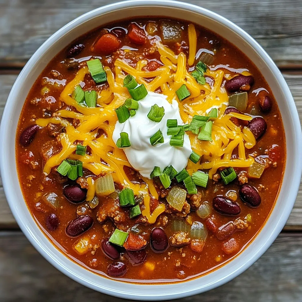 To make my ultimate chili, gather these items: - 1 lb ground beef (or plant-based protein for a vegetarian option) - 1 medium onion, diced - 3 cloves garlic, minced - 1 bell pepper, diced (red or green) - 1 can (14 oz) diced tomatoes, with juices - 1 can (15 oz) kidney beans, drained and rinsed - 1 can (15 oz) black beans, drained and rinsed - 2 tablespoons chili powder - 1 tablespoon cumin - 1 teaspoon smoked paprika - 1 teaspoon dried oregano - 1 cup beef or vegetable broth - 1 tablespoon olive oil - Salt and pepper to taste Toppings can make your chili even better. Here are some of my favorites: - Shredded cheese - Sour cream - Chopped green onions - Fresh cilantro Beans add texture and protein to chili. I recommend these two types: - Kidney beans: They are classic and hold their shape well. - Black beans: They add a rich flavor and creaminess. Using both gives your chili great depth. You can also try pinto beans or cannellini beans for a twist! {{ingredient_image_1}} 1. Heat olive oil in a large pot over medium heat. 2. Add diced onion and bell pepper. Sauté for 5 minutes until soft. 3. Mix in minced garlic and cook for 1 more minute, stirring often. 4. Add ground beef or plant-based protein, breaking it apart as it cooks. Brown for 5-6 minutes. 5. Stir in chili powder, cumin, smoked paprika, and oregano. Mix well. 6. Pour in diced tomatoes with juices, kidney beans, black beans, and broth. Stir to combine. 7. Bring to a boil, then lower the heat. Let it simmer uncovered for 30-40 minutes. 8. Stir occasionally to blend flavors. Adjust salt and pepper to taste. 9. If you want more heat, add chopped jalapeños or hot sauce. 10. Remove from heat and let sit for 5 minutes before serving. - Prep Ahead: Chop the onion, garlic, and bell pepper the night before. - Use Canned Beans: Canned beans save time. Just rinse them before adding. - Cook in Batches: Make a double batch and freeze half for later. - Large pot or Dutch oven - Wooden spatula or spoon - Cutting board and knife - Measuring spoons - Can opener - Ladle for serving To boost the flavor of your chili, focus on layering spices. Start with chili powder, cumin, and smoked paprika. Add them while cooking the meat. This helps the spices bloom. You can also add a splash of vinegar or lime juice at the end. This brightens the taste. Using fresh herbs like cilantro or parsley as a garnish adds freshness. One common mistake is not browning the meat enough. This adds depth to the flavor. Another mistake is overcooking the vegetables. They should stay tender and not mushy. Avoid adding too much salt early on. Taste the chili before adjusting the seasoning. Lastly, don’t rush the simmering process. Letting it simmer for 30-40 minutes allows the flavors to meld. If you use ground beef, cook it for about 5-6 minutes. For plant-based protein, you may need a few extra minutes to ensure it's heated through. If you use chicken or turkey, simmer for about 10 minutes longer. This helps the meat absorb the chili's rich flavors. Always check the meat’s internal temperature for safety. Pro Tips Use Fresh Ingredients: Fresh vegetables and spices will enhance the flavor of your chili, making it more vibrant and delicious. Let It Simmer: The longer you let the chili simmer, the better the flavors will meld together. Aim for at least 30 minutes, but feel free to let it cook longer on low heat. Adjust the Spice Level: Customize the heat by adding fresh jalapeños, cayenne pepper, or a splash of hot sauce according to your preference. Make It Ahead: Chili tastes even better the next day! Make a big batch and refrigerate or freeze leftovers for a quick meal later. {{image_2}} You can make chili without meat. Use plant-based protein instead of ground beef. Try lentils or textured vegetable protein for great texture. Add more beans for protein and fiber. Use vegetable broth for a rich flavor. You’ll still enjoy a hearty meal without meat. Chili varies around the world. In Texas, they use only meat and spices, no beans. In Cincinnati, they serve chili over spaghetti with cheese. In Mexico, chili has beans, corn, and fresh herbs. Each style offers unique flavors and textures. Try different styles to find your favorite. Want more heat? Add jalapeños or hot sauce to your chili. Start with a small amount and taste as you go. For milder chili, skip the spicy peppers. You can also use sweet peppers for flavor without the heat. Adjust according to your taste preferences for the perfect bowl. Store leftover chili in an airtight container. Let the chili cool first. Then, place it in the fridge. It will stay fresh for about three to four days. If you want to keep it longer, consider freezing it. To freeze chili, use freezer-safe containers or bags. Divide the chili into portions. Leave some space at the top of the container for expansion. Label the bags with the date. You can freeze it for up to three months. When ready to eat, thaw it in the fridge overnight. To reheat chili, use a pot on the stove or a microwave. If using the stove, heat it on medium. Stir often until it’s hot throughout. In the microwave, heat it in short bursts. Stir in between to avoid hot spots. Enjoy your delicious chili warm! To make chili spicier, you can add more heat. Try these tips: - Chop fresh jalapeños and stir them in. - Add a dash of hot sauce for an extra kick. - Use spicy chili powder instead of mild. - Mix in crushed red pepper flakes. Start with small amounts to find your perfect spice level. Remember, you can always add more, but it's hard to take spice away! Chili pairs well with many sides. Here are some great options: - Warm cornbread for a sweet contrast. - Tortilla chips for a crunchy texture. - A fresh green salad for lightness. - Rice to soak up the chili goodness. - Sour cream and shredded cheese as toppings. These sides enhance your meal and make it more filling. Yes, you can make chili in a slow cooker! Here’s how: 1. Brown the meat and onions in a pan first. 2. Add all the ingredients to the slow cooker. 3. Cook on low for 6-8 hours or high for 3-4 hours. This method lets the flavors blend well. It’s great for busy days when you want a warm meal waiting for you. Chili has roots in both Mexico and the United States. It likely began as a stew featuring peppers, meat, and beans. In Texas, chili became popular in the 1800s. It was often made by cowboys on cattle drives. Today, chili is a beloved dish with many regional styles and personal twists. We explored all you need to know about making great chili. We covered the key ingredients, cooking steps, and time-saving tips. I shared how to enhance flavor and avoid common mistakes. You can make it your own with variations and store leftovers easily. Now, you are ready to create a perfect bowl of chili. Enjoy mixing flavors and finding the style you love. Happy cooking!