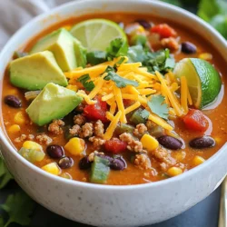 - 1 pound ground turkey or chicken - 1 can (15 oz) black beans, rinsed and drained - 1 can (15 oz) pinto beans, rinsed and drained - 1 can (15 oz) diced tomatoes with green chilies - 1 cup corn (fresh or frozen) The main ingredients build the heart of the soup. Ground turkey or chicken provides lean protein. Beans add fiber and texture. Diced tomatoes bring flavor and a bit of heat. Corn gives a sweet crunch. - 1 medium onion, chopped - 2 cloves garlic, minced - 1 packet taco seasoning - 4 cups low-sodium chicken or vegetable broth - 1 cup non-fat Greek yogurt - 1 cup shredded cheddar cheese Flavor ingredients give the soup its soul. Onion and garlic create a strong base. Taco seasoning adds a zesty kick. Broth helps blend the flavors. Greek yogurt and cheddar cheese make it creamy and rich. - Fresh cilantro - Lime wedges - Avocado Garnishing ingredients add freshness and brightness. Cilantro gives a fresh taste. Lime wedges add zing. Avocado adds creaminess and richness. Together, they make each bowl pop with flavor. {{ingredient_image_1}} Start by heating a drizzle of olive oil in a large pot over medium heat. Add the chopped onion and cook until it’s soft, which takes about 3 to 4 minutes. Stir in the minced garlic next. Cook it for one more minute until you can smell its lovely aroma. This step builds a strong flavor base for your taco soup. Now, it’s time to add the meat. You can use ground turkey or chicken. Break it up with a wooden spoon as you cook it. You want to brown the meat until it is no longer pink, which takes around 6 to 8 minutes. Browning the meat adds rich flavor, making your soup even better. Once your meat is browned, sprinkle in the taco seasoning. Stir it well to coat the meat, cooking for another minute. This toasts the spices and brings out their full flavor. Next, pour in the diced tomatoes, black beans, pinto beans, corn, and broth. Stir everything together to combine the ingredients evenly. Bring the mixture to a gentle boil. Once it’s boiling, reduce the heat and let it simmer for about 15 to 20 minutes. This simmering time helps all the flavors meld together, creating a delicious and hearty soup. After the soup has simmered, remove the pot from heat. Stir in one cup of non-fat Greek yogurt. This will make your soup creamy and rich. Mix it well until fully combined. Now it’s time to taste your soup. Adjust the seasoning with salt and pepper as needed. For serving, I recommend hot soup topped with shredded cheddar cheese, fresh cilantro, diced avocado, and a squeeze of lime juice. This adds a vibrant touch to your meal and brightens the flavors. To make your soup extra creamy, consider these alternatives: - Use full-fat cream cheese instead of Greek yogurt. - Try coconut milk for a rich, dairy-free option. For a rich texture, cook your soup low and slow. Simmering helps blend the flavors well. Stir in the creamy ingredient at the end to keep its texture smooth. To boost protein, substitute ground turkey with lean beef or lentils. You can also add one cup of cooked quinoa for extra protein without changing the flavor. For toppings, consider: - Extra shredded cheese for a melty finish. - Chopped hard-boiled eggs for a unique twist. Pair your taco soup with cornbread or tortilla chips for crunch. A fresh salad works well, too, to add some greens. For meal prep, store the soup in airtight containers. It stays fresh in the fridge for up to four days. You can freeze it for up to three months. Just reheat on the stove or in the microwave when you’re ready to enjoy! Pro Tips Use Lean Meat: Opt for lean ground turkey or chicken to keep the soup healthier without sacrificing flavor. Customize Your Beans: Feel free to mix and match beans according to your preference; kidney beans or chickpeas work great too! Make It Spicy: Add jalapeños or a dash of hot sauce for an extra kick if you like your taco soup with some heat. Garnish Generously: Don't skimp on toppings! Fresh cilantro, avocado, and lime make every bowl richer and more delicious. {{image_2}} You can easily adapt this taco soup to fit different diets. For a vegetarian version, swap the ground turkey or chicken with plant-based protein. Options like lentils or textured vegetable protein work great. They give you the same hearty texture and flavor. If you're dairy-free, skip the Greek yogurt. Instead, use coconut cream or cashew cream. Both will add creaminess without the dairy. Just make sure to stir it in at the end for the best results. Do you like spice? Add more chili powder or jalapeños for a kick. If you prefer a milder taste, stick with the basic taco seasoning. You can also add more ingredients to boost the flavor. Toss in extra veggies like bell peppers or zucchini. Grains like quinoa or rice are great, too. They make the soup more filling. Get creative with how you serve your taco soup. One fun way is in a tortilla bowl. Just bake tortillas in muffin tins for a crispy bowl. Fill it with the soup, and you have a tasty dish. You can also use the soup as a base for nachos. Simply layer tortilla chips on a plate, pour the soup over, and top with cheese. Then, melt it all in the oven. It’s a fun twist for game day or family night! You can store the creamy high protein taco soup in the fridge for up to 4 days. It stays fresh and tasty if you store it in an airtight container. Make sure to let the soup cool down before sealing it. This helps keep the soup from getting soggy or losing flavor. If you want to enjoy it later, just scoop out what you need and heat it back up on the stove or in the microwave. If you want to save some for later, freeze the soup. Pour it into freezer-safe containers, leaving some space at the top for expansion. You can freeze it for up to 3 months. When you are ready to eat, thaw it in the fridge overnight. For the best taste, reheat it slowly on the stove. Stir often to keep it creamy and smooth. Check the soup for signs of spoilage. If it has an off smell or strange color, it’s best to toss it. Always look for mold or any change in texture. Safe handling is key. Always wash your hands before serving or storing food. Keeping the soup sealed and cool helps maintain its quality. Enjoy your delicious taco soup safely! To make taco soup in a slow cooker, follow these steps: 1. Brown the meat: First, brown the ground turkey or chicken in a pan. This adds flavor. 2. Add ingredients: Place the browned meat into the slow cooker. Then, add black beans, pinto beans, diced tomatoes, corn, onion, garlic, taco seasoning, and broth. 3. Cook: Set the slow cooker to low for 6-8 hours or high for 3-4 hours. 4. Finish it: About 30 minutes before serving, stir in Greek yogurt for creaminess. Adjust cooking times based on your slow cooker. Each model may vary slightly. Yes, you can use different types of meat! Here are some recommendations: - Ground beef: Offers a rich flavor. Cook until browned. - Ground pork: Adds a nice depth. Cook it until no longer pink. - Shredded chicken: Use cooked chicken. Just add it in with other ingredients. Cooking times will vary. Make sure to brown all ground meats before adding to the soup. If you need an alternative to Greek yogurt, try these options: - Sour cream: It adds creaminess and tang. Use the same amount. - Cream cheese: Blend it in for a rich texture. Soften it first. - Silken tofu: Great for a dairy-free option. Blend until smooth. Adjust flavors by adding a bit of lime juice or salt as needed to match the soup's taste. In this post, we explored how to make a tasty taco soup. We covered ingredients, from ground turkey to fresh garnishes. You learned step-by-step instructions, along with helpful tips for creaminess and protein. We also discussed variations for different diets and how to store the soup. Now, you have everything you need for a delicious meal. Enjoy experimenting with flavors and serving styles! Your kitchen will smell amazing, and your family will love it.