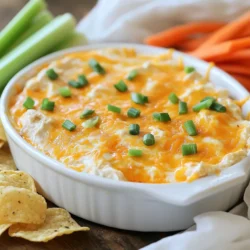- 2 cups shredded cooked chicken - 1/2 cup buffalo sauce (adjust to taste) - 1 package (8 oz) cream cheese, softened - 1/2 cup sour cream - 1/2 cup ranch dressing - 1 cup shredded cheddar cheese - 1/2 cup blue cheese crumbles (optional) - Chopped green onions (for garnish) - Tortilla chips, celery sticks, and carrot sticks (for serving) You can make this dip your own! Here are some ideas: - Add more buffalo sauce for extra heat. - Use Greek yogurt instead of sour cream for a healthier dip. - Swap out cheddar for pepper jack cheese for a spicy twist. - Mix in some diced jalapeños for added flavor. For the best munching experience, serve this dip with: - Crispy tortilla chips for crunch. - Fresh celery sticks for a cool bite. - Sweet carrot sticks for a touch of sweetness. These options balance the heat and creaminess of the dip well. Enjoy the flavors! {{ingredient_image_1}} First, preheat your oven to 350°F (175°C). This step is key for even baking. In a large bowl, mix 1 package of softened cream cheese, 1/2 cup of sour cream, and 1/2 cup of ranch dressing. Stir these until smooth. Next, add 2 cups of shredded cooked chicken and 1/2 cup of buffalo sauce. Mix everything well, ensuring the chicken is fully coated. Now, fold in half of the 1 cup of shredded cheddar cheese and any blue cheese crumbles, if you like. This will create great flavor. Transfer your creamy mixture to an 8x8-inch baking dish and spread it out evenly. Top your dip with the rest of the cheddar cheese and any leftover blue cheese crumbles. Place the baking dish in the preheated oven. Bake it for about 20-25 minutes. You want the dip to be bubbly and the cheese to be melted and slightly golden. Keep an eye on it as it bakes. To check if your dip is ready, look for bubbling around the edges. The cheese will also be melted and golden. If you want, you can insert a knife into the center. If it comes out hot, your dip is done! Let it cool for a few minutes before you serve it. Garnish with chopped green onions for a fresh touch. To make your dip extra creamy, use room temperature cream cheese. It blends better. Mix the cream cheese, sour cream, and ranch dressing until smooth. If you want more creaminess, add more sour cream or cream cheese. You can also stir in a little milk to thin it out. This helps the dip spread easily on chips or veggies. Use cooked chicken for the best flavor. You can bake, boil, or even grill the chicken. If you boil, add salt to the water for more taste. Shred the chicken well; this helps it mix into the dip. For more flavor, add some of the buffalo sauce to the chicken while cooking. This gives your chicken a nice kick. Buffalo sauce can be spicy, so adjust it to your liking. Start with 1/2 cup of buffalo sauce. If you want it milder, use less. If you love spice, add more as you mix. You can also mix in some diced jalapeños for extra heat. Always taste as you go. This way, you can create the perfect dip for your guests. Pro Tips Balance the Heat: Adjust the amount of buffalo sauce based on your preference for spice. Start with less and add more gradually to find your perfect heat level. Mix It Up: For a twist, try adding other ingredients like cooked bacon bits or diced jalapeños for extra flavor and texture. Cheese Choices: Experiment with different cheese blends such as pepper jack or mozzarella for varied flavors. Serving Suggestions: For a healthier option, serve with sliced vegetables instead of chips, or offer a variety of dipping options like pita chips and breadsticks. {{image_2}} If you love heat, you can amp up the spice in your Buffalo chicken dip. Start by adding more buffalo sauce. A dash of hot sauce can also work wonders. Mix in some diced jalapeños for a fresh kick. These additions will make your dip a fiery delight. Want a meatless option? Swap the chicken for canned chickpeas or shredded jackfruit. You can also use cooked cauliflower for that hearty texture. Replace the buffalo sauce with a spicy vegan sauce. This way, everyone can enjoy the flavor without meat. Cheese is key to a rich dip. You can switch cheddar for pepper jack for a spicy twist. Try adding gouda for a smoky flavor. Cream cheese can be mixed with feta for a tangy bite. These changes will keep your dip exciting and tasty. To store leftovers, let the dip cool first. Place it in an airtight container. This helps keep it fresh. You can store it in the fridge for up to three days. If you want to keep it longer, consider freezing it. For freezing, use a freezer-safe container. Make sure to leave some space at the top. The dip will expand as it freezes. You can keep it in the freezer for up to three months. When ready to eat, thaw it in the fridge overnight. To reheat, place the dip in an oven-safe dish. Preheat your oven to 350°F (175°C). Bake for about 15-20 minutes. Check that it is hot and bubbly. You can also microwave it for a quick fix. Heat in short bursts, stirring between. Enjoy warm for the best taste! Yes, you can use rotisserie chicken for this dip. It saves time and adds flavor. Just shred the chicken and mix it in. I often use rotisserie chicken for quick meals. It works great here! To make this dip ahead, prepare the mixture up to step 5. Cover it and store it in the fridge. When you're ready, just bake it. This way, you save time on game day. If you need an alternative, try using blue cheese dressing or Greek yogurt. Both add a nice taste. You can even use homemade dressings for a fresh twist. Just keep the flavor profile in mind. Absolutely! You can make this dip in a slow cooker. Combine all the ingredients in the slow cooker and heat it on low. Stir occasionally until it's warm and bubbly. It’s an easy way to serve a crowd! We covered all the key steps to make a tasty dip. You learned about the right ingredients and how to prepare them. I shared tips for a creamier texture and tricks for customizing spice levels. There are also fun variations to explore, like spicy or vegetarian options. Finally, I included storage tips and answered common questions. Start making your dip today, and enjoy every bite!