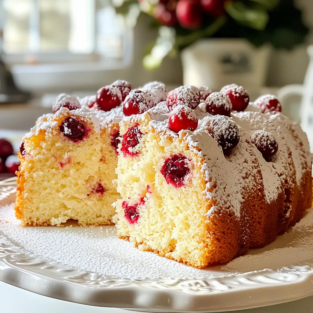 Here is what you will need to make a tasty cranberry orange coffee cake: - 2 cups all-purpose flour - 1 cup granulated sugar - 1/2 cup unsalted butter, softened - 1 cup fresh cranberries, halved - 1/2 cup orange juice - 1 tablespoon orange zest - 1 teaspoon baking powder - 1/2 teaspoon baking soda - 1/4 teaspoon salt - 2 large eggs - 1 teaspoon vanilla extract - Optional: Glaze ingredients (1/2 cup powdered sugar, 1 tablespoon milk) Each item plays an important role in making this cake special. The flour gives it structure. The sugar adds sweetness. Butter keeps it moist and rich. Fresh cranberries bring a tart flavor that balances the sweetness. Orange juice and zest provide a bright, fresh taste. Baking powder and baking soda help the cake rise. The eggs bind everything together, and vanilla adds warmth. If you want to add a glaze, the powdered sugar and milk create a nice finish. You can skip it if you prefer a simpler cake. With these ingredients, you can create a delightful treat that everyone will enjoy! {{ingredient_image_1}} 1. Preheat your oven to 350°F (175°C). This step is key for even baking. 2. Prepare a 9-inch round cake pan. You can grease and flour it or use parchment paper. This helps the cake release easily after baking. 3. In a large mixing bowl, cream together 1/2 cup of softened unsalted butter and 1 cup of granulated sugar. Mix until it is light and fluffy. This takes about 3 minutes. 4. Next, add 2 large eggs, one at a time. Mix well after each egg. Then stir in 1 teaspoon of vanilla extract and 1 tablespoon of orange zest. This gives the cake a bright flavor. 1. In another bowl, whisk together 2 cups of all-purpose flour, 1 teaspoon of baking powder, 1/2 teaspoon of baking soda, and 1/4 teaspoon of salt. This will be your dry mix. 2. Gradually add the dry ingredients to the wet mixture. Alternate with 1/2 cup of orange juice. Mix just until combined. Be careful not to overmix, or the cake may become tough. 3. Gently fold in 1 cup of halved fresh cranberries into the batter. This adds a nice tartness to the cake. 4. Pour the batter into the prepared cake pan and smooth the top. 1. Bake the cake for 35-40 minutes. To check for doneness, insert a toothpick into the center. It should come out clean. 2. Once baked, remove the cake from the oven. Allow it to cool in the pan for about 10 minutes. 3. After that, transfer the cake to a wire rack to cool completely. This step keeps the bottom from getting soggy. How can I ensure the cake rises properly? To help the cake rise, use fresh baking powder and baking soda. Make sure your oven is at 350°F (175°C). Also, don’t open the oven door while it bakes. This helps keep the heat inside. Mix the batter just until smooth. Overmixing can make the cake dense. How can I prevent a dry cake? To avoid a dry cake, do not overbake it. Check for doneness with a toothpick around 35 minutes. If it comes out clean, it's done. Add the orange juice slowly to keep the batter moist. Also, using softened butter aids in a tender crumb. How do I make the optional glaze? Mix 1/2 cup of powdered sugar with 1 tablespoon of milk in a bowl. Stir until smooth. Drizzle it over the cooled cake for a sweet touch. This adds shine and flavor. What are tips for decorative presentation? Dust the top of the cake with extra powdered sugar for a pretty look. You can also add fresh cranberries or orange slices on the side. This makes the cake look more inviting and adds a pop of color. Pro Tips Use Fresh Cranberries: Fresh cranberries provide a tartness that balances beautifully with the sweetness of the cake. If you can't find fresh ones, you can use frozen, but do not thaw them before adding to the batter. Room Temperature Ingredients: Make sure your butter and eggs are at room temperature before starting. This helps to create a smoother batter and leads to a fluffier cake. Don’t Overmix: When combining the wet and dry ingredients, mix just until everything is combined. Overmixing can result in a dense cake texture. Cool Completely: Allow the cake to cool completely before glazing. This prevents the glaze from melting into the cake and losing its beautiful finish. {{image_2}} You can easily change some ingredients in this recipe. Here are some ideas: - Gluten-free flour alternatives: You can swap all-purpose flour with a gluten-free blend. Look for one that works cup-for-cup. Almond flour or coconut flour also works well, but you may need to adjust the liquid. - Dairy-free alternatives: If you avoid dairy, use coconut oil or a dairy-free butter for the cake. For the milk in the glaze, almond milk or oat milk will do just fine. Want to mix things up? Here are some fun ideas: - Adding nuts or spices: Toss in some chopped walnuts or pecans for a crunch. You can also sprinkle in cinnamon or nutmeg to enhance the flavor. Both spices pair well with the orange and cranberries. - Alternative fruits or flavorings: Feel free to experiment! Try substituting cranberries with blueberries or raspberries. You could also add a splash of lemon juice for a tart twist. If you want a different flavor, consider adding almond extract instead of vanilla. To keep your cranberry orange coffee cake fresh, wrap it well. Use plastic wrap or place it in an airtight container. This will keep it moist and tasty. At room temperature, the cake stays fresh for about three days. If you want it to last longer, consider freezing it. To freeze your coffee cake, let it cool completely. Wrap it tightly in plastic wrap and then in aluminum foil. This prevents freezer burn. You can freeze it for up to three months. When you're ready to enjoy it, move the cake to the fridge overnight to thaw. For the best texture, let it sit at room temperature for a few hours before serving. What can I use instead of fresh cranberries? If you don’t have fresh cranberries, use frozen cranberries. They work well and save time. You can also try dried cranberries, but they will change the texture. If you need a different flavor, chopped apples or pears can be a nice swap too. How do I know when the cake is done baking? To check if the cake is done, insert a toothpick in the center. If it comes out clean, the cake is ready. Keep an eye on the color too. It should be golden brown on top. Can I make this recipe ahead of time? Yes, you can make this coffee cake ahead. Bake the cake, then let it cool. Wrap it tightly in plastic wrap to keep it fresh. You can store it at room temperature for up to three days. For longer storage, freeze it for up to three months. What to do if the cake sinks or is too dense? If your cake sinks, it may have too much liquid or not enough baking powder. Make sure to measure carefully. If it’s dense, you might have overmixed the batter. Mix just until combined for the best texture. How to fix over-baked coffee cake? If your cake is over-baked, it may be dry. To help with this, you can drizzle a simple syrup over the cake. Mix equal parts sugar and water, heat until dissolved, and pour it over the cooled cake. This adds moisture back in. This blog post outlined a simple cran-orange coffee cake recipe. We covered the key ingredients and provided step-by-step baking instructions. I shared tips on keeping your cake moist and presented it beautifully. Variations included easy substitutions and flavor ideas to suit your taste. You can confidently store and freeze leftovers for later enjoyment. With these insights, you can create a delicious treat for any occasion. Enjoy baking, and don’t be afraid to try your own twists!