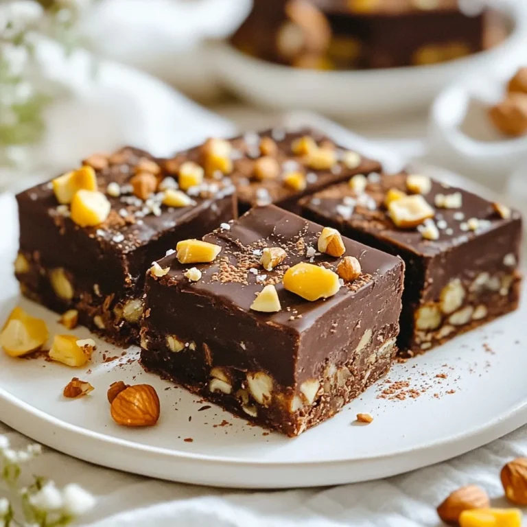 To make delicious homemade chocolate bars, gather these key ingredients: - 1 cup cocoa powder - 1/2 cup coconut oil, melted - 1/2 cup honey or maple syrup - 1/4 cup almond milk (or any milk of choice) - 1 teaspoon vanilla extract - 1/4 teaspoon sea salt These ingredients create a rich chocolate base. Cocoa powder gives the deep flavor. Coconut oil helps bind the mix. Honey or maple syrup adds sweetness. Almond milk makes it creamy. Vanilla and sea salt enhance the taste. You can make your chocolate bars even better with fun add-ins: - 1/2 cup mixed nuts: almonds, walnuts, or cashews, chopped - 1/4 cup dried fruit: cranberries or apricots, chopped (optional) - 1/4 cup dark chocolate chips (optional for extra texture) These additions add crunch and flavor. Nuts give a nice bite, while dried fruit adds sweetness. Dark chocolate chips make it even richer. Feel free to mix and match to fit your taste! {{ingredient_image_1}} Start by gathering your wet ingredients. In a mixing bowl, combine 1/2 cup of melted coconut oil, 1/2 cup of honey or maple syrup, 1/4 cup of almond milk, 1 teaspoon of vanilla extract, and 1/4 teaspoon of sea salt. Whisk these together until you have a smooth blend. Next, it’s time to add the cocoa powder. Gradually sift in 1 cup of cocoa powder while stirring. This step is key to avoid lumps. Keep mixing until you achieve a thick and creamy chocolate mixture. Now, let's make your chocolate bars even more exciting! Fold in 1/2 cup of chopped mixed nuts, like almonds, walnuts, and cashews. If you want extra flavor, add 1/4 cup of chopped dried fruit, like cranberries or apricots. For a delightful crunch, mix in 1/4 cup of dark chocolate chips. Prepare your baking dish by lining it with parchment paper. Use a small square dish, about 8x8 inches. Then pour the chocolate mixture into the dish. Spread it evenly with a spatula. To ensure there are no air bubbles, gently tap the dish on the counter. Now, place your dish in the refrigerator. Chill the mixture for at least 1 to 2 hours until the bars are firm. Once set, lift the bars out using the parchment paper. Cut them into squares or rectangles, depending on your preference. Enjoy your homemade chocolate bars! To make your chocolate bars smooth, avoid lumps when adding cocoa powder. Sift the cocoa powder into your mixture. This helps break up any clumps. Stir slowly and gently as you mix. This will keep your mixture creamy and thick. When serving your bars, arrange them on a nice plate. You can cut them into squares or rectangles. To make them look fancy, dust them with powdered cocoa. Another fun idea is to drizzle some melted chocolate on top. This adds charm and taste. One common mistake is having a runny or crumbly texture. Make sure to mix well to avoid this. Also, check your storage practices. Store your bars in an airtight container. Keep them in the fridge to stay fresh for two weeks. This keeps them tasty and firm. Pro Tips Use High-Quality Cocoa Powder: The flavor of your Choco Delight Bars will greatly depend on the quality of cocoa powder you use. Opt for unsweetened, high-quality cocoa for a rich chocolate taste. Experiment with Nut Combinations: Feel free to mix and match your favorite nuts in the recipe. Macadamia nuts, pecans, or pistachios can add unique flavors and textures to your bars. Chill Before Cutting: Allow the bars to chill until completely firm before cutting. This will help achieve clean, even edges and prevent the bars from crumbling. Store Properly: Keep your bars in an airtight container in the refrigerator to maintain freshness and prevent them from becoming too soft or sticky. {{image_2}} You can make your chocolate bars even more exciting. Try adding flavors like peppermint, orange, or espresso. Just a few drops of essential oils or a spoonful of zest can change the whole taste. This is a fun way to make each batch unique! If you follow a specific diet, you can still enjoy chocolate bars. You can make them vegan by using maple syrup instead of honey. For gluten-free options, ensure your cocoa powder is certified gluten-free. You can also skip nuts for a nut-free version. The key is to swap ingredients while keeping the balance. Want to make your bars a bit healthier? You can reduce the sugar by using less honey or maple syrup. You might also replace some coconut oil with applesauce for less fat. Adding superfoods like chia or flax seeds packs in extra nutrition. They provide fiber and omega-3 fatty acids, making your chocolate bars a little better for you! To keep your homemade chocolate bars fresh, use an airtight container. This helps keep moisture out and preserves flavor. You can store them in the fridge for a cool treat. If you want to keep them longer, consider freezing. Just wrap each piece in plastic wrap and place them in a freezer bag. Homemade chocolate bars last up to two weeks in the fridge. If you freeze them, they can last up to three months. Look for changes in color or a dry texture. If the chocolate tastes bitter or off, it's best to toss it. Fresh chocolate should taste rich and smooth. Always trust your senses when it comes to food safety! Homemade chocolate bars need about 1 to 2 hours to set in the fridge. The exact time can change based on a few factors. If your kitchen is warm, it may take longer. If the mixture is thick, it might also need extra time. Always check to see if the bars feel firm before cutting them. Yes, you can use different sweeteners. Honey and maple syrup are great choices, but you can try agave or stevia. If you switch sweeteners, adjust the amount. For stevia, use much less since it is sweeter. Always taste the mixture before pouring it into the dish to ensure it is just right. You can use other oils if you need to. Olive oil gives a fruity flavor, while vegetable oil has a neutral taste. If you want a creamy texture, try butter. Each option can change the flavor and firmness of the bars. Keep this in mind when choosing a substitute. Making homemade chocolate bars is fun and rewarding. You learned about key ingredients like cocoa powder and coconut oil. You discovered how to mix and match fun add-ins such as nuts and dried fruit. With my tips, you can fix common mistakes and create smooth, tasty bars. Remember to store them well for fresh flavors, and feel free to experiment with different sweeteners and flavors. Now you’re ready to make your own chocolate treats. Enjoy the process and share your creations!