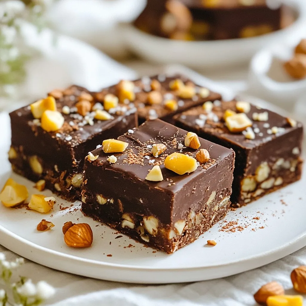 To make delicious homemade chocolate bars, gather these key ingredients: - 1 cup cocoa powder - 1/2 cup coconut oil, melted - 1/2 cup honey or maple syrup - 1/4 cup almond milk (or any milk of choice) - 1 teaspoon vanilla extract - 1/4 teaspoon sea salt These ingredients create a rich chocolate base. Cocoa powder gives the deep flavor. Coconut oil helps bind the mix. Honey or maple syrup adds sweetness. Almond milk makes it creamy. Vanilla and sea salt enhance the taste. You can make your chocolate bars even better with fun add-ins: - 1/2 cup mixed nuts: almonds, walnuts, or cashews, chopped - 1/4 cup dried fruit: cranberries or apricots, chopped (optional) - 1/4 cup dark chocolate chips (optional for extra texture) These additions add crunch and flavor. Nuts give a nice bite, while dried fruit adds sweetness. Dark chocolate chips make it even richer. Feel free to mix and match to fit your taste! {{ingredient_image_1}} Start by gathering your wet ingredients. In a mixing bowl, combine 1/2 cup of melted coconut oil, 1/2 cup of honey or maple syrup, 1/4 cup of almond milk, 1 teaspoon of vanilla extract, and 1/4 teaspoon of sea salt. Whisk these together until you have a smooth blend. Next, it’s time to add the cocoa powder. Gradually sift in 1 cup of cocoa powder while stirring. This step is key to avoid lumps. Keep mixing until you achieve a thick and creamy chocolate mixture. Now, let's make your chocolate bars even more exciting! Fold in 1/2 cup of chopped mixed nuts, like almonds, walnuts, and cashews. If you want extra flavor, add 1/4 cup of chopped dried fruit, like cranberries or apricots. For a delightful crunch, mix in 1/4 cup of dark chocolate chips. Prepare your baking dish by lining it with parchment paper. Use a small square dish, about 8x8 inches. Then pour the chocolate mixture into the dish. Spread it evenly with a spatula. To ensure there are no air bubbles, gently tap the dish on the counter. Now, place your dish in the refrigerator. Chill the mixture for at least 1 to 2 hours until the bars are firm. Once set, lift the bars out using the parchment paper. Cut them into squares or rectangles, depending on your preference. Enjoy your homemade chocolate bars! To make your chocolate bars smooth, avoid lumps when adding cocoa powder. Sift the cocoa powder into your mixture. This helps break up any clumps. Stir slowly and gently as you mix. This will keep your mixture creamy and thick. When serving your bars, arrange them on a nice plate. You can cut them into squares or rectangles. To make them look fancy, dust them with powdered cocoa. Another fun idea is to drizzle some melted chocolate on top. This adds charm and taste. One common mistake is having a runny or crumbly texture. Make sure to mix well to avoid this. Also, check your storage practices. Store your bars in an airtight container. Keep them in the fridge to stay fresh for two weeks. This keeps them tasty and firm. Pro Tips Use High-Quality Cocoa Powder: The flavor of your Choco Delight Bars will greatly depend on the quality of cocoa powder you use. Opt for unsweetened, high-quality cocoa for a rich chocolate taste. Experiment with Nut Combinations: Feel free to mix and match your favorite nuts in the recipe. Macadamia nuts, pecans, or pistachios can add unique flavors and textures to your bars. Chill Before Cutting: Allow the bars to chill until completely firm before cutting. This will help achieve clean, even edges and prevent the bars from crumbling. Store Properly: Keep your bars in an airtight container in the refrigerator to maintain freshness and prevent them from becoming too soft or sticky. {{image_2}} You can make your chocolate bars even more exciting. Try adding flavors like peppermint, orange, or espresso. Just a few drops of essential oils or a spoonful of zest can change the whole taste. This is a fun way to make each batch unique! If you follow a specific diet, you can still enjoy chocolate bars. You can make them vegan by using maple syrup instead of honey. For gluten-free options, ensure your cocoa powder is certified gluten-free. You can also skip nuts for a nut-free version. The key is to swap ingredients while keeping the balance. Want to make your bars a bit healthier? You can reduce the sugar by using less honey or maple syrup. You might also replace some coconut oil with applesauce for less fat. Adding superfoods like chia or flax seeds packs in extra nutrition. They provide fiber and omega-3 fatty acids, making your chocolate bars a little better for you! To keep your homemade chocolate bars fresh, use an airtight container. This helps keep moisture out and preserves flavor. You can store them in the fridge for a cool treat. If you want to keep them longer, consider freezing. Just wrap each piece in plastic wrap and place them in a freezer bag. Homemade chocolate bars last up to two weeks in the fridge. If you freeze them, they can last up to three months. Look for changes in color or a dry texture. If the chocolate tastes bitter or off, it's best to toss it. Fresh chocolate should taste rich and smooth. Always trust your senses when it comes to food safety! Homemade chocolate bars need about 1 to 2 hours to set in the fridge. The exact time can change based on a few factors. If your kitchen is warm, it may take longer. If the mixture is thick, it might also need extra time. Always check to see if the bars feel firm before cutting them. Yes, you can use different sweeteners. Honey and maple syrup are great choices, but you can try agave or stevia. If you switch sweeteners, adjust the amount. For stevia, use much less since it is sweeter. Always taste the mixture before pouring it into the dish to ensure it is just right. You can use other oils if you need to. Olive oil gives a fruity flavor, while vegetable oil has a neutral taste. If you want a creamy texture, try butter. Each option can change the flavor and firmness of the bars. Keep this in mind when choosing a substitute. Making homemade chocolate bars is fun and rewarding. You learned about key ingredients like cocoa powder and coconut oil. You discovered how to mix and match fun add-ins such as nuts and dried fruit. With my tips, you can fix common mistakes and create smooth, tasty bars. Remember to store them well for fresh flavors, and feel free to experiment with different sweeteners and flavors. Now you’re ready to make your own chocolate treats. Enjoy the process and share your creations!