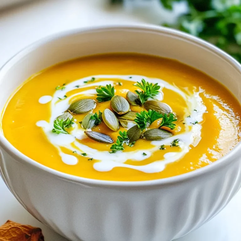 To make a warm bowl of butternut squash pumpkin soup, gather these ingredients: - 1 medium butternut squash, peeled and diced - 1 cup pumpkin puree (canned or fresh) - 1 medium onion, chopped - 2 cloves garlic, minced - 1 carrot, diced - 1 celery stalk, diced - 4 cups vegetable broth - 1 teaspoon ground cumin - 1 teaspoon ground cinnamon - 1/2 teaspoon nutmeg - Salt and pepper to taste - 2 tablespoons olive oil - 1 cup coconut milk (for creaminess) - Toasted pumpkin seeds and fresh parsley for garnish These ingredients create a rich and warming flavor. For more depth, consider these optional ingredients: - A pinch of cayenne pepper for heat - 1 apple, chopped for sweetness - Fresh herbs like thyme or sage These additions can enhance your soup and make it unique. You can switch out some ingredients if needed: - Use sweet potato instead of butternut squash - Swap coconut milk for cream or almond milk - Replace vegetable broth with chicken broth for more flavor These substitutions can cater to your personal taste or dietary needs. {{ingredient_image_1}} First, gather all your ingredients. You need: - 1 medium butternut squash, peeled and diced - 1 cup pumpkin puree - 1 medium onion, chopped - 2 cloves garlic, minced - 1 carrot, diced - 1 celery stalk, diced - 4 cups vegetable broth - 1 teaspoon ground cumin - 1 teaspoon ground cinnamon - 1/2 teaspoon nutmeg - Salt and pepper to taste - 2 tablespoons olive oil - 1 cup coconut milk - Toasted pumpkin seeds and fresh parsley for garnish Next, peel and dice the butternut squash. Dice the carrot and celery as well. Chop the onion and mince the garlic. When everything is ready, you can start cooking. In a large pot, heat the olive oil over medium heat. Add the chopped onion, garlic, carrot, and celery. Sauté for about 5-7 minutes. You want the veggies to soften and smell great. Now, add the diced butternut squash to the pot. Stir well and cook for another 5 minutes. This step helps to bring out the squash's natural sweetness. Sprinkle in the cumin, cinnamon, nutmeg, salt, and pepper. Mix everything well to coat the veggies in spices. This makes the soup flavorful. Pour in the vegetable broth and bring it to a boil. Once boiling, lower the heat and let it simmer for 20-25 minutes. Check if the squash is tender by poking it with a fork. Stir in the pumpkin puree and coconut milk. For a smooth soup, use an immersion blender to blend until creamy. If you don't have one, you can blend in batches in a regular blender. Taste the soup and adjust the seasoning if needed. If you want a thicker soup, simmer it uncovered for a few more minutes. Serve the soup hot. Garnish with toasted pumpkin seeds and fresh parsley. This adds a nice crunch and bright color. Enjoy your comforting bowl of butternut squash pumpkin soup! When making butternut squash pumpkin soup, some mistakes can ruin the dish. First, don't skip sautéing the onion, garlic, carrot, and celery. This step builds a tasty base. If you add these veggies raw, the soup will lack depth. Also, avoid overcooking the butternut squash. You want it tender, not mushy. Lastly, be careful with spices. Too much can overpower the soup’s natural sweetness. To make your soup even better, try adding a splash of lime juice. This brightens the flavors and adds a nice zing. You can also mix in fresh herbs like thyme or sage. They add warmth and complexity. If you like a bit of heat, a pinch of cayenne pepper works wonders. Don’t forget to taste as you go. Adjust salt and pepper to suit your palate. For a smooth and creamy soup, use an immersion blender. This tool makes blending easy and mess-free. If you don't have one, blend in small batches using a regular blender. Just be careful with hot liquids! If you want a chunkier texture, hold back some of the butternut squash. Stir it in after blending the rest of the soup. This adds a nice contrast and makes each spoonful interesting. Pro Tips Use Fresh Ingredients: Whenever possible, opt for fresh butternut squash and produce to enhance the flavor and nutrition of your soup. Adjust the Spices: Feel free to tweak the spice levels to your preference; adding a pinch of cayenne can give your soup a nice kick! Blend for Texture: For a smoother texture, blend the soup longer, or add more coconut milk for creaminess. Garnish Creatively: Experiment with different toppings like croutons, a drizzle of balsamic reduction, or even a dollop of yogurt for added flavor and presentation. {{image_2}} You can easily boost the protein in your Butternut Squash Pumpkin Soup. Here are some great ideas: - Chickpeas: Add one can of drained chickpeas for a hearty touch. - Lentils: Cook half a cup of lentils with the soup for extra fiber. - Chicken: Shredded rotisserie chicken adds flavor and protein. - Tofu: Use cubed, firm tofu for a plant-based option. These choices enhance nutrition and keep the soup filling. Try adding them during cooking for the best flavor. Spices can change the soup's taste. Here are some fun ideas: - Ginger: Add fresh ginger for a warm, zesty kick. - Curry powder: A teaspoon can give the soup a delightful twist. - Smoked paprika: This adds a smoky flavor that is rich and complex. - Herbs: Fresh thyme or sage can add a beautiful aroma. Feel free to mix and match spices to find your favorite blend! Garnishes can elevate your soup's look and taste. Consider these options: - Croutons: Crunchy croutons add texture and interest. - Yogurt: A dollop of yogurt or sour cream adds creaminess. - Chopped nuts: Almonds or walnuts can give a nice crunch. - Microgreens: These tiny greens add color and freshness. Experimenting with garnishes can make your dish more appealing and fun! To keep your butternut squash pumpkin soup fresh, store it in an airtight container. Let the soup cool first before sealing it. Place it in the fridge if you plan to eat it within a few days. It will stay good for about 3 to 5 days. Reheat your soup on the stove for the best results. Pour it into a pot and heat over medium heat. Stir often to prevent sticking. You can also use a microwave. Place the soup in a microwave-safe bowl and cover it. Heat in short bursts, stirring in between, until hot. If you want to freeze the soup, it works well! Use a freezer-safe container or bag. Leave some space at the top for expansion. The soup can last up to 3 months in the freezer. When ready to eat, thaw it overnight in the fridge. Reheat it on the stove or microwave. Enjoy your comforting soup anytime! You can easily make this soup vegan by swapping a few items. Use vegetable broth instead of chicken broth. Replace coconut milk with almond milk for a lighter taste. Ensure that your pumpkin puree is vegan-friendly. This way, you keep all the rich flavors while making the soup plant-based. Yes, you can use fresh pumpkin! Start by peeling and dicing it into small cubes. You will need about 2 cups of fresh pumpkin. Cook it with the other veggies until soft. Then, blend it just like you would with the puree. This gives the soup a fresh taste and lovely texture. Butternut squash and pumpkin are both very healthy. They are high in vitamins A and C, which support your immune system. The soup is low in calories but rich in fiber, which helps digestion. Coconut milk adds healthy fats that keep you full longer. Overall, this soup is a great choice for a nutritious meal. In this article, I covered the key ingredients and their options for Butternut Squash Pumpkin Soup. I shared step-by-step instructions for easy preparation and cooking. I also included tips to avoid common mistakes and enhance flavor. You can try different variations to make it your own. Finally, I offered storage tips for leftovers. Remember, cooking should be fun and creative. Enjoy your soup-making adventure!
