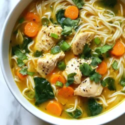 To make a delicious Ginger Garlic Chicken Noodle Soup, gather these key ingredients: - 1 lb (450g) boneless, skinless chicken thighs, cubed - 2 tablespoons olive oil - 1 large onion, diced - 4 cloves garlic, minced - 2 inches fresh ginger, grated - 6 cups chicken broth - 2 cups water - 4 oz (120g) rice noodles or egg noodles - 2 cups fresh spinach - 1 carrot, julienned - 3 green onions, sliced - 1 tablespoon soy sauce - 1 tablespoon sesame oil - Salt and pepper to taste - Fresh cilantro for garnish These ingredients bring rich flavor and warmth to each bowl. The chicken thighs add tenderness. Ginger and garlic give it a bright zing. You can add a few optional ingredients to boost the taste: - Mushrooms for umami - Chili flakes for heat - Lime juice for zest - Bell peppers for crunch These extras can change the soup's flavor profile. They allow you to make it your own. If you or someone you know has allergies, here are some simple swaps: - Use vegetable broth instead of chicken broth for a vegan option. - Replace soy sauce with coconut aminos for a gluten-free choice. - Swap rice noodles for quinoa or zucchini noodles for a low-carb option. These substitutions let everyone enjoy the soup. You can make it work for your needs. {{ingredient_image_1}} Start by heating 2 tablespoons of olive oil in a large pot over medium heat. Add 1 large diced onion and sauté it for about 5 minutes. Wait until the onion turns translucent. Then, stir in 4 minced garlic cloves and 2 inches of grated ginger. Cook this mix for about 2 minutes. You want to smell that rich aroma fill your kitchen. Next, add 1 pound of cubed boneless, skinless chicken thighs to the pot. Cook the chicken for about 5 to 7 minutes. Ensure the chicken is no longer pink. Once the chicken is cooked, pour in 6 cups of chicken broth and 2 cups of water. Bring the mix to a boil. After it boils, reduce the heat. Let it simmer for about 10 minutes. This step helps the flavors blend beautifully. Now it’s time for the noodles! Add 4 ounces of rice noodles or egg noodles and 1 julienned carrot to the pot. Cook these for an additional 5 minutes until the noodles are tender. Stir in 2 cups of fresh spinach, 1 tablespoon of soy sauce, and 1 tablespoon of sesame oil. Season with salt and pepper to taste. Let this simmer for another 2 to 3 minutes until the spinach wilts. Serve the soup hot, topped with sliced green onions and fresh cilantro for a bright finish. Enjoy this heartwarming bowl of goodness! To make the best Ginger Garlic Chicken Noodle Soup, focus on the flavors. Start with fresh garlic and ginger. Their bright taste makes the soup special. Sauté the onion until soft and sweet. This builds a rich base. Add the chicken thighs next. Make sure they cook fully. Nobody likes raw chicken in their soup. Use low-sodium chicken broth for a lighter taste. It lets the other flavors shine. When cooking the noodles, watch the time. Overcooked noodles can turn mushy. Add them just before serving to keep them firm. Finally, a splash of soy sauce and sesame oil adds depth. Don't skip the salt and pepper; they tie everything together. One mistake is not using enough aromatic ingredients. Garlic and ginger are key to great flavor. Another common error is overcooking the chicken. It should be juicy, not dry. Be careful with the heat when simmering. Too high can make the soup cloudy. Also, don’t forget to taste as you cook. Adjust the seasonings along the way. This will help you perfect your soup. To make this soup healthier, swap chicken thighs for skinless chicken breast. You can also cut back on oil. For a vegan version, replace the chicken with tofu or chickpeas. Use vegetable broth instead of chicken broth. Add more veggies like bell peppers, zucchini, or mushrooms. These not only boost nutrition but also add flavor and color. Adjust the seasonings to maintain a rich taste. This soup can be both healthy and delicious. Pro Tips Marinate for Flavor: For an extra depth of flavor, marinate the chicken in soy sauce, ginger, and garlic for 30 minutes before cooking. Use Homemade Broth: If possible, use homemade chicken broth for a richer taste and better nutrition. Vegetable Variations: Feel free to add other vegetables like bell peppers or mushrooms for added texture and nutrients. Adjust Spice Level: If you like a kick, add a pinch of red pepper flakes or a dash of sriracha for some heat. {{image_2}} You can switch out chicken for other meats. Try turkey, shrimp, or tofu. Each option brings a new taste. For turkey, use thighs or breast, cut into cubes. If using shrimp, add them last to keep them tender. Tofu is great for a vegan option. Use firm tofu, cut into small cubes. Cook it until golden for extra flavor. Both rice noodles and egg noodles work well in this soup. Rice noodles are light and soak up the broth. They cook fast and add a nice texture. Egg noodles are thicker and add heartiness. They also have a rich flavor. Choose rice noodles for a gluten-free option. If you like more chew, go with egg noodles. To make your soup unique, try adding new herbs and spices. A squeeze of lime brightens the dish. Add fresh basil or mint for a twist. You can also stir in a spoonful of chili paste for heat. For a deeper taste, mix in miso paste or a dash of fish sauce. Each addition can change the whole soup experience. To keep your ginger garlic chicken noodle soup fresh, store it in an airtight container. Let the soup cool to room temperature first. Then, place it in the fridge. It should stay good for about 3 to 4 days. If you want, you can separate the noodles from the soup. This helps keep them from getting too soft. When you’re ready to enjoy your leftovers, reheat the soup on the stove. Pour it into a pot over medium heat. Stir it often to warm it evenly. If the soup seems thick, add a splash of water or broth. You can also use a microwave. Place the soup in a microwave-safe bowl. Heat it in short bursts, stirring in between. This way, it heats well without cooking too much. Freezing is a great option if you want to store your soup for longer. First, let it cool completely. Then, pour it into freezer-safe bags or containers. Leave some space at the top to allow for expansion. Label the bags with the date. Your soup can last up to 3 months in the freezer. When you want to eat it, thaw it overnight in the fridge. Then, reheat it on the stove or in the microwave. Enjoy your warm, flavorful bowl anytime! Yes, you can make this soup ahead of time. The flavors get better as it sits. Just store it in the fridge for up to three days. When you are ready to eat, reheat it on the stove. Add a little water if it gets too thick. You can serve this soup with crusty bread or a fresh salad. A light green salad with lemon dressing pairs well. You could also try some spring rolls for a fun crunch. These sides add texture and balance to the soup. To spice it up, add sliced jalapeños or red pepper flakes. You can also use a splash of hot sauce. For a different flavor, try fresh chili peppers. Just start small and taste as you go. Adjust according to your heat preference. You’ve learned how to make a tasty Ginger Garlic Chicken Noodle Soup. We covered essential and optional ingredients, along with smart substitutions for food allergies. I shared step-by-step instructions for cooking, plus tips to improve your soup. Remember, you can tweak this recipe to fit your taste. Try different proteins or noodles for new flavors. Storing leftovers and reheating them right keeps the soup fresh. Enjoy creating and sharing this warm dish with friends and family. Happy cooking!