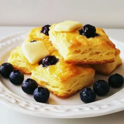 Here are the ingredients you need to make fluffy blueberry biscuits: - 2 cups all-purpose flour - 1 tablespoon baking powder - 1/2 teaspoon salt - 1/4 cup granulated sugar - 1/2 cup unsalted butter, cold and cubed - 3/4 cup buttermilk - 1 cup fresh blueberries - 1 teaspoon vanilla extract - Zest of 1 lemon (optional) - Extra flour for dusting Each ingredient plays a key role in making these biscuits light and fluffy. The all-purpose flour forms the base. Baking powder helps the biscuits rise. Salt adds flavor, while sugar gives a hint of sweetness. Cold butter creates flaky layers. Buttermilk makes them tender. Blueberries add a burst of flavor. Vanilla extract enhances sweetness, and lemon zest brightens the taste. Dusting flour helps with handling the dough. Now that you have your ingredients ready, you can start making these delicious biscuits! {{ingredient_image_1}} Start by preheating your oven to 425°F (220°C). This heat helps the biscuits rise well. While the oven warms up, line a baking sheet with parchment paper. This keeps the biscuits from sticking. In a large bowl, combine 2 cups of all-purpose flour, 1 tablespoon of baking powder, 1/2 teaspoon of salt, and 1/4 cup of granulated sugar. Use a whisk to mix these dry ingredients. Make sure they are well blended. This step is important for an even taste. Now, add 1/2 cup of cold, cubed unsalted butter to the flour mix. You can use a pastry cutter or your fingers to mix. Aim for a crumbly texture. You want some pea-sized bits of butter to remain. This keeps the biscuits flaky. In a separate bowl, mix together 3/4 cup of buttermilk, 1 teaspoon of vanilla extract, and the zest of 1 lemon if you like. The buttermilk adds moisture. The vanilla and lemon zest give flavor. Pour the wet mix into the dry mix. Stir gently until just combined. Be careful not to overmix. Overmixing can make the biscuits tough. Gently fold in 1 cup of fresh blueberries. Make sure they are evenly spread throughout the dough. Lightly flour a clean surface and turn the dough out onto it. Pat the dough into a rectangle about 1-inch thick. Use a biscuit cutter or a floured glass to cut out biscuits. Place them on your prepared baking sheet. Gather any scraps and re-pat them to cut more biscuits. Bake for 12-15 minutes or until they are golden brown on top. Enjoy the wonderful smell as they bake! To make fluffy blueberry biscuits, you need the right mix of ingredients. Use cold butter to keep the dough light. When mixing, aim for a crumbly texture. You want some butter pieces to stay whole. This helps the biscuits rise well during baking. Overmixing can ruin your biscuits. When you add the buttermilk, stir gently. Mix just until you see no dry flour. The dough should be slightly sticky. If you work it too much, the biscuits turn tough, not fluffy. Fresh blueberries work best for flavor. Wash them gently to avoid breaking. If you want, toss them in a bit of flour before adding to your dough. This helps them stay suspended in the biscuits and not sink to the bottom. Serve your biscuits warm for the best taste. Drizzle honey or smear butter on top. For a fresh look, add a few extra blueberries as a garnish. This adds color and makes them more inviting. Enjoy your delightful treat! Pro Tips Use Cold Ingredients: Ensure your butter and buttermilk are cold. This helps create flaky layers in your biscuits. Don’t Overmix: Mix the dough just until combined. Overmixing can lead to tough biscuits instead of light and fluffy ones. Fresh Blueberries: Use fresh blueberries for the best flavor and texture. Frozen berries can make the dough soggy. Brush with Butter: For a golden finish, brush the tops of the biscuits with melted butter right before baking. {{image_2}} You can add a bright twist to your blueberry biscuits by using lemon. Just mix in the zest of one lemon when you combine the wet ingredients. This gives a fresh flavor that pairs well with the blueberries. It adds a nice touch of sweetness and tartness. The lemon will lift the overall taste, making each bite feel special. Want to change things up? Try adding nuts or other fruits. Chopped walnuts or pecans add a nice crunch. You can also mix in diced strawberries or raspberries. Just make sure to adjust the amount of blueberries so they don’t overwhelm the dough. This way, you get a fun mix of textures and flavors in your biscuits. If you need a gluten-free option, use a gluten-free flour blend. Make sure it has a mix of starches and proteins for the best rise. Replace the all-purpose flour with the same amount of gluten-free flour. You may need to add a bit more buttermilk to keep the dough moist. Keep an eye on the baking time, as gluten-free biscuits may cook faster. Enjoy a tasty treat without gluten! To store your leftover biscuits, let them cool completely. Place them in an airtight container. You can keep them at room temperature for one day. If you want to save them longer, store them in the fridge. They will stay fresh for up to three days in the fridge. When you want to enjoy your biscuits again, preheat your oven to 350°F (175°C). Place the biscuits on a baking sheet. Heat them for about 5 to 10 minutes until warm. You can also use a microwave. Heat them for 15 to 20 seconds, but they won’t be as crispy. To freeze biscuits, first, cool them completely. Wrap each biscuit in plastic wrap. Then, put them in a freezer bag. You can store them in the freezer for up to three months. When you’re ready to eat, thaw them in the fridge overnight. Then, follow the reheating instructions to enjoy them warm. You can make these biscuits healthier by swapping some ingredients. Use whole wheat flour instead of all-purpose flour. This adds fiber and nutrients. You can also cut the sugar in half. Instead of butter, try using coconut oil or applesauce. Both options will still give a nice texture. Lastly, add some oats for extra health benefits. Yes, you can use frozen blueberries! They work well in this recipe. Frozen berries might make the dough a bit wetter. So, consider adding a touch more flour. Do not thaw the blueberries before mixing them in. This keeps them from getting mushy and helps the biscuits stay fluffy. These biscuits are great on their own. You can serve them warm with butter or honey. They pair well with yogurt or a fruit salad. For a fun twist, try them with whipped cream and extra berries. They also make a nice addition to breakfast with eggs or bacon. These biscuits stay fresh for about two days at room temperature. Store them in an airtight container to keep them soft. You can also freeze them for up to three months. Just wrap each biscuit well in plastic wrap before freezing. Thaw them at room temperature or warm them in the oven. You’ve learned how to make blueberry biscuits from scratch. We covered the right ingredients, step-by-step instructions, and useful tips. Don't forget the fun variations you can try. Storage and reheating methods will help you enjoy them later. These biscuits are simple to make and always tasty. I hope you feel ready to bake and share them with friends. Enjoy your cooking adventure!