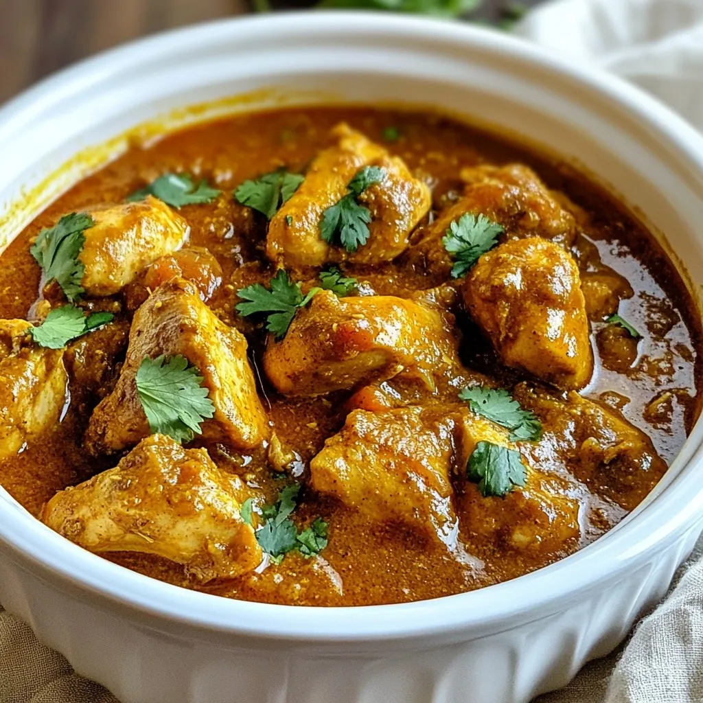 To make a great chicken curry, gather these main ingredients: - 500g chicken (bone-in, skinless, cut into pieces) - 2 large onions, finely chopped - 3 cloves garlic, minced - 1 inch ginger, grated - 2 tomatoes, pureed - 2 green chilies, slit - 1/2 cup plain yogurt - 1/4 cup cooking oil (vegetable or canola) - 1/2 cup water Each ingredient adds a unique taste, making your curry rich and flavorful. Now, let’s talk about spices. They make the dish come alive. Here are the spices you need: - 1 teaspoon cumin seeds - 1 teaspoon mustard seeds - 1 teaspoon turmeric powder - 1 teaspoon red chili powder - 1 teaspoon garam masala - 1 teaspoon coriander powder - Salt to taste These spices create warmth and depth in your curry. They are key to authentic flavor. Garnishes can enhance your dish's look and taste. For this curry, you can use: - Fresh cilantro for garnish Adding fresh cilantro gives your dish a bright finish. It also adds a nice aroma. {{ingredient_image_1}} Start by heating the oil in a large pot. Use medium heat for this. When the oil is hot, add cumin and mustard seeds. Listen for them to crackle, which shows they are ready. Next, add the chopped onions. Stir them until they turn golden brown. This takes about 8 to 10 minutes. Keep stirring to cook them evenly. Then, add the minced garlic, grated ginger, and slit green chilies. Sauté for 2 minutes. You want to smell the fragrant spices filling your kitchen. After that, stir in the pureed tomatoes. Cook this mixture for about 5 minutes. You want it to thicken and the oil to separate. Once your base is ready, it's time to add the spices. Add turmeric powder, red chili powder, coriander powder, and salt. Cook this spice mix for 2 to 3 minutes. Stir often to avoid burning. Now, lower the heat and add the yogurt slowly. Mix it in carefully to keep the yogurt from curdling. After that, add the chicken pieces. Coat them well with the spice and yogurt mix. Cook this for 5 to 7 minutes. You want the chicken to brown nicely on all sides. Pour in the water and bring the curry to a gentle boil. Then, reduce the heat to low. Cover the pot and let it simmer for 30 minutes. Stir it occasionally. This step makes the chicken tender and juicy. When the chicken is cooked, sprinkle garam masala over the top. Mix it in well. Let the curry rest for 5 minutes before serving. This helps the flavors settle. Finally, garnish with fresh cilantro. Serve your chicken curry with rice or naan for a complete meal. Enjoy the rich, spicy flavors of this authentic dish! When making chicken curry, use bone-in, skinless pieces. The bones add great flavor. You can choose thighs or drumsticks for juicy meat. Avoid using breasts; they can dry out fast. One common mistake is rushing the cooking. Take your time when sautéing onions. They need to be golden brown to develop the right taste. Also, add yogurt slowly. This prevents curdling and keeps your sauce smooth. To boost flavors, try adding fresh herbs. Cilantro is a great choice for garnish. You can also sprinkle some lemon juice before serving. It adds brightness and balances the spice. For extra heat, add more green chilies. Adjust the spices to suit your taste! Pro Tips Marinate for Flavor: For a deeper flavor, marinate the chicken in yogurt and spices for at least 30 minutes or even overnight before cooking. Adjust Spice Levels: Feel free to adjust the number of green chilies according to your heat preference. You can also substitute with milder peppers if desired. Use Fresh Ingredients: Fresh garlic, ginger, and cilantro will significantly enhance the flavor of your curry, making it more aromatic and vibrant. Rest Before Serving: Allow the curry to rest for a few minutes after cooking. This helps the flavors meld together, resulting in a more delicious dish. {{image_2}} You can easily make a vegetarian version of this dish. Replace the chicken with hearty vegetables like potatoes, carrots, or bell peppers. You can also use paneer, a type of Indian cheese, for added richness. Follow the same steps, just cook the veggies until tender. Adjust the cooking time to ensure they are soft but not mushy. This way, you get a tasty curry that fits any diet. While chicken is popular, you can try other meats too. Lamb, goat, or even fish work well in the same recipe. Each protein brings its flavor, making the curry unique. For lamb or goat, cook it longer to become tender. If you use fish, add it later in the cooking process to keep it from breaking apart. Each option gives you a different twist on the same beloved dish. India has many regions, and each has its style of chicken curry. In Punjab, you might find a creamier version with more spices. In South India, curry often includes coconut milk and curry leaves, giving it a distinct taste. Each region uses local ingredients, so feel free to experiment. Explore these variations to find your favorite style of chicken curry. After you finish your chicken curry, let it cool. Place any leftovers in an airtight container. Keep them in the fridge for up to three days. This helps keep the flavors fresh and safe to eat. Want to save your chicken curry for later? You can freeze it! Pour the cooled curry into a freezer-safe container. It can last for up to three months in the freezer. Label it with the date so you know when to use it. When you're ready to enjoy your chicken curry again, reheat it carefully. If frozen, let it thaw in the fridge overnight. You can reheat it in a pot over low heat. Stir it often to make sure it warms evenly. If it seems too thick, add a splash of water. You can also use a microwave; just cover it and heat in short bursts. Enjoy your meal warm and flavorful! Authentic Indian chicken curry comes from real techniques and fresh ingredients. The spices create rich, bold flavors. We use cumin, mustard seeds, turmeric, and garam masala. These spices are key to Indian cooking. They give depth and warmth to the dish. Fresh ginger and garlic add aroma and taste. The method of cooking also matters. Sautéing onions until golden brown brings sweetness. Slowly simmering the chicken makes it tender. This process helps all the flavors blend perfectly. Yes, you can use coconut milk if you like. It will change the flavor to a creamier one. Coconut milk adds sweetness and richness. However, yogurt gives a tangy taste and helps tenderize the chicken. If you choose coconut milk, add it after browning the chicken. Stir it in gently to avoid curdling. Adjust the spices to balance the sweetness of the coconut milk. You may want less turmeric and red chili powder. Adjusting spice level is easy! If you like less heat, remove the seeds from green chilies. You can also reduce the amount of red chili powder. For more heat, add extra chilies or chili powder. Always taste as you cook. This way, you can find your perfect balance. Remember, cooking is about finding what you love. Don't be afraid to experiment! Authentic Indian chicken curry blends rich spices, fresh ingredients, and careful cooking steps. You learned about essential spices, different adaptations, and tips to avoid common mistakes. Think about how numerous variations can suit your taste, whether you want vegetarian options or different proteins. Store leftovers safely and reheat properly for the best experience. Now, get ready to enjoy your homemade chicken curry, bursting with flavors from India. Dive in, experiment, and make it your own!