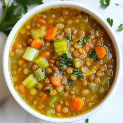 To make a hearty crockpot lentil soup, you will need: - 1 cup green or brown lentils, rinsed - 1 medium onion, chopped - 2 carrots, diced - 2 celery stalks, diced - 3 cloves garlic, minced - 1 can (14 oz) diced tomatoes, with juices - 6 cups vegetable broth - 1 tablespoon olive oil - 1 teaspoon dried thyme - 1 teaspoon cumin - 1 bay leaf - Salt and pepper to taste These ingredients create a rich base for your soup. Lentils are the star, providing protein and fiber. The vegetables add texture and flavor, while spices create warmth. To make your soup even better, consider these garnishes: - Fresh parsley, chopped - Crusty bread on the side - A drizzle of olive oil These garnishes add freshness and enhance the soup's look. Crusty bread is great for dipping! Besides the main spices, you can use these seasonings: - Smoked paprika for a smoky taste - Red pepper flakes for heat - Lemon juice for brightness These seasonings allow you to customize the flavor profile. Experiment with them to find your favorite mix! {{ingredient_image_1}} To start, gather your ingredients. You will need: - 1 cup green or brown lentils, rinsed - 1 medium onion, chopped - 2 carrots, diced - 2 celery stalks, diced - 3 cloves garlic, minced - 1 can (14 oz) diced tomatoes, with juices - 6 cups vegetable broth - 1 tablespoon olive oil - 1 teaspoon dried thyme - 1 teaspoon cumin - 1 bay leaf - Salt and pepper to taste - Fresh parsley, for garnish Once you have everything, wash and chop the veggies. Rinse the lentils under cold water. This step removes dirt and grit. Now, it’s time to build the soup. In your crockpot, add the lentils, onion, carrots, celery, and garlic. Pour in the diced tomatoes with their juices. Next, add the vegetable broth. Drizzle the olive oil over the mix. Sprinkle in thyme, cumin, and place the bay leaf inside. Stir everything together. Make sure the lentils are fully covered by the liquid. Cover the crockpot and set it to low for 6-8 hours or high for 4-5 hours. The lentils should become tender and soft. When the cooking time is up, taste the soup. Add salt and pepper as needed. This is a good time to adjust the flavor. Remember to remove the bay leaf. Ladle the soup into bowls and top with fresh parsley. This adds color and a burst of flavor. Enjoy your hearty and flavorful lentil soup! To make your soup even tastier, try these tips: - Add herbs: Fresh herbs like basil or cilantro can brighten the soup. - Add acid: A splash of lemon juice or vinegar at the end adds a nice zing. - Use smoked spices: Smoked paprika can give a warm, smoky flavor. - Finish with oil: A drizzle of good olive oil before serving adds richness. Here are some best practices to keep in mind: - Rinse lentils: Always rinse lentils before cooking to remove dirt or grit. - Chop veggies small: Smaller pieces cook evenly and blend well in the soup. - Layer flavors: Cook onions and garlic in olive oil before adding to the pot for more depth. - Taste often: Always taste your soup as it cooks and adjust seasoning as needed. Avoid these common mistakes: - Overcooking lentils: Cooking them too long can make them mushy. - Ignoring salt: Failing to season well can lead to bland soup. - Skipping the bay leaf: This simple ingredient adds a lot of flavor. - Not removing the bay leaf: Don't forget to take it out before serving! Pro Tips Soak Your Lentils: Soaking lentils for a few hours can help reduce cooking time and improve their texture. Customize Your Veggies: Feel free to add other vegetables like bell peppers or zucchini for added flavor and nutrients. Spice it Up: Experiment with different spices, such as smoked paprika or chili powder, for a unique twist on the soup. Make it Creamy: For a creamier texture, use an immersion blender to partially blend the soup before serving. {{image_2}} You can make your Crockpot lentil soup even better by adding more veggies or protein. Spinach, kale, or bell peppers work great. They add color and nutrition without much effort. Just toss them in during the last hour of cooking. If you want protein, try adding some cooked sausage, chicken, or tofu. These options give your soup a hearty boost. Just remember to adjust the broth amount to keep the soup balanced. Love some heat? You can easily make a spicy version of this soup. Add red pepper flakes or diced jalapeños to the mix. Start with half a teaspoon of red pepper flakes and increase based on your taste. Another great option is to add a splash of hot sauce just before serving. This gives your soup a nice kick without overpowering the other flavors. Both vegan and vegetarian versions of this recipe are simple. The base of the soup is already vegan since it uses vegetable broth and no animal products. For a vegetarian twist, you can add dairy. A splash of cream or some cheese can make it rich and creamy. If you want to keep it vegan, just stick with the fresh parsley as a garnish! To store leftover lentil soup, let it cool first. Transfer it to an airtight container. Seal it tightly and place it in the fridge. The soup will stay fresh for about three to five days. Make sure to label the container with the date. You can freeze lentil soup for later. Use freezer-safe containers or bags for this. Fill the containers, leaving some space for expansion. Seal them tight and write the date on each. The soup can last in the freezer for up to three months. When you are ready to eat the soup, you can reheat it easily. For the best taste, thaw it in the fridge overnight if frozen. Heat it on the stove over medium heat, stirring often. If using the microwave, heat it in short bursts, stirring in between. Always check that it is hot all the way through before serving. Yes, you can use different lentils. Green or brown lentils work best for this soup. They hold their shape and add a nice texture. Red lentils can also be used, but they cook faster and become mushy. If you want a thicker soup, red lentils are a good choice. Just adjust the cooking time to avoid overcooking them. To make the soup thicker, you can mash some of the lentils. Use a potato masher or a fork to mash a portion of the soup. This will create a creamy texture. You can also add a tablespoon of cornstarch mixed with water. Stir it in during the last 30 minutes of cooking. Another method is to reduce the amount of broth you add. Lentil soup pairs well with crusty bread or a fresh salad. You can serve it with a side of warm pita for a nice touch. Grilled cheese sandwiches are also a great match. For a bit of crunch, add some croutons on top. Feel free to get creative with your sides! Crockpot lentil soup offers rich flavors and great nutrition. In this post, we explored key ingredients, cooking steps, and helpful tips to create a perfect soup. We also discussed tasty variations and how to store leftovers properly. With this knowledge, you can craft a personal lentil soup experience. Keep experimenting with ingredients and flavors. Enjoy every warm bowl of this comforting dish!
