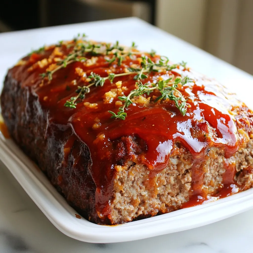 To make the perfect classic meatloaf, gather these fresh ingredients: - 2 pounds ground beef (80/20 blend for juiciness) - 1 cup breadcrumbs - 1/2 cup milk - 1/2 cup onion, finely chopped - 1/4 cup bell pepper, finely chopped - 2 cloves garlic, minced - 1 large egg - 1 tablespoon Worcestershire sauce - 1 teaspoon dried thyme - 1 teaspoon dried oregano - 1 teaspoon salt - 1/2 teaspoon black pepper - 1/2 cup ketchup (divided) - 2 tablespoons brown sugar Each ingredient plays a key role in creating a flavorful and moist meatloaf. Ground beef is the base. I recommend an 80/20 blend. This fat ratio keeps it juicy. The breadcrumbs help bind the meatloaf while adding texture. Milk softens the mixture, making every bite tender. Onion and bell pepper add sweetness and depth. Don't skip the garlic; it packs a punch of flavor. The egg is crucial for binding, ensuring your meatloaf holds its shape. Worcestershire sauce gives a savory kick. Thyme and oregano enhance the overall taste. Salt and black pepper balance the flavors. Finally, the ketchup and brown sugar create a sweet glaze for the top. This adds a lovely finish and extra moisture. Now, you are set to create your perfect classic meatloaf! {{ingredient_image_1}} - Set your oven to 350°F (175°C). This is the ideal temperature for cooking meatloaf. - Line a baking sheet with parchment paper or grease a loaf pan. This helps with easy cleanup. - In a large bowl, mix together the ground beef, breadcrumbs, and milk. - Add finely chopped onion, bell pepper, minced garlic, and egg. - Pour in Worcestershire sauce, dried thyme, oregano, salt, and black pepper. - Use your hands to combine the ingredients. Be gentle so the meatloaf stays tender. - Take the meat mixture and place it on your prepared baking sheet or into the loaf pan. - Shape the mixture into a loaf about 2 inches thick. This helps it cook evenly. - In a small bowl, mix 1/2 cup ketchup with brown sugar. Stir until blended. - Spread half of this glaze over the top of the meatloaf. This adds flavor and a nice shine. - Place the meatloaf in the oven and bake for 1 hour. - Check the internal temperature with a meat thermometer. It should read 160°F (70°C). - After baking, let the meatloaf rest for 10 minutes. This keeps it moist and easy to slice. - Serve warm with your favorite sides, like mashed potatoes or green beans. - Role of Ingredients: The right ingredients make all the difference. Ground beef with 80/20 fat ensures juiciness. Breadcrumbs bind the mix and add texture. Milk helps keep the meatloaf moist. - Techniques for Moist Meatloaf: Mix the ingredients gently. Overmixing toughens the meat. Form the loaf with care. A thicker loaf cooks evenly. Let it rest after baking to keep it juicy. - Spice and Herb Variations: Use dried thyme and oregano for depth. You can add garlic powder or paprika for a kick. Fresh herbs can brighten the taste. Experiment with your favorite spices. - Alternative Glazes: Ketchup and brown sugar is classic. Try BBQ sauce for a smoky flavor. A honey glaze can add sweetness. Mustard mixed with ketchup can bring tang. - Recommended Kitchen Tools: A large bowl is key for mixing. Use a loaf pan or baking sheet lined with parchment. A spatula helps in shaping. - Importance of Using a Meat Thermometer: A meat thermometer ensures safety. Check that the center reads 160°F. This prevents undercooking or overcooking. Trust the thermometer for the best results. Pro Tips Choose the Right Meat: For a juicy meatloaf, opt for an 80/20 blend of ground beef. The fat content keeps the meatloaf moist and flavorful. Don’t Overmix: When combining the ingredients, mix gently. Overmixing can lead to a tough texture. Aim for just combined. Rest Before Slicing: Let the meatloaf rest for at least 10 minutes after baking. This allows the juices to redistribute, making for a moist slice. Customize the Glaze: Feel free to experiment with the glaze! Add some hot sauce, brown sugar, or mustard for a kick of flavor. {{image_2}} Adding vegetables to meatloaf makes it tastier and healthier. You can mix in finely chopped carrots, zucchini, or spinach. These veggies add color and flavor. Plus, they boost the nutrition. More nutrients mean better health for you and your family. If you want a lighter option, try ground turkey or chicken. These meats are leaner than beef. They can still give you a great meatloaf. For plant-based eaters, use lentils or chickpeas. You can mash them and mix in spices for a tasty meatloaf. Change the taste of your meatloaf with different flavors. For an Italian twist, add basil and oregano. BBQ lovers can mix in smoked paprika and chipotle. Want some heat? Add jalapeños or red pepper flakes. You can also try unique ingredients like cheese or mushrooms for extra flavor. - Allow the meatloaf to cool to room temperature before storing. - Wrap it tightly in plastic wrap or foil. - Store it in an airtight container to keep it fresh. - Leftovers can last up to four days in the fridge. - To freeze, slice the meatloaf into portions. - Use freezer-safe bags or containers to store each slice. - Remove as much air as possible to prevent freezer burn. - It can last up to three months in the freezer. - Fresh meatloaf lasts about four days in the fridge. - Frozen meatloaf can stay good for three months. - Check for discoloration or off smells to spot spoilage. - If it feels slimy or sticky, discard it right away. The safe internal temperature for meatloaf is 160°F (70°C). This ensures that any harmful bacteria are killed. Use a meat thermometer to check the temperature in the center of the loaf. Cooking it to this temperature guarantees a safe and juicy meatloaf. Always let it rest for about 10 minutes after cooking. This helps the juices redistribute, making it even tastier. Yes, you can prepare meatloaf ahead of time. Mix all the ingredients and shape the loaf. Cover it with plastic wrap and store it in the fridge. It can stay fresh for up to 24 hours. If you want to freeze it, wrap it tightly in foil. It can last up to three months in the freezer. Just thaw it in the fridge before cooking. To keep meatloaf moist, use a blend of meat with some fat, like ground beef 80/20. Adding milk and breadcrumbs helps also. Don’t overmix the meat. This can make it tough and dry. Another tip is to add a glaze, like ketchup mixed with brown sugar. This adds flavor and moisture on top. Yes, there are many alternatives to bread crumbs. You can use crushed crackers, oats, or crushed cornflakes. If you want a gluten-free option, try almond flour or gluten-free bread crumbs. Each substitute gives a different texture. Make sure to adjust the liquid in the recipe accordingly. To slice meatloaf, use a sharp knife. Let the meatloaf rest for 10 minutes after baking. This makes it easier to slice. Cut straight down instead of sawing back and forth. This helps keep it together and looking nice. Serve the slices with your favorite sides for a complete meal. This post covered how to make a tasty meatloaf from fresh ingredients. You learned about important steps like mixing, shaping, and baking. I also shared tips for texture and flavor. Variations can add fun to your meals, too. Remember to store leftovers properly for later enjoyment. With these techniques, you can create a delicious dish that satisfies everyone. Enjoy your cooking journey and feel proud of your meatloaf skills!