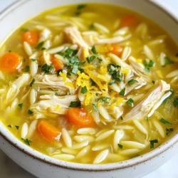 To make a tasty Greek Lemon Chicken Soup, you'll need a few simple items. Here is the list of ingredients: - 1 pound boneless, skinless chicken breasts - 6 cups chicken broth - 1 cup orzo pasta - 2 large carrots, diced - 1 onion, finely chopped - 3 cloves garlic, minced - 3 large eggs - Juice and zest of 2 lemons - 1 teaspoon dried oregano - Salt and pepper to taste - 2 tablespoons olive oil - Fresh parsley, chopped for garnish Each ingredient plays a key role in creating the soup's unique flavor. The chicken gives the broth a rich base. The broth adds warmth and depth. Orzo pasta gives it a comforting texture. Carrots and onions provide sweetness and crunch. Garlic brings a lovely aroma. Eggs thicken the soup and add creaminess. Lemon juice and zest add a bright, fresh touch. Oregano enhances the soup’s Mediterranean flavor. Salt and pepper balance the dish. Lastly, parsley adds a pop of color and freshness. {{ingredient_image_1}} Cooking the Base Start by heating the olive oil in a large pot over medium heat. Add the chopped onion and sauté it for about 5 minutes. The onion should become soft and clear. Next, stir in the minced garlic and diced carrots. Cook for 2 more minutes until you smell the great aroma. Adding Chicken and Broth Now, add the boneless chicken breasts to the pot. Pour in the chicken broth and bring it to a gentle boil. Once boiling, lower the heat and let it simmer for around 15 minutes. The chicken should be fully cooked by this time. Incorporating Orzo After you remove the chicken, stir in the orzo pasta and dried oregano. Let the pasta cook for about 8 to 10 minutes. You want the orzo to be al dente, which means it should still have a bit of bite. Tempering the Eggs While the orzo cooks, shred the chicken into small pieces. In a bowl, whisk together the eggs, lemon juice, and lemon zest. To avoid scrambling the eggs, add a ladleful of hot broth to the egg mixture while whisking continuously. Final Assembly and Seasoning Slowly pour the tempered egg mixture back into the pot while stirring constantly. This keeps the eggs smooth and creamy. Return the shredded chicken to the soup. Finally, season with salt and pepper to taste. Heat through for another 2 to 3 minutes. Your soup is now ready to serve! Choosing the Right Chicken I like to use boneless, skinless chicken breasts for this soup. They cook quickly and stay tender. If you want more flavor, consider using thighs. They have a richer taste and won’t dry out as easily. Tips for Enhancing Flavor Use fresh lemon juice and zest for the best taste. The bright citrus lifts the soup. Adding fresh parsley at the end gives it a fresh touch. If you want a kick, add a pinch of red pepper flakes while cooking. Adjusting Consistency If your soup is too thick, add more chicken broth until it’s just right. For a thicker soup, let it simmer longer to reduce the liquid. Adjust to your liking, and remember to taste as you go! Pro Tips Use Fresh Ingredients: Fresh lemons and herbs will elevate the flavor of your soup significantly. Look for bright yellow lemons and vibrant parsley for the best taste. Tempering Eggs: Gradually adding hot broth to the egg mixture is crucial to prevent scrambling. This technique ensures a creamy texture in your soup. Cook Orzo Al Dente: To achieve the perfect texture, cook the orzo just until al dente. It will continue to soften slightly after being added to the soup. Season at the End: Taste and adjust salt and pepper at the end of cooking. This allows you to control the seasoning better once all ingredients are combined. {{image_2}} Alternative Proteins You may choose other proteins for your soup. Try using turkey or tofu. These options add great taste and texture. If you want a vegetarian choice, use chickpeas. They make the soup hearty and filling. Gluten-Free Options For a gluten-free version, swap orzo with rice or quinoa. Both grains work well and give a nice bite. You can also use gluten-free pasta. Just make sure to cook it according to package instructions. Vegetables to Add Feel free to mix in more veggies. Spinach, kale, or zucchini are tasty choices. Adding these boosts nutrients and color. You can even toss in peas or bell peppers for sweetness. Flavor Infusions Add depth to your soup with fresh herbs. Thyme or dill can enhance the taste. A splash of white wine or a hint of feta cheese also makes a big difference. Each twist can bring a new vibe to your dish. Refrigerator Guidelines Store leftover Greek Lemon Chicken Soup in an airtight container. It stays fresh for up to three days. Let the soup cool before sealing it. This helps keep the flavor strong. Freezing Techniques You can freeze the soup for up to three months. Use freezer-safe containers or bags. Make sure to leave some space for expansion. Avoid freezing with the orzo, as it can become mushy. Instead, freeze the broth and chicken separately. Reheating Instructions To reheat, thaw the soup in the fridge overnight. Warm it on the stove over low heat. Stir often to ensure even heating. If the soup thickens, add a splash of broth or water. Enjoy your comforting bowl straight from the pot! Can I make this soup ahead of time? Yes, you can make this soup ahead. It stays tasty in the fridge for up to three days. Just reheat it on the stove. The flavors deepen when it sits. What can I serve with Greek Lemon Chicken Soup? You can serve this soup with warm pita bread or a simple side salad. A Greek salad adds fresh crunch and pairs well with the soup. How do I make it vegetarian? To make it vegetarian, use vegetable broth instead of chicken broth. Replace the chicken with chickpeas or tofu for protein. You’ll still have a hearty dish that's full of flavor. Can I use a different type of pasta? Yes, you can use other small pasta shapes like ditalini or mini shells. Just keep an eye on the cooking time to avoid overcooking. Each type brings its own texture to the soup. This blog post covers how to make Greek Lemon Chicken Soup. We explored the key ingredients like chicken, broth, and vegetables. You learned step-by-step instructions for preparation, from cooking the base to final assembly. I shared tips for perfecting your soup and offered variations to fit different tastes. Storing leftovers and common questions are also addressed. In closing, this soup not only warms your body but also your heart. Enjoy creating your own version of this comforting dish!