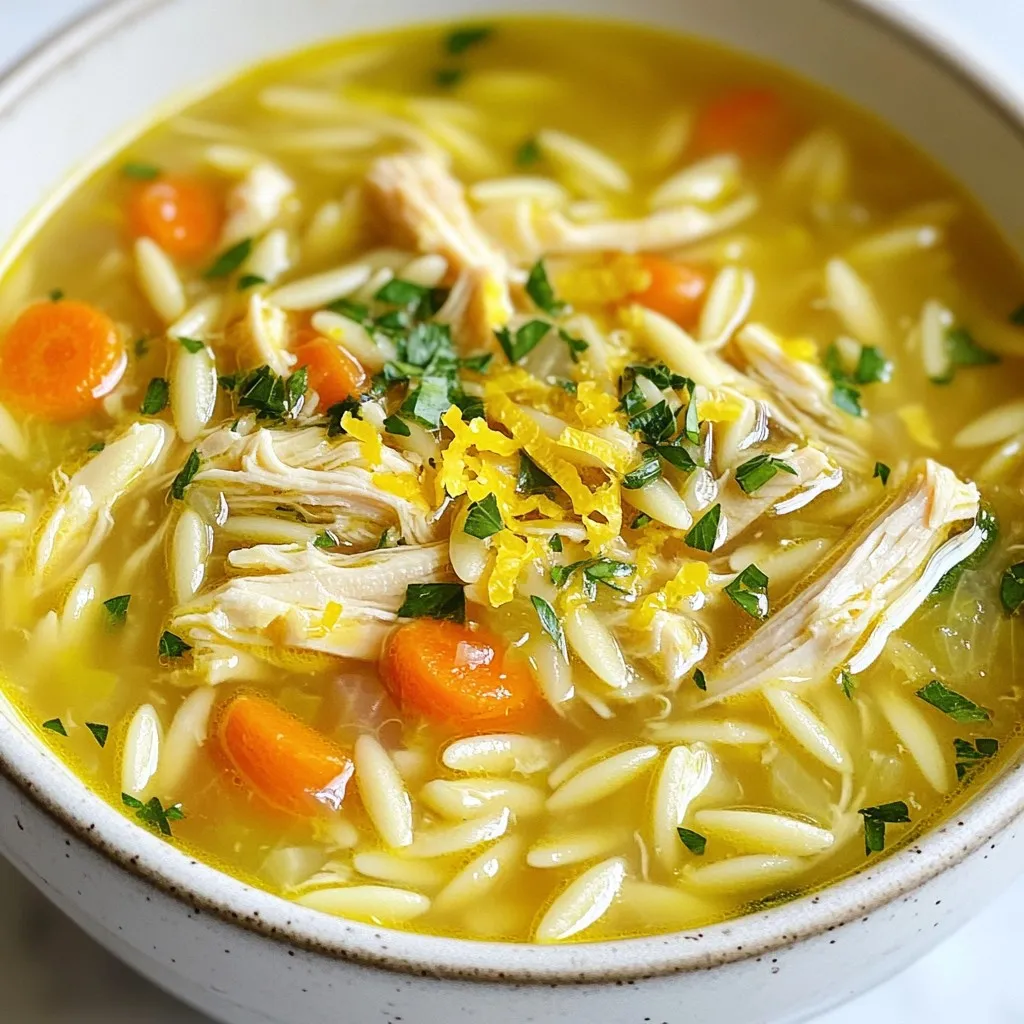 To make a tasty Greek Lemon Chicken Soup, you'll need a few simple items. Here is the list of ingredients: - 1 pound boneless, skinless chicken breasts - 6 cups chicken broth - 1 cup orzo pasta - 2 large carrots, diced - 1 onion, finely chopped - 3 cloves garlic, minced - 3 large eggs - Juice and zest of 2 lemons - 1 teaspoon dried oregano - Salt and pepper to taste - 2 tablespoons olive oil - Fresh parsley, chopped for garnish Each ingredient plays a key role in creating the soup's unique flavor. The chicken gives the broth a rich base. The broth adds warmth and depth. Orzo pasta gives it a comforting texture. Carrots and onions provide sweetness and crunch. Garlic brings a lovely aroma. Eggs thicken the soup and add creaminess. Lemon juice and zest add a bright, fresh touch. Oregano enhances the soup’s Mediterranean flavor. Salt and pepper balance the dish. Lastly, parsley adds a pop of color and freshness. {{ingredient_image_1}} Cooking the Base Start by heating the olive oil in a large pot over medium heat. Add the chopped onion and sauté it for about 5 minutes. The onion should become soft and clear. Next, stir in the minced garlic and diced carrots. Cook for 2 more minutes until you smell the great aroma. Adding Chicken and Broth Now, add the boneless chicken breasts to the pot. Pour in the chicken broth and bring it to a gentle boil. Once boiling, lower the heat and let it simmer for around 15 minutes. The chicken should be fully cooked by this time. Incorporating Orzo After you remove the chicken, stir in the orzo pasta and dried oregano. Let the pasta cook for about 8 to 10 minutes. You want the orzo to be al dente, which means it should still have a bit of bite. Tempering the Eggs While the orzo cooks, shred the chicken into small pieces. In a bowl, whisk together the eggs, lemon juice, and lemon zest. To avoid scrambling the eggs, add a ladleful of hot broth to the egg mixture while whisking continuously. Final Assembly and Seasoning Slowly pour the tempered egg mixture back into the pot while stirring constantly. This keeps the eggs smooth and creamy. Return the shredded chicken to the soup. Finally, season with salt and pepper to taste. Heat through for another 2 to 3 minutes. Your soup is now ready to serve! Choosing the Right Chicken I like to use boneless, skinless chicken breasts for this soup. They cook quickly and stay tender. If you want more flavor, consider using thighs. They have a richer taste and won’t dry out as easily. Tips for Enhancing Flavor Use fresh lemon juice and zest for the best taste. The bright citrus lifts the soup. Adding fresh parsley at the end gives it a fresh touch. If you want a kick, add a pinch of red pepper flakes while cooking. Adjusting Consistency If your soup is too thick, add more chicken broth until it’s just right. For a thicker soup, let it simmer longer to reduce the liquid. Adjust to your liking, and remember to taste as you go! Pro Tips Use Fresh Ingredients: Fresh lemons and herbs will elevate the flavor of your soup significantly. Look for bright yellow lemons and vibrant parsley for the best taste. Tempering Eggs: Gradually adding hot broth to the egg mixture is crucial to prevent scrambling. This technique ensures a creamy texture in your soup. Cook Orzo Al Dente: To achieve the perfect texture, cook the orzo just until al dente. It will continue to soften slightly after being added to the soup. Season at the End: Taste and adjust salt and pepper at the end of cooking. This allows you to control the seasoning better once all ingredients are combined. {{image_2}} Alternative Proteins You may choose other proteins for your soup. Try using turkey or tofu. These options add great taste and texture. If you want a vegetarian choice, use chickpeas. They make the soup hearty and filling. Gluten-Free Options For a gluten-free version, swap orzo with rice or quinoa. Both grains work well and give a nice bite. You can also use gluten-free pasta. Just make sure to cook it according to package instructions. Vegetables to Add Feel free to mix in more veggies. Spinach, kale, or zucchini are tasty choices. Adding these boosts nutrients and color. You can even toss in peas or bell peppers for sweetness. Flavor Infusions Add depth to your soup with fresh herbs. Thyme or dill can enhance the taste. A splash of white wine or a hint of feta cheese also makes a big difference. Each twist can bring a new vibe to your dish. Refrigerator Guidelines Store leftover Greek Lemon Chicken Soup in an airtight container. It stays fresh for up to three days. Let the soup cool before sealing it. This helps keep the flavor strong. Freezing Techniques You can freeze the soup for up to three months. Use freezer-safe containers or bags. Make sure to leave some space for expansion. Avoid freezing with the orzo, as it can become mushy. Instead, freeze the broth and chicken separately. Reheating Instructions To reheat, thaw the soup in the fridge overnight. Warm it on the stove over low heat. Stir often to ensure even heating. If the soup thickens, add a splash of broth or water. Enjoy your comforting bowl straight from the pot! Can I make this soup ahead of time? Yes, you can make this soup ahead. It stays tasty in the fridge for up to three days. Just reheat it on the stove. The flavors deepen when it sits. What can I serve with Greek Lemon Chicken Soup? You can serve this soup with warm pita bread or a simple side salad. A Greek salad adds fresh crunch and pairs well with the soup. How do I make it vegetarian? To make it vegetarian, use vegetable broth instead of chicken broth. Replace the chicken with chickpeas or tofu for protein. You’ll still have a hearty dish that's full of flavor. Can I use a different type of pasta? Yes, you can use other small pasta shapes like ditalini or mini shells. Just keep an eye on the cooking time to avoid overcooking. Each type brings its own texture to the soup. This blog post covers how to make Greek Lemon Chicken Soup. We explored the key ingredients like chicken, broth, and vegetables. You learned step-by-step instructions for preparation, from cooking the base to final assembly. I shared tips for perfecting your soup and offered variations to fit different tastes. Storing leftovers and common questions are also addressed. In closing, this soup not only warms your body but also your heart. Enjoy creating your own version of this comforting dish!