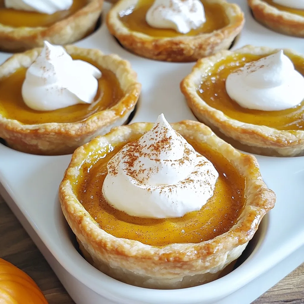 To make mini pumpkin pies, you need simple and tasty ingredients. Here’s what you will need: - 1 cup canned pumpkin puree - 1/2 cup evaporated milk - 1/3 cup brown sugar - 1/4 cup granulated sugar - 1 large egg - 1 teaspoon pumpkin pie spice - 1/2 teaspoon vanilla extract - 1/4 teaspoon salt - 1 package of pre-made pie crusts (usually contains 2 crusts) - Whipped cream (for serving) - Cinnamon (for garnish) Each ingredient plays a key role in flavor and texture. Canned pumpkin puree gives a rich taste and smooth texture. Evaporated milk adds creaminess, while sugars sweeten the mixture just right. The large egg helps bind everything together. Pumpkin pie spice adds that warm, cozy flavor we all love in fall. Vanilla extract enhances the sweetness, and salt balances flavors. The pie crusts hold the filling and create a nice crunch. Lastly, whipped cream and cinnamon make the pies look and taste festive. Gather these ingredients, and you’re ready for a fun cooking experience! {{ingredient_image_1}} - Preheat the Oven Start by preheating your oven to 425°F (220°C). This temperature helps the pies bake quickly and evenly. - Prepare Pie Crusts Roll out your pie crust on a floured surface. Use a round cookie cutter or a cup to cut out circles about 4 inches wide. This size will fit perfectly into a muffin tin. Press each circle gently into the muffin cups to form small pie shells. Don’t forget to prick the bottoms with a fork. This step stops the crusts from bubbling up. - Combining Ingredients In a large mixing bowl, add 1 cup of canned pumpkin puree, 1/2 cup of evaporated milk, 1/3 cup of brown sugar, 1/4 cup of granulated sugar, 1 large egg, 1 teaspoon of pumpkin pie spice, 1/2 teaspoon of vanilla extract, and 1/4 teaspoon of salt. - Mixing Techniques Use a whisk or a wooden spoon to mix until everything is smooth and well combined. You want a nice, creamy filling for your pies. - Pouring Filling into Crusts Carefully pour the pumpkin filling into each pie crust. Fill them about 3/4 full to allow space for the filling to rise. - Baking Instructions Place the muffin tin in the preheated oven. Bake for 15 to 20 minutes. Check if the filling is set by inserting a toothpick. It should come out clean when they are done. - Cooling Process Once baked, take the muffin tin out of the oven. Let the mini pies cool for about 10 minutes. Gently remove them from the tin. You can serve them warm or at room temperature. To keep the crust crisp, poke holes in the bottom. This step helps steam escape. You can also bake the crust for five minutes before filling. This short bake firms up the crust. Use a pre-made crust for ease and speed. Place the muffin tin in the center of the oven. This helps the heat reach all pies evenly. Rotate the tin halfway through baking. This ensures all pies bake at the same rate. Keep an eye on them during the last few minutes. You want the filling set but not overcooked. Top each pie with a generous dollop of whipped cream. A sprinkle of cinnamon adds a nice touch. You can also use nutmeg or pumpkin spice for extra flavor. Fresh mint leaves can brighten up the look too. Enjoy your mini pumpkin pies with hot cider or coffee. A spiced chai complements the flavors well. For a festive twist, try them with pumpkin ale. Each drink enhances the warm spices in the pie. Arrange the pies on a colorful platter. You can use autumn leaves or small pumpkins as decor. This creates a cozy fall vibe. Place pies in muffin liners for an easy grab-and-go option. Try drizzling caramel sauce over the tops. A few pecans or almonds add crunch. Edible flowers can make your dessert pop with color. Get creative with how you present your treats! Pro Tips Chill the Dough: Refrigerate the pie crust for at least 30 minutes before rolling it out. This helps to keep the crust flaky and prevents it from shrinking during baking. Use Fresh Pumpkin Spice: For a more robust flavor, consider using freshly ground spices instead of pre-mixed pumpkin pie spice. This can enhance the overall taste of your mini pies. Check for Doneness: Since ovens can vary, start checking your mini pies at the 15-minute mark. They are done when the filling is set and a toothpick comes out clean. Garnish Creatively: Elevate your presentation by adding a sprinkle of nutmeg or a drizzle of caramel sauce along with the whipped cream for a delightful twist. {{image_2}} You can make mini pumpkin pies healthier with a few simple swaps. - Using Low-Sugar or Sugar Substitutes: Try using stevia or monk fruit sweetener. These options cut calories but keep the sweet taste. You can use half the amount of these substitutes as you would sugar. This change lets you enjoy your pie without the extra sugar rush. - Dairy-Free Options: Swap the evaporated milk for coconut milk or almond milk. Both will give your pies a rich taste without dairy. This is great for those who are lactose intolerant or choose a vegan diet. You can make your mini pumpkin pies even more exciting with unique flavors. - Adding Chocolate or Nutmeg: A little chocolate can go a long way. Mix in mini chocolate chips for a sweet surprise. You can also sprinkle in nutmeg for an extra spice kick. Nutmeg adds warmth and depth to the flavor. - Incorporating Nuts: Chopped pecans or walnuts can add a nice crunch. Just sprinkle a few on top of the filling before baking. They bring a delightful texture to each bite. The crust can change your mini pumpkin pie game. - Gluten-Free Pie Crust Options: If you need a gluten-free crust, look for pre-made options made from rice flour or almond flour. These can hold the filling well and taste great. - Cookie Crust Ideas: For a fun twist, use crushed ginger snaps or graham crackers mixed with melted butter. This adds a sweet and spicy flavor that pairs well with pumpkin. Just press the mixture into the muffin tin for a tasty base. To keep your mini pumpkin pies fresh, store them properly. First, let the pies cool completely. - Refrigeration Guidelines Place the mini pies in an airtight container. You can also cover them with plastic wrap. Store them in the fridge for up to four days. This keeps the pies moist and tasty. - Freezing Instructions For longer storage, freeze the mini pies. Wrap each pie in plastic wrap, then in foil. Place them in a freezer bag. They can last up to three months in the freezer. To enjoy, thaw them in the fridge overnight. Understanding how long your pies last helps avoid waste. - Shelf Life Overview Mini pumpkin pies can last in the fridge for four days. If you freeze them, they remain good for up to three months. - Signs of Spoilage Check for any signs of spoilage before eating. Look for a strange smell, discoloration, or mold. If you notice any of these, it is best to throw the pies away. Keeping an eye on your pies ensures safe and tasty treats. You can tell your mini pumpkin pies are done by checking the filling. Insert a toothpick in the center of a pie. If it comes out clean, the pies are ready. The filling should also look set and firm, not jiggly. It usually takes about 15 to 20 minutes in the oven. Yes, you can use fresh pumpkin. Start by choosing a sugar pumpkin, also called a pie pumpkin. Cut it in half and scoop out the seeds. Roast the halves cut-side down until soft. Once cool, scoop out the flesh and blend it until smooth. Use this in place of canned puree in your recipe. You can find pre-made mini pumpkin pies at many grocery stores. Look for them in the frozen section or the bakery. Stores like Walmart, Costco, and Trader Joe's often carry them. Local bakeries may also offer fresh mini pies during the fall season. In this blog post, we explored how to make delicious mini pumpkin pies. We covered ingredients like pumpkin puree and spices, along with step-by-step instructions. I shared tips for perfect pies and variations to suit your taste. You can even find advice on storing leftovers. Now, you have all the tools to impress friends and family. Enjoy your baking adventure!