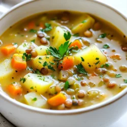 The key to a great Hearty Lentil Potato Soup lies in its simple yet rich ingredients. Here’s what you need: - 1 cup green or brown lentils, rinsed - 2 medium potatoes, diced - 1 medium onion, chopped - 2 carrots, sliced - 2 celery stalks, diced - 3 cloves garlic, minced - 6 cups vegetable broth - 1 teaspoon ground cumin - 1 teaspoon smoked paprika - 1 teaspoon dried thyme - Salt and pepper to taste - 2 tablespoons olive oil - Fresh parsley, chopped (for garnish) Each ingredient plays a role in creating a warm and filling soup. The lentils offer protein and fiber. Potatoes add creaminess and heartiness. Onions, carrots, and celery bring a sweet and savory base. Garlic adds depth, while spices like cumin and paprika give it a warm kick. When choosing your ingredients, I suggest using fresh produce whenever possible. This enhances the flavors and gives your soup a vibrant look. If you prefer, feel free to substitute with your favorite seasonal vegetables. The best part? You can mix and match as you like! This soup is all about comfort and flexibility. {{ingredient_image_1}} 1. In a large pot, heat 2 tablespoons of olive oil over medium heat. 2. Add 1 medium chopped onion, 2 sliced carrots, and 2 diced celery stalks. 3. Cook for 5-7 minutes until the vegetables are soft and the onion turns translucent. 1. Stir in 3 minced garlic cloves, 1 teaspoon of ground cumin, 1 teaspoon of smoked paprika, and 1 teaspoon of dried thyme. 2. Cook for an additional 1-2 minutes until you smell the spices. 3. Mix in 1 cup of rinsed green or brown lentils, 2 diced medium potatoes, and 6 cups of vegetable broth. 1. Bring the soup to a boil, then reduce the heat to low and cover the pot. 2. Let it simmer for 30-35 minutes, or until the lentils and potatoes are tender. 3. Season the soup with salt and pepper to taste. If it’s too thick, add more broth or water. 4. For a creamy texture, use an immersion blender to blend part of the soup. 5. Serve hot, garnished with chopped fresh parsley. To make your soup even better, try adding herbs. Fresh thyme or rosemary can boost the taste. You can also add bay leaves while it simmers. Remember to adjust the salt and pepper to your liking. A squeeze of lemon juice can add a nice zing. An immersion blender works wonders for texture. Just blend a bit of the soup to make it creamy. If you don't have one, pour some soup into a regular blender. Blend it smooth, then return it to the pot. Watch your simmering time carefully. Too long can make the lentils mushy. Aim for 30-35 minutes for perfect tenderness. This soup is naturally vegan and gluten-free. If you need to change ingredients, use vegetable broth for extra flavor. If you want more protein, swap in chickpeas for lentils. You can also add sweet potatoes for a sweeter taste. Pro Tips Pre-soak Your Lentils: For a quicker cooking time, soak your lentils in water for a few hours or overnight. This will help them soften and reduce the overall cooking time. Customize the Vegetables: Feel free to add or substitute other vegetables like bell peppers, zucchini, or tomatoes to enhance the flavor and nutritional value of the soup. Add a Kick: If you enjoy a bit of spice, consider adding some red pepper flakes or diced jalapeños during the sautéing process for an extra kick of heat. Store and Reheat: This soup stores well in the refrigerator for up to 5 days. To reheat, simply add a splash of broth or water to loosen it up before warming on the stove. {{image_2}} You can change the lentils in this soup. Chickpeas work well too. They bring a nice texture. If you want greens, add spinach or kale. These will add color and nutrients. You can mix and match to fit your taste. Want to spice things up? Try adding curry powder or chili flakes. Both will give your soup a warm kick. For a tangy flavor, toss in some diced tomatoes. They brighten the soup and add depth. Experiment with spices to find your favorite blend. This soup pairs great with crusty bread or fluffy rice. The bread is perfect for dipping. If you like, top your bowl with cheese or yogurt. This adds creaminess and richness. Enjoy your hearty meal with these simple sides! Store your Hearty Lentil Potato Soup in an airtight container. Let it cool before sealing. Place it in the fridge within two hours of cooking. This keeps it fresh and safe to eat. The soup can last up to five days in the fridge. When reheating, make sure it is hot all the way through. Stir well to ensure even heating. To freeze the soup, use a freezer-safe container. Leave some space at the top for expansion. You can also use freezer bags. Remove as much air as possible before sealing. The soup freezes well for up to three months. When ready to eat, thaw it in the fridge overnight. Reheat on the stove or in the microwave until hot. In the fridge, the soup lasts about five days. In the freezer, you can store it for three months. Make sure to label your containers with the date. This helps you keep track of how long it has been stored. Enjoy this nourishing meal whenever you want! To thicken your Hearty Lentil Potato Soup, you have a few options. First, you can use an immersion blender. Blend part of the soup until smooth, then mix it back in. This adds creaminess and body. If you like, you can also add more lentils or potatoes. Another way is to let the soup simmer longer, which lets it reduce and thicken. If the soup becomes too thick, just add a little more broth or water. Yes, you can make this soup in a slow cooker. Start by sautéing the onions, carrots, and celery in olive oil on the stove. Then, add them to the slow cooker. Next, mix in the garlic, lentils, potatoes, spices, and broth. Cook on low for 6 to 8 hours or on high for 3 to 4 hours. This method allows the flavors to blend nicely, giving you a rich, hearty soup. Lentils are packed with nutrients. They are a great source of protein and fiber, which helps keep you full. They also contain vitamins and minerals like iron, folate, and magnesium. Eating lentils can support heart health and help manage blood sugar levels. This soup is not just tasty; it’s good for your body, making it a nourishing choice for any meal. This blog post covers everything you need for a delicious Hearty Lentil Potato Soup. You learned about the key ingredients, step-by-step cooking, and helpful tips. I shared variations for your taste and guidance on storage. Remember, cooking is fun and creative. Use this recipe as a base, and feel free to make it your own. Enjoy your tasty and nutritious soup!