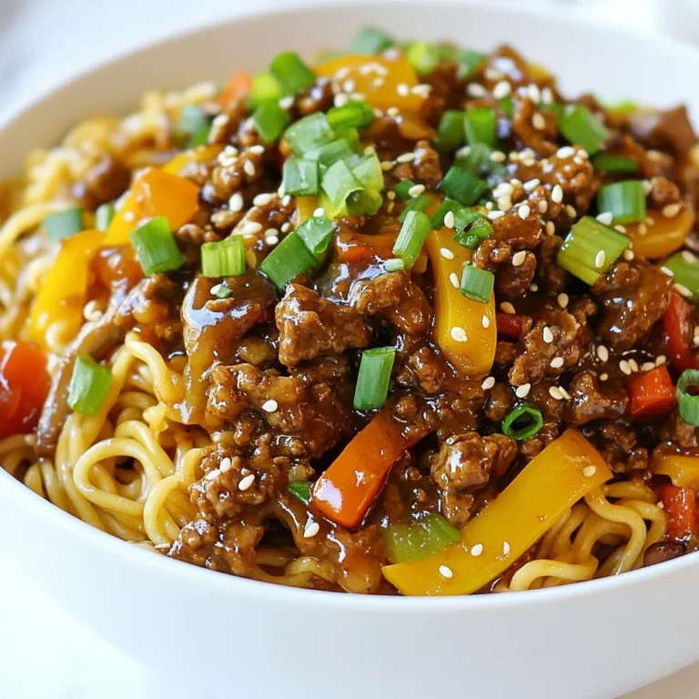 - 1 pound ground beef - 8 oz egg noodles - Mixed bell peppers and mushrooms - Soy sauce - Hoisin sauce - Sesame oil - Ginger - Garlic - Chili flakes - Chopped green onions - Sesame seeds In this recipe, we use easy-to-find ingredients. The ground beef gives the dish a hearty base. The egg noodles add a nice texture. Mixed bell peppers and mushrooms bring color and flavor. For seasonings, soy sauce adds umami. Hoisin sauce gives it sweetness. Sesame oil brings a nutty taste. Ginger and garlic add warmth. Chili flakes provide heat, but you can adjust them. To finish, we add garnishes. Chopped green onions add freshness. Sesame seeds give a nice crunch. These simple ingredients make a quick and tasty meal. {{ingredient_image_1}} First, cook the egg noodles. Follow the package instructions carefully. Usually, this takes around 5-7 minutes. Once done, drain the noodles and set them aside. This step is quick and easy! Next, grab a large skillet or wok. Heat the sesame oil over medium-high heat. Add the finely chopped onion and sauté for about 3-4 minutes until it turns soft. Then, add the minced garlic and grated ginger. Stir for 1-2 minutes until you smell that great aroma. Now, increase the heat to high. Add the ground beef to the pan. Break it apart with a spatula as it cooks. Let it brown for about 5-7 minutes. Once the beef is brown, toss in the sliced bell peppers and mushrooms. Cook these for about 4-5 minutes until they become tender. It’s time to bring everything together! Drizzle the soy sauce and hoisin sauce over the beef and veggies. Sprinkle in the chili flakes and season with salt and pepper. Stir everything well to blend those flavors. Now, carefully fold in the cooked egg noodles. Mix everything until the noodles are coated in the sauce. Let it cook for an additional 2-3 minutes on low heat. This allows all the flavors to meld together. Once ready, remove it from the heat and transfer to a serving dish. Enjoy your meal! To make your Mongolian Ground Beef Noodles sing, adjust spices and sauces. Start with soy sauce. You can add more or less based on your taste. If you like a sweet kick, add more hoisin sauce. For heat, increase chili flakes. Taste as you go. This way, you create a dish that suits your palate. Sautéing and browning beef is key to great flavor. Use a large skillet or wok. Heat sesame oil until hot. Add onions and cook until soft. Then, add garlic and ginger. These give a fantastic aroma. When you add the ground beef, break it apart. Cook until brown. This step is vital for a tasty base. First, serve your noodles hot. This makes them more inviting. For garnish, sprinkle chopped green onions on top. They add a pop of color and freshness. A light dusting of sesame seeds provides a nice crunch. By paying attention to how you plate the dish, you make it more appealing. Enjoy the compliments! Pro Tips Use Fresh Ingredients: Opt for fresh vegetables and quality ground beef for the best flavor and texture in your dish. Adjust the Heat: If you prefer a milder dish, reduce the chili flakes or omit them entirely. You can always add spice at the table! Perfectly Cooked Noodles: Make sure to cook the egg noodles al dente, as they will continue to cook slightly when mixed with the hot beef and vegetables. Garnish for Flavor: Don't skip the green onions and sesame seeds—they add a burst of color and an extra layer of flavor to your dish. {{image_2}} You can change some ingredients to fit your taste. For the beef, try ground turkey or chicken. These meats taste great and can lighten the dish. If you want a meatless option, use tofu or tempeh. For noodles, you can swap egg noodles for rice noodles or even zucchini noodles. Both options add unique flavors and textures. As for vegetables, feel free to mix in carrots, snap peas, or broccoli. These swaps keep the meal fresh and exciting. Making this dish gluten-free is easy. Use gluten-free soy sauce or tamari instead. You can also choose gluten-free noodles, like rice or quinoa noodles. For a vegetarian dish, replace the beef with mushrooms or lentils. Both add protein and flavor. You can adjust the sauces too. Look for gluten-free versions of hoisin sauce or make your own. With these swaps, everyone can enjoy this tasty meal. Want to spice things up? Add more chili flakes or a dash of Sriracha for heat. You can also experiment with different sauces. Try adding oyster sauce for a rich taste or rice vinegar for a tangy kick. If you love herbs, consider fresh basil or cilantro. These herbs add brightness and freshness. Mixing in some sesame seeds or crushed peanuts gives a nice crunch, too. With these enhancements, your Mongolian Ground Beef Noodles will burst with flavor. Store your Mongolian Ground Beef Noodles in an airtight container. Refrigerate them within two hours of cooking. This keeps your meal fresh and safe. If you want to keep it longer, freeze the dish. Use freezer-safe containers or bags to prevent freezer burn. Make sure to label them with the date. To reheat, use a skillet over medium heat. Add a splash of water or broth to keep the noodles moist. Stir frequently to prevent sticking. You can also use a microwave. Place in a microwave-safe bowl, cover it, and heat in short bursts. Stir in between to ensure even heating. In the fridge, your leftovers last about 3 to 4 days. If you freeze them, they can stay good for up to three months. After that, the quality may drop. Always check for off smells or changes in texture before eating. Enjoy your tasty meal again later! To make your dish spicier, you can add more chili flakes. Start with an extra half teaspoon. If you want even more heat, try adding sliced fresh chili peppers. You can also use spicy sauces like Sriracha or chili oil. Just mix them in with the soy and hoisin sauces. Taste as you go, so you get the heat just right for you. Yes, you can use different noodles! Rice noodles work well if you want a gluten-free option. Soba noodles or udon noodles are great too. They will change the dish a little, but they still taste amazing. Just make sure to cook them according to their package directions. This way, your noodles will be perfect! For sides, try a simple cucumber salad. It adds a fresh crunch. Steamed broccoli or sautéed bok choy pair well too. You could also serve this meal with egg rolls for some extra fun. If you want a drink, iced green tea is a nice choice. It balances the flavors and keeps it light! In this blog post, we covered how to make delicious Mongolian Ground Beef Noodles. We discussed the main ingredients, including ground beef, egg noodles, and bell peppers. I shared step-by-step instructions to prepare, cook, and combine the dish. You learned tips to enhance flavor and present your noodles beautifully. Plus, I offered variations for dietary needs and storage info to keep leftovers fresh. Enjoy experimenting in your kitchen and finding perfect ways to match your taste!