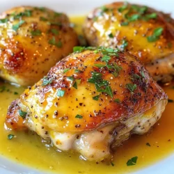 - 4 chicken thighs, bone-in and skin-on: The bone and skin add great flavor and moisture. - 2 tablespoons Dijon mustard: This mustard offers a sharp, tangy taste that enhances the chicken. - 1 tablespoon whole grain mustard: It gives a nice texture and a milder flavor. - 3 cloves garlic, minced: Garlic brings an aromatic quality and depth to the dish. - 1 tablespoon honey: Honey adds a touch of sweetness to balance the mustard's tang. - 1 tablespoon olive oil: Olive oil helps to coat the chicken and aids in browning. - 1 teaspoon fresh thyme leaves: Thyme adds a lovely herbaceous note. - 1/2 teaspoon salt: Salt enhances all the flavors in this dish. - 1/4 teaspoon black pepper: Black pepper adds a bit of heat and depth. - 1/2 cup chicken broth: This keeps the chicken moist while baking. - Fresh parsley, chopped, for garnish: Parsley adds color and a fresh finish to the dish. These ingredients create a simple yet flavorful meal. The mix of mustards gives the chicken a unique taste. The balance of flavors makes this dish special. Each ingredient plays a key role to ensure your French mustard chicken shines on your table. {{ingredient_image_1}} 1. First, preheat your oven to 400°F (200°C). This step warms your oven for even cooking. 2. Gather your materials. You will need a mixing bowl, a whisk, and a baking dish. 3. Next, prepare the mustard mixture. In a bowl, whisk together: - 2 tablespoons Dijon mustard - 1 tablespoon whole grain mustard - 3 cloves garlic, minced - 1 tablespoon honey - 1 tablespoon olive oil - 1 teaspoon fresh thyme leaves - 1/2 teaspoon salt - 1/4 teaspoon black pepper 4. Mix until everything blends well. This mix gives the chicken great flavor. 5. Now, prepare the chicken thighs. Pat them dry with paper towels. This step helps them crisp up in the oven. 1. Coat the chicken thighs with your mustard mixture. Make sure to cover each piece well. 2. Arrange the chicken in the baking dish with the skin side up. This way, the skin gets crispy. 3. Pour 1/2 cup of chicken broth into the bottom of the dish. This broth keeps the chicken moist while cooking. 1. Bake the chicken in the preheated oven for 35-40 minutes. It should turn golden brown. 2. Check the chicken’s internal temperature using a meat thermometer. It needs to reach 165°F (75°C) for safe eating. 3. After baking, let the chicken rest for about 5 minutes. This step helps the juices stay inside. 4. Lastly, garnish with chopped fresh parsley before serving. This adds a nice touch to your dish. To get that perfect crispy skin on your chicken thighs, start by drying them well. Use paper towels to pat them dry. This step removes moisture, which helps the skin crisp up in the oven. Next, preheat your oven to 400°F (200°C). This temperature is key for achieving a golden, crunchy skin. For extra flavor, consider adding herbs like rosemary or oregano. Fresh herbs boost the dish's taste. You can also play with mustard ratios. If you love a strong mustard flavor, go for more Dijon. If you prefer a milder taste, stick with whole grain mustard. One common mistake is overcooking the chicken. This can lead to dryness. Always check the internal temperature; it should be 165°F (75°C). Another mistake is uneven seasoning. Make sure to coat each chicken thigh well with the mustard mix. This ensures every bite is packed with flavor. Pro Tips Pat Dry for Crispiness: Patting the chicken thighs dry with paper towels before coating them helps achieve a crispy skin while baking. Let it Rest: Allow the chicken to rest for about 5 minutes after baking; this helps the juices redistribute for a more flavorful bite. Use Fresh Herbs: Using fresh thyme and parsley brings vibrant flavors to the dish; feel free to experiment with other fresh herbs like rosemary or tarragon. Adjust the Mustard: If you prefer a milder flavor, reduce the amount of Dijon mustard or mix in a bit more honey for sweetness. {{image_2}} For a fun twist, try using spicy mustard. It adds heat and depth. You can also mix Dijon and spicy mustard for a new flavor. If you want to get creative, make your own mustard. Mix mustard seeds, vinegar, and spices. Homemade mustard can taste fresh and unique. You can switch chicken for pork or beef. Both meats pair well with the mustard sauce. Just adjust cooking times. Pork cooks faster, while beef may need more time. If you seek a vegetarian option, use hearty vegetables or tofu. Marinate them in the mustard sauce for great flavor. If you need gluten-free options, check your mustard labels. Some brands may add gluten. Use gluten-free broth too. For low-carb meals, skip the honey or use a low-carb sweetener. This keeps the dish tasty without extra carbs. To keep your French mustard chicken fresh, store it in the fridge. Place the chicken in an airtight container. This helps prevent drying out. Make sure to eat it within three days for the best taste. When reheating chicken, do it slowly. Set your oven to 350°F (175°C). Place the chicken in a baking dish, and cover it with foil. This keeps the moisture in. Heat for about 15-20 minutes. Avoid using the microwave, as it can make the chicken rubbery. You can freeze leftovers for later. Wrap each piece of chicken tightly in plastic wrap. Then, place them in a freezer bag. This helps avoid freezer burn. French mustard chicken can last up to three months in the freezer. When ready to eat, thaw it in the fridge overnight before reheating. French Mustard Chicken is a simple and tasty dish. It features chicken thighs coated in a rich mustard sauce. The dish has roots in French cuisine, where mustard is a key ingredient. The blend of Dijon and whole grain mustard gives it a unique flavor. Garlic and honey add layers of taste, making it even more special. Yes, you can use chicken breasts. Chicken breasts cook faster and are leaner. However, they may dry out more easily. Thighs have more fat, which keeps them juicy. If you choose breasts, check them often to avoid overcooking. You can definitely prepare this dish ahead of time. Marinate the chicken in the mustard mixture for a few hours. This helps the flavors soak in well. You can also coat the chicken and store it in the fridge overnight. Just make sure to bring it to room temperature before cooking. Pair this dish with simple sides for a balanced meal. Here are some great options: - Steamed green beans - Mashed potatoes - Rice pilaf - A fresh garden salad These sides complement the flavors of the chicken and create a complete meal. Enjoy! This blog post covered a delicious recipe for French Mustard Chicken. You learned about the ingredients, preparation steps, and cooking tips. Achieving crispy skin and enhancing flavor are key for great results. Remember to avoid common mistakes like dryness. You can even switch out proteins or adjust for dietary needs. By mastering these techniques, you create a tasty meal everyone will love. Enjoy exploring different mustard types and adaptations for a personalized touch! Happy cooking!