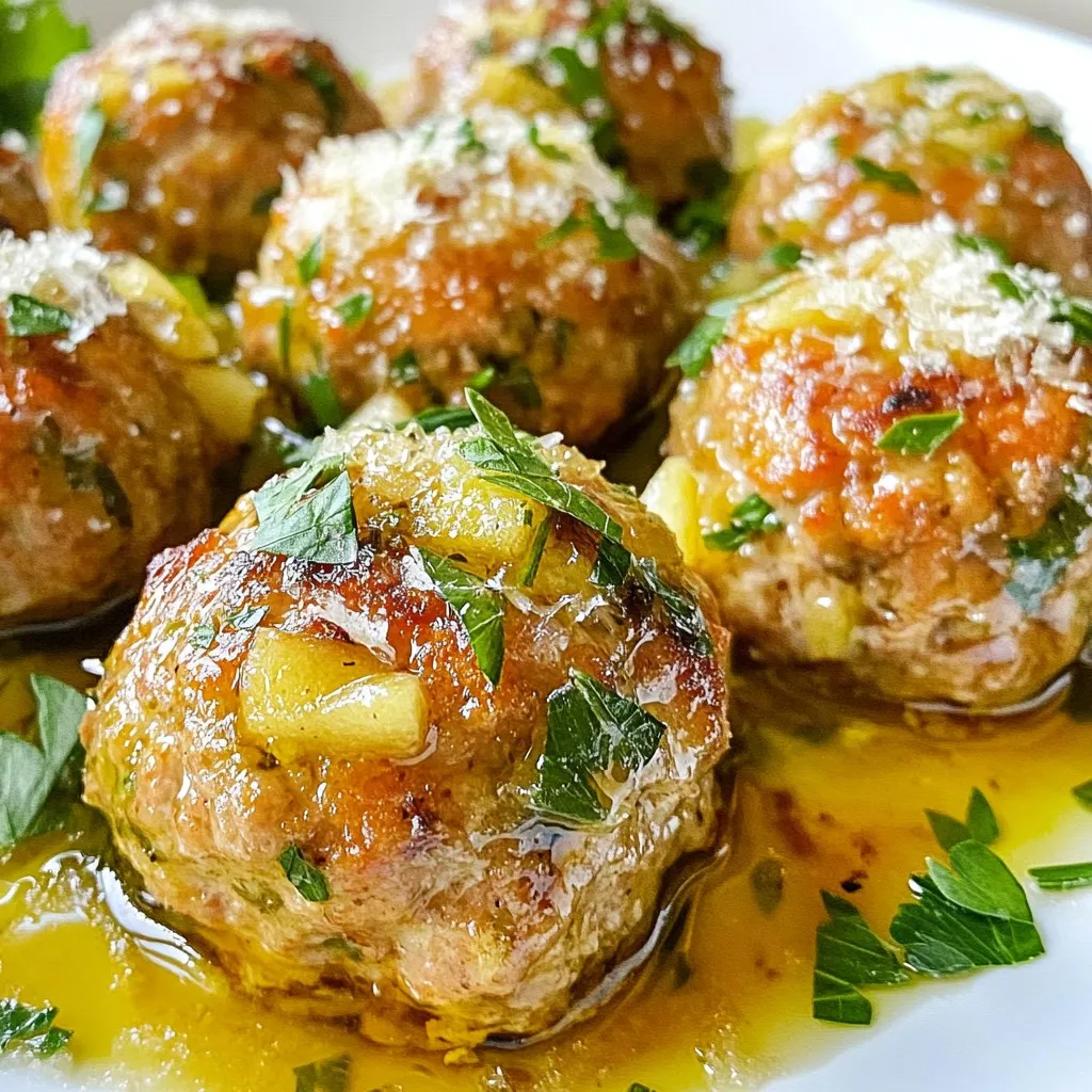 - 1 pound ground turkey - 1 medium apple, finely grated (preferably Granny Smith) - 1/4 cup fresh sage, finely chopped - 1/2 cup breadcrumbs (preferably whole wheat) - 1/4 cup grated Parmesan cheese - 1 large egg - 2 cloves garlic, minced - 1 teaspoon onion powder - 1 teaspoon salt - 1/2 teaspoon black pepper - 1 tablespoon olive oil (for cooking) - Fresh parsley - Optional toppings When I make Apple Sage Turkey Meatballs, I love to use fresh ingredients. Ground turkey is the base. It keeps the meatballs light and healthy. You want to choose a good quality turkey. This makes a big difference in taste. The grated apple adds a sweet twist. I prefer Granny Smith apples for their tartness. They balance the savory flavors well. Fresh sage is a must. It gives an earthy taste that shines through. Do not skip the breadcrumbs. They help bind everything together. Whole wheat breadcrumbs add extra fiber. For extra flavor, I toss in garlic and onion powder. These ingredients bring depth to the meatballs. Salt and black pepper bring out all the flavors too. A large egg helps hold the mixture together. For cooking, I use olive oil. It gives a nice, golden crust to the meatballs. Don’t forget garnishing! Fresh parsley adds color and a fresh taste. You can also add other toppings if you like. Enjoy crafting these tasty meatballs! {{ingredient_image_1}} To start, grab a large mixing bowl. Add 1 pound of ground turkey. Next, finely grate 1 medium Granny Smith apple and toss it into the bowl. Then, add 1/4 cup of fresh sage, finely chopped. This herb brings out the flavor. Now, sprinkle in 1/2 cup of breadcrumbs and 1/4 cup of grated Parmesan cheese. Crack in 1 large egg for binding, and add 2 cloves of minced garlic, 1 teaspoon of onion powder, 1 teaspoon of salt, and 1/2 teaspoon of black pepper. Mix everything together. You can use your hands or a spoon, but be gentle. Overmixing can make the meatballs tough. Just combine until you see no dry spots. Now, it's time to form the meatballs. Take a small amount of the mixture and roll it into a ball, about 1 inch in diameter. You should end up with around 20 meatballs. This size helps them cook evenly. Heat 1 tablespoon of olive oil in a large skillet over medium heat. Wait until the oil is hot. Then, add the meatballs in batches. Make sure not to overcrowd the pan. Cook for about 6-8 minutes. Turn the meatballs occasionally. They should turn golden brown on all sides. To check for doneness, use a meat thermometer. The internal temperature should reach 165°F. Once cooked, move the meatballs to a paper towel-lined plate to soak up extra oil. Now, they are ready to serve! To make soft and tender meatballs, keep these tips in mind: - Don't overmix: Mix the meatball ingredients until just combined. Overmixing can make them tough. - Use moist ingredients: The grated apple adds moisture. This helps keep the meatballs juicy. - Chill the mixture: Let the meatball mix sit in the fridge for 15 minutes. This helps the flavors blend and firms up the mix, making it easier to shape. To boost the flavor of your turkey meatballs, consider these herbs and spices: - Thyme or rosemary: Add a teaspoon of either for a fragrant twist. - Cinnamon: A pinch can add warmth and depth, complementing the apple. - Red pepper flakes: For a touch of heat, sprinkle in some flakes. You can choose different cooking methods for your meatballs: - Baking: Preheat your oven to 400°F. Place the meatballs on a baking sheet and bake for 20 minutes. This method is easy and uses less oil. - Frying: Frying gives a nice crisp. Cook them in a skillet with olive oil until golden brown, about 6-8 minutes. - Slow cooking: For a set-it-and-forget-it method, add the meatballs to a slow cooker with sauce. Cook on low for 4-6 hours for tender, flavorful bites. Pro Tips Use Fresh Ingredients: For the best flavor, use fresh sage and a crisp Granny Smith apple. Fresh herbs and produce enhance the overall taste of your meatballs. Don't Overmix: When combining the ingredients, mix until just combined. Overmixing can lead to tough meatballs, so be gentle! Test for Doneness: Ensure your meatballs reach an internal temperature of 165°F for safety. Use a meat thermometer to check without cutting them open. Experiment with Flavors: Feel free to add other herbs or spices to the mixture, such as thyme or paprika, to customize the flavor profile of your meatballs. {{image_2}} You can switch ground turkey for other meats. Ground chicken works great and has a mild taste. Ground beef brings a richer flavor. Both options keep the meatballs juicy and tender. Just follow the same recipe steps. Adjust cooking time if needed, as beef may take longer. If you need a gluten-free option, use gluten-free breadcrumbs. Many brands offer tasty choices. You can also grind oats to make your own. For a vegan version, swap ground turkey with lentils or chickpeas. Use a flax egg instead of a regular egg. Simply mix one tablespoon of ground flaxseed with three tablespoons of water and let it sit until thick. You can add other fruits or herbs to change the flavor. Try adding finely grated carrots for extra sweetness. Diced cranberries offer a nice tartness. You could also mix in fresh thyme or rosemary for a fragrant twist. Each addition creates a unique taste that keeps things exciting. To store cooked meatballs in the fridge, let them cool first. Place the meatballs in an airtight container. This keeps them fresh and prevents odors from mixing. I recommend using glass or BPA-free plastic containers. These materials help keep the meatballs moist. They stay good for about 3 to 4 days. To freeze the meatballs, first, let them cool completely. Arrange them in a single layer on a baking sheet. Freeze them for about 1 to 2 hours until firm. Then, transfer the meatballs to a freezer bag. Squeeze out as much air as you can. This helps prevent freezer burn. They can last for up to 3 months in the freezer. To thaw, place the meatballs in the fridge overnight. This makes reheating easier and keeps their taste intact. The best way to reheat meatballs is in the oven. Preheat your oven to 350°F. Place the meatballs on a baking sheet and cover them with foil. Heat for about 15-20 minutes until they are warm. You can also use a microwave. Place them on a microwave-safe plate and cover them. Heat for 1-2 minutes, checking to avoid overcooking. Enjoy your tasty meatballs warm and juicy! Yes, you can make the meatballs ahead of time. This helps save time on busy days. Here are some tips for meal prep and storage: - Make and Shape: Prepare the meatballs but do not cook them. Shape them into balls and place them on a baking tray. - Chill: Cover with plastic wrap and chill in the fridge for up to 24 hours. - Freeze: If you want to store them longer, freeze the shaped meatballs. Place them in a single layer on the tray, freeze for 1 hour, then transfer to a freezer bag. They can last up to 3 months. - Thaw: When ready to cook, thaw in the fridge overnight before cooking. These meatballs pair well with many sides. Here are some tasty suggestions: - Mashed Potatoes: Creamy and smooth, they complement the meatballs well. - Roasted Vegetables: Try carrots, broccoli, or Brussels sprouts for a healthy mix. - Pasta: Serve over spaghetti or your favorite noodles with a light sauce. - Salad: A fresh green salad adds a nice crunch and lightens the meal. To check if the meatballs are done, use these methods: - Internal Temperature: Use a meat thermometer. The center should reach 165°F. - Visual Cues: The meatballs should be golden brown on the outside. Cut one open; the inside should be no longer pink. Juices should run clear. In this post, we explored making Apple Sage Turkey Meatballs. We covered the key ingredients like ground turkey, grated apple, and fresh sage. You learned how to mix, shape, and cook these meatballs perfectly. Tips on texture and flavor enhancement were also included. Finally, we discussed storage options and reheating methods. With these skills, you can create tasty and healthy meals at home. Enjoy the process, and don’t hesitate to experiment with variations!