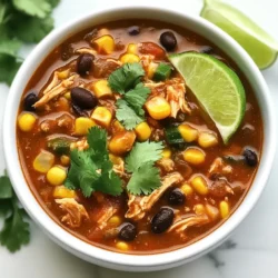 - 2 cups cooked chicken, shredded - 1 can (15 oz) black beans, drained and rinsed - 1 can (15 oz) corn, drained - 1 can (14 oz) diced tomatoes with green chilies - 1 medium onion, diced - 2 cloves garlic, minced - 2 cups chicken broth When making Street Corn Chicken Chili, the main ingredients are key. The cooked chicken gives it protein, while the black beans add fiber. Corn brings sweetness, and the diced tomatoes add moisture and flavor. The onion and garlic form a tasty base for the chili. Lastly, chicken broth adds depth to the dish. - 2 teaspoons chili powder - 1 teaspoon cumin - 1 teaspoon smoked paprika - 1/2 teaspoon cayenne pepper - Salt and pepper to taste Spices make this chili shine. Chili powder provides warmth. Cumin adds earthiness, while smoked paprika gives a hint of smoke. Adjust the cayenne pepper to your spice level. Don’t forget to season with salt and pepper for balance. - Fresh cilantro for garnish - Lime wedges for serving Garnishes elevate the chili. Fresh cilantro adds brightness and a pop of color. Lime wedges offer a zesty kick when you squeeze them over the chili. These extras make your dish visually appealing and flavorful. {{ingredient_image_1}} Start by heating olive oil in a large pot over medium heat. Add your diced onion. Sauté the onion until it turns translucent, about five minutes. Then, add minced garlic. Cook the garlic for one more minute. Stir it often to keep it from burning. After that, it's time to add the spices. Mix in chili powder, cumin, smoked paprika, and cayenne pepper. Cook this for about thirty seconds. You want the spices to release their smells. Now, let's bring in the main players. Add the shredded chicken, black beans, drained corn, and diced tomatoes. Make sure to include their juices. Stir everything together well. Next, pour in the chicken broth. This will give your chili the right consistency. Mix again to combine all the ingredients. Bring the mixture to a boil. Once boiling, reduce the heat to low. Let it simmer for twenty to twenty-five minutes. This simmering time helps all the flavors blend together. After simmering, taste the chili. You can season with salt and pepper as needed. Enjoy your delicious Street Corn Chicken Chili! To make your Street Corn Chicken Chili shine, you can adjust the spice. If you like it spicy, add more cayenne pepper. If you prefer mild, cut back on it. You can also add fresh herbs like cilantro for a fresh taste. It adds a nice lift to the chili. Shredding chicken can be easy. You can use two forks to pull it apart. This method works well for cooked chicken. For sautéing veggies, heat your oil before adding onion. Make sure the onion is soft but not brown. This step builds a tasty base for your chili. Pair your chili with cornbread or rice. Both sides balance the flavors well. For a fun twist, serve it in bowls topped with sour cream and cheese. You can also add avocado slices for creaminess. Don’t forget lime wedges for a zesty finish! Pro Tips Adjust the Spice Level: If you prefer a milder chili, reduce the cayenne pepper or omit it altogether. You can always add hot sauce when serving for those who enjoy more heat. Use Fresh Corn: For an extra burst of flavor, consider using fresh corn off the cob instead of canned corn. Sauté it briefly before adding to the chili for a sweet, crisp texture. Make it Creamy: For a creamier texture, stir in a splash of cream or a dollop of sour cream just before serving. This adds richness and balances the spices nicely. Garnish Generously: Don't skip the fresh cilantro and lime wedges! They elevate the dish by adding brightness and freshness that complements the chili's robust flavors. {{image_2}} You can switch up the protein in this chili for a new taste. If you want a lighter option, turkey works great. Just use the same amount of cooked turkey as chicken. It adds nice flavor and keeps it healthy. If you want a vegetarian twist, try tofu. Press it to remove water, then cube it. Add it in the same way as chicken. You can also use canned chickpeas or lentils for a protein boost. These options make the dish hearty and filling without meat. Changing the beans can add fun flavors. Try pinto beans or kidney beans instead of black beans. Each type brings its own taste and texture. You can also mix in some diced bell peppers. They add color and a sweet crunch. For heat, play with the spices. If you like it spicy, add more cayenne pepper. You can also try adding hot sauce or fresh jalapeños. Each adjustment can change the chili’s heat level and taste. If you need a gluten-free meal, this chili is perfect. All the ingredients are naturally gluten-free. Just double-check your broth and spice labels. For those on a low-carb or keto diet, swap the corn and black beans for cauliflower rice. This keeps the chili low in carbs while still being filling. You can also use zucchini or bell peppers for added veggies. These tweaks keep your chili tasty and diet-friendly. To store leftovers, let the chili cool first. Place it in a container with a lid. I like glass containers because they keep food fresh. You can store it in the fridge for up to 4 days. Make sure to label it with the date. This helps you track how long it has been there. To freeze the chili, let it cool completely. Pour it into freezer-safe bags or containers. Remove as much air as possible to prevent freezer burn. You can freeze it for up to 3 months. When you're ready to eat, thaw it overnight in the fridge. To reheat, warm it on the stove or in the microwave until hot. For the best quality, eat the chili within 4 days if stored in the fridge. Look for changes in color or smell as signs of spoilage. If it smells sour or looks odd, throw it away. Always trust your senses when it comes to food safety. Yes, you can make Street Corn Chicken Chili ahead of time. This chili tastes better after sitting. The flavors mix well when cooled and reheated. Store it in an airtight container. Keep it in the fridge for up to three days. The spice level can be mild to medium. It depends on how much cayenne pepper you add. If you want it less spicy, use less cayenne. You can also skip it entirely. For more heat, add extra cayenne or some diced jalapeños. This chili pairs well with several sides. Cornbread is a classic choice. You can also serve it with tortilla chips for crunch. Rice or a fresh salad are great options too. Lime wedges and cilantro add nice touches when serving. Yes, this chili is freezer-friendly. Let it cool completely before freezing. Use airtight containers or freezer bags. It can last up to three months in the freezer. To reheat, thaw it in the fridge overnight. Heat on the stove until hot. Cooking Street Corn Chicken Chili takes about 35 minutes. This includes prep and cooking time. You can have a warm, tasty meal on the table quickly. It's perfect for busy weeknights or a cozy weekend meal. You now have all the tools to make a tasty Street Corn Chicken Chili. We covered the key ingredients and spices to build great flavor. I showed you step-by-step how to cook and serve it. Use the tips and variations to suit your taste. Don’t forget the storage info to keep leftovers fresh. Enjoy this meal with friends or family. It’s hearty, easy, and packed with flavor. Get cooking and savor each bite!
