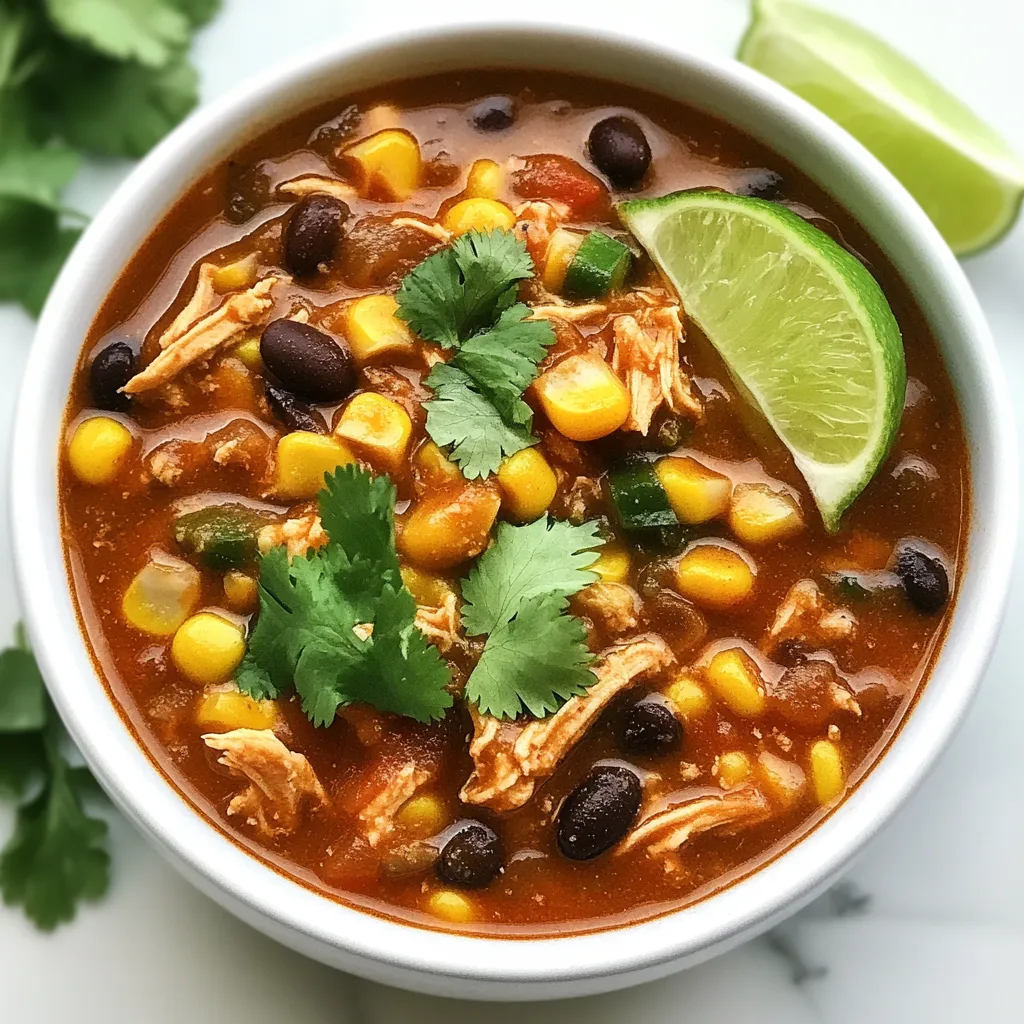 - 2 cups cooked chicken, shredded - 1 can (15 oz) black beans, drained and rinsed - 1 can (15 oz) corn, drained - 1 can (14 oz) diced tomatoes with green chilies - 1 medium onion, diced - 2 cloves garlic, minced - 2 cups chicken broth When making Street Corn Chicken Chili, the main ingredients are key. The cooked chicken gives it protein, while the black beans add fiber. Corn brings sweetness, and the diced tomatoes add moisture and flavor. The onion and garlic form a tasty base for the chili. Lastly, chicken broth adds depth to the dish. - 2 teaspoons chili powder - 1 teaspoon cumin - 1 teaspoon smoked paprika - 1/2 teaspoon cayenne pepper - Salt and pepper to taste Spices make this chili shine. Chili powder provides warmth. Cumin adds earthiness, while smoked paprika gives a hint of smoke. Adjust the cayenne pepper to your spice level. Don’t forget to season with salt and pepper for balance. - Fresh cilantro for garnish - Lime wedges for serving Garnishes elevate the chili. Fresh cilantro adds brightness and a pop of color. Lime wedges offer a zesty kick when you squeeze them over the chili. These extras make your dish visually appealing and flavorful. {{ingredient_image_1}} Start by heating olive oil in a large pot over medium heat. Add your diced onion. Sauté the onion until it turns translucent, about five minutes. Then, add minced garlic. Cook the garlic for one more minute. Stir it often to keep it from burning. After that, it's time to add the spices. Mix in chili powder, cumin, smoked paprika, and cayenne pepper. Cook this for about thirty seconds. You want the spices to release their smells. Now, let's bring in the main players. Add the shredded chicken, black beans, drained corn, and diced tomatoes. Make sure to include their juices. Stir everything together well. Next, pour in the chicken broth. This will give your chili the right consistency. Mix again to combine all the ingredients. Bring the mixture to a boil. Once boiling, reduce the heat to low. Let it simmer for twenty to twenty-five minutes. This simmering time helps all the flavors blend together. After simmering, taste the chili. You can season with salt and pepper as needed. Enjoy your delicious Street Corn Chicken Chili! To make your Street Corn Chicken Chili shine, you can adjust the spice. If you like it spicy, add more cayenne pepper. If you prefer mild, cut back on it. You can also add fresh herbs like cilantro for a fresh taste. It adds a nice lift to the chili. Shredding chicken can be easy. You can use two forks to pull it apart. This method works well for cooked chicken. For sautéing veggies, heat your oil before adding onion. Make sure the onion is soft but not brown. This step builds a tasty base for your chili. Pair your chili with cornbread or rice. Both sides balance the flavors well. For a fun twist, serve it in bowls topped with sour cream and cheese. You can also add avocado slices for creaminess. Don’t forget lime wedges for a zesty finish! Pro Tips Adjust the Spice Level: If you prefer a milder chili, reduce the cayenne pepper or omit it altogether. You can always add hot sauce when serving for those who enjoy more heat. Use Fresh Corn: For an extra burst of flavor, consider using fresh corn off the cob instead of canned corn. Sauté it briefly before adding to the chili for a sweet, crisp texture. Make it Creamy: For a creamier texture, stir in a splash of cream or a dollop of sour cream just before serving. This adds richness and balances the spices nicely. Garnish Generously: Don't skip the fresh cilantro and lime wedges! They elevate the dish by adding brightness and freshness that complements the chili's robust flavors. {{image_2}} You can switch up the protein in this chili for a new taste. If you want a lighter option, turkey works great. Just use the same amount of cooked turkey as chicken. It adds nice flavor and keeps it healthy. If you want a vegetarian twist, try tofu. Press it to remove water, then cube it. Add it in the same way as chicken. You can also use canned chickpeas or lentils for a protein boost. These options make the dish hearty and filling without meat. Changing the beans can add fun flavors. Try pinto beans or kidney beans instead of black beans. Each type brings its own taste and texture. You can also mix in some diced bell peppers. They add color and a sweet crunch. For heat, play with the spices. If you like it spicy, add more cayenne pepper. You can also try adding hot sauce or fresh jalapeños. Each adjustment can change the chili’s heat level and taste. If you need a gluten-free meal, this chili is perfect. All the ingredients are naturally gluten-free. Just double-check your broth and spice labels. For those on a low-carb or keto diet, swap the corn and black beans for cauliflower rice. This keeps the chili low in carbs while still being filling. You can also use zucchini or bell peppers for added veggies. These tweaks keep your chili tasty and diet-friendly. To store leftovers, let the chili cool first. Place it in a container with a lid. I like glass containers because they keep food fresh. You can store it in the fridge for up to 4 days. Make sure to label it with the date. This helps you track how long it has been there. To freeze the chili, let it cool completely. Pour it into freezer-safe bags or containers. Remove as much air as possible to prevent freezer burn. You can freeze it for up to 3 months. When you're ready to eat, thaw it overnight in the fridge. To reheat, warm it on the stove or in the microwave until hot. For the best quality, eat the chili within 4 days if stored in the fridge. Look for changes in color or smell as signs of spoilage. If it smells sour or looks odd, throw it away. Always trust your senses when it comes to food safety. Yes, you can make Street Corn Chicken Chili ahead of time. This chili tastes better after sitting. The flavors mix well when cooled and reheated. Store it in an airtight container. Keep it in the fridge for up to three days. The spice level can be mild to medium. It depends on how much cayenne pepper you add. If you want it less spicy, use less cayenne. You can also skip it entirely. For more heat, add extra cayenne or some diced jalapeños. This chili pairs well with several sides. Cornbread is a classic choice. You can also serve it with tortilla chips for crunch. Rice or a fresh salad are great options too. Lime wedges and cilantro add nice touches when serving. Yes, this chili is freezer-friendly. Let it cool completely before freezing. Use airtight containers or freezer bags. It can last up to three months in the freezer. To reheat, thaw it in the fridge overnight. Heat on the stove until hot. Cooking Street Corn Chicken Chili takes about 35 minutes. This includes prep and cooking time. You can have a warm, tasty meal on the table quickly. It's perfect for busy weeknights or a cozy weekend meal. You now have all the tools to make a tasty Street Corn Chicken Chili. We covered the key ingredients and spices to build great flavor. I showed you step-by-step how to cook and serve it. Use the tips and variations to suit your taste. Don’t forget the storage info to keep leftovers fresh. Enjoy this meal with friends or family. It’s hearty, easy, and packed with flavor. Get cooking and savor each bite!
