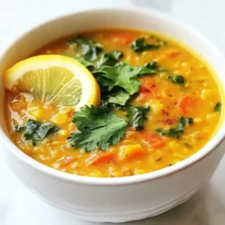 For this nourishing red lentil detox soup, you will need: - 1 cup red lentils, rinsed - 1 tablespoon olive oil - 1 medium onion, chopped - 2 cloves garlic, minced - 1 large carrot, diced - 1 celery stalk, diced - 1 teaspoon ground cumin - 1 teaspoon ground turmeric - 1 teaspoon smoked paprika - 4 cups vegetable broth - 1 can (14 oz) diced tomatoes, undrained - 1 bunch kale, stemmed and chopped - Salt and pepper to taste - Juice of 1 lemon - Fresh cilantro for garnish (optional) This soup is a nutrient powerhouse. Each serving has: - Calories: About 200 - Protein: 10 grams - Fiber: 8 grams - Fat: 5 grams - Carbohydrates: 30 grams Red lentils are small but mighty. They pack a punch of protein and fiber. Here are some health benefits: - High in Protein: Great for muscle repair and growth. - Rich in Fiber: Helps with digestion and keeps you full. - Packed with Iron: Supports blood health and energy levels. - Low in Fat: A heart-healthy option for all diets. - Loaded with Antioxidants: Helps reduce inflammation in the body. This soup not only tastes great but also supports your health. Enjoy every spoonful of this detox wonder! {{ingredient_image_1}} To make this soup, you need to prep some ingredients. First, rinse 1 cup of red lentils under cold water. Next, chop 1 medium onion and dice 1 large carrot and 1 celery stalk. Mince 2 cloves of garlic. This will help the flavors mix well. Start by heating 1 tablespoon of olive oil in a large pot over medium heat. Add the chopped onion and sauté it for about 5 minutes. The onion should be soft and see-through. Next, stir in the minced garlic, diced carrot, and celery. Cook them for 3 to 4 minutes. Watch them soften and smell great! Now, sprinkle in 1 teaspoon each of ground cumin, ground turmeric, and smoked paprika. Stir for about 1 minute until you smell the spices. Then, add the rinsed red lentils, 4 cups of vegetable broth, and 1 can of diced tomatoes with their juice. Bring this mix to a boil. Once it boils, reduce the heat to a simmer. Cover the pot and let it cook for 25 to 30 minutes. Stir it now and then. If it gets too thick, add more broth or water. When the lentils are tender, add the chopped kale. Let it cook for another 5 minutes until the kale wilts. Finally, season your soup with salt, pepper, and the juice of 1 lemon. Stir it well and taste it. Adjust the seasonings to your liking. For the best texture, keep an eye on the lentils. They should be soft but not mushy. If you like a thicker soup, cook it a bit longer. If you prefer it soupier, add more broth. Stir often to prevent sticking, and don't rush. Good soup takes time! To make your Red Lentil Detox Soup even better, try these tips: - Add a splash of coconut milk for creaminess. - Toss in a bay leaf while cooking for depth. - Try fresh herbs like thyme or basil to brighten the taste. - Use lemon zest for a fresh kick. - For heat, add red pepper flakes or a dash of hot sauce. You can easily make this soup in an Instant Pot. Here’s how: - Sauté the onion and garlic with olive oil using the sauté function. - Add all other ingredients at once. - Seal the pot and cook on high pressure for 10 minutes. - Let it naturally release pressure for about 10 minutes. This method saves time and enhances the flavors. When serving, present your soup with flair: - Ladle it into deep bowls for a cozy feel. - Garnish with fresh cilantro and a lemon slice for color. - Sprinkle smoked paprika on top for a beautiful finish. - Pair it with crusty bread or a green salad for a full meal. These tips will make your soup a delightful experience! Pro Tips Rinse Your Lentils: Always rinse red lentils before cooking to remove any dust or debris, ensuring a clean and fresh flavor. Customize Your Vegetables: Feel free to add other vegetables like bell peppers or zucchini for additional nutrition and flavor variations. Adjust Consistency: If you prefer a creamier soup, use an immersion blender to blend a portion of the soup, then stir it back in. Store Leftovers Properly: Store any leftover soup in an airtight container in the fridge for up to 5 days or freeze for longer storage. {{image_2}} You can change this soup easily. Add different veggies and proteins. Try spinach or sweet potatoes for extra nutrients. You can also add diced bell peppers for color and crunch. For protein, consider adding cooked chicken or tofu. These add-ins make the soup heartier. You can mix and match based on what you like. Spices can change the taste of your soup. If you like heat, add cayenne pepper or chili flakes. For a sweeter taste, use cinnamon or nutmeg. You can also swap spices based on what you have at home. Just remember, start with a small amount. You can always add more, but you can’t take it out. This recipe is already vegan and gluten-free. Red lentils are a great protein source for vegans. To keep it gluten-free, use vegetable broth without gluten. If you want a creamier soup, blend part of it after cooking. This makes it smooth and rich without dairy. Enjoy knowing your soup fits many diets! After making your red lentil detox soup, let it cool first. This helps keep flavors bright. Pour the soup into airtight containers. Glass containers work well. Keep the soup in the fridge for up to five days. Always label the containers with the date. This way, you know when to enjoy each batch. Want to save some for later? Freezing is a great option! Use freezer-safe containers or bags. Leave some space at the top for expansion. You can freeze the soup for up to three months. When you’re ready to eat, just thaw it overnight in the fridge. When it’s time to eat your soup, you can reheat it easily. Pour the soup into a pot over low heat. Stir it often to prevent sticking. If the soup is too thick, add a splash of broth or water. You can also use the microwave. Heat it in short bursts, stirring in between. Enjoy your healthy meal just like the first time! Red Lentil Detox Soup lasts about 5 days in the fridge. Store it in an airtight container. This keeps the soup fresh and tasty. If you want, you can freeze it too. Frozen soup can last for about 3 months. Yes, you can use dried lentils. Just make sure to rinse them well. You need to adjust the cooking time. Dried lentils will take longer to cook, about 30 to 35 minutes. Add them with the broth and tomatoes. This will help the flavors blend nicely. Each ingredient in this soup brings health benefits. Here are some key points: - Red lentils: They are high in protein and fiber. They help with digestion and keep you full. - Onion and garlic: Both have antioxidants. They support heart health and boost the immune system. - Carrot: Packed with vitamin A, which is good for your eyes. - Celery: It helps with hydration. Celery is low in calories and full of vitamins. - Kale: This leafy green is rich in vitamins K, A, and C. It's great for skin and bone health. - Turmeric: It has anti-inflammatory properties. It may help reduce pain and improve heart health. - Smoked paprika: Adds flavor and contains vitamins and minerals. These ingredients work together to nourish your body and help you feel your best. Red lentils are not just tasty; they also offer great health benefits. This blog covered essential ingredients, cooking tips, and fun variations to enhance your meals. You learned ways to store leftovers and reheat them properly. As you cook with red lentils, remember to explore different spices and add veggies or proteins for variety. Enjoy making delicious dishes while boosting your health. You have everything needed to start experimenting today!